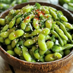 - Young edamame pods - Olive oil - Garlic cloves The main ingredients are simple but pack a punch. Young edamame pods are fresh and green. They are the star of this dish. Olive oil helps to sauté and adds richness. Garlic cloves bring a strong, savory flavor that makes this snack pop. - Red pepper flakes - Soy sauce - Sesame oil Seasonings are where the magic happens. Red pepper flakes add heat and depth. You can adjust the amount based on your taste. Soy sauce gives a salty and umami boost. Sesame oil adds a nutty flavor that brings everything together. - Lime juice - Sea salt - Sesame seeds - Sliced green onions For garnish, lime juice adds freshness and tang. A sprinkle of sea salt enhances all the flavors. Sesame seeds give a nice crunch and visual appeal. Sliced green onions add color and a mild onion taste. You can mix and match these add-ins to make the dish your own. For the complete recipe, check out the Full Recipe section. - Boiling the edamame: First, boil a pot of salted water. The salt adds flavor. Once the water is boiling, add 2 cups of young edamame pods. Cook them for about 5-6 minutes. They should be tender but still firm. - Draining and setting aside: After cooking, drain the edamame in a colander. Let them sit for a moment to dry. This step keeps them from becoming soggy later. - Heating the olive oil: In a large skillet, pour in 3 tablespoons of olive oil. Heat it over medium heat. Don't let it smoke; you want it hot enough to cook the garlic. - Adding garlic and red pepper flakes: Now, add 4 minced garlic cloves and 1 teaspoon of red pepper flakes. Sauté this for 1-2 minutes. You want the garlic to smell amazing, but don’t let it burn. - Stirring in edamame: Next, add the cooked edamame pods to the skillet. Stir well so every pod gets coated in the garlic mixture. - Adding soy sauce and sesame oil: Pour in 2 tablespoons of soy sauce and 1 tablespoon of sesame oil. Toss everything together. This adds rich flavor to your dish. - Final seasoning adjustments: Let the mix cook for another 2-3 minutes. This is when the flavors blend. Before serving, sprinkle with sea salt. If you like, add 1 teaspoon of sesame seeds. Toss it one last time. Now, your spicy garlic edamame is ready to enjoy. This simple snack is packed with flavor and perfect for sharing! For the full recipe, check out the complete guide. Choose fresh edamame pods for the best taste. Look for bright green pods without brown spots. Firmness is key; they should feel plump and not shriveled. If you can find them, fresh edamame often tastes better than frozen. However, frozen edamame is convenient and still tasty. It’s usually picked at peak freshness and quick-frozen. Adjust spice levels to fit your taste. Start with one teaspoon of red pepper flakes. You can always add more if you want more heat. Timing is crucial when sautéing garlic. Cook it just until fragrant, about one to two minutes. If the garlic burns, it will taste bitter and ruin your dish. Pair your spicy garlic edamame with cold drinks. A crisp beer or a light white wine works well. For a fun twist, serve it with a side of dipping sauces. Presentation matters too! Use a nice bowl and sprinkle some sesame seeds on top. Add sliced green onions for a pop of color. This makes your dish look inviting. Enjoy it as a snack or a side dish. For the full recipe, check out the complete guide above. {{image_2}} You can make spicy garlic edamame even better with a few easy tweaks. Adding ginger gives your dish a nice zing. Grate fresh ginger and toss it in when cooking the garlic. It adds warmth and depth. You might also try different sauces. Teriyaki sauce can bring a sweet twist. Just replace half the soy sauce with teriyaki for a fun change. Want to make this snack fit your diet? It's simple! To make it gluten-free, swap regular soy sauce for tamari sauce. Many brands offer delicious gluten-free options. If you're looking for vegan alternatives, this recipe is already vegan. Just ensure your sauces are vegan-friendly. This way, everyone can enjoy the dish! Looking for a different way to cook edamame? You can oven-roast them. Toss the pods in olive oil and seasoning. Spread them on a baking sheet, then roast at 425°F for about 20 minutes. This method gives a nice crunch. You can also try air frying. It cooks them fast and keeps them crispy. Set your air fryer to 400°F and cook for about 8-10 minutes. It's a healthy and fun option! For the full recipe, check out the Spicy Garlic Edamame section above. To store leftover spicy garlic edamame, let it cool first. Place it in an airtight container. This keeps it fresh and tasty. You can store it in the fridge for up to three days. After three days, the flavor and texture may change. If you want to save edamame for later, freezing is a great option. Place the cooled edamame in a freezer bag. Remove as much air as you can to prevent freezer burn. This way, it stays good for about three months. When you are ready to use it, take out the amount you need. To defrost, place it in the fridge overnight or microwave it for a few minutes. To reheat, use a skillet over medium heat. This keeps the flavor bright and the texture firm. You can add a splash of olive oil to help. Avoid microwaving for too long, as it can make the edamame soggy. Just heat until warm, and enjoy your delicious snack again! Edamame are young soybeans picked before they fully mature. They are bright green and often served in the pod. - Nutritional benefits: Edamame is packed with protein, fiber, and vitamins. They are low in calories and high in antioxidants. One cup of edamame gives you about 17 grams of protein and 8 grams of fiber. This makes them a great snack for health-conscious eaters. - Common uses in cooking: You can eat edamame as a snack or add them to salads, stir-fries, or grain bowls. They also work well in sushi rolls and as a topping for ramen. Edamame adds color and nutrients to many dishes. Yes, you can use frozen edamame. It is a great time-saver and still tasty. - Cooking time adjustments: If using frozen edamame, add a few extra minutes to the cooking time. Boil them for about 7-8 minutes, or until they are heated through. - Tips for using frozen products: Always check the package for cooking instructions. You can steam frozen edamame too. Just follow the directions and enjoy the same delicious flavor. The spice level can vary based on your taste. You control how spicy it gets. - Customizing spice levels: For mild heat, use less red pepper flakes. If you love spice, add more! You can also use fresh chili peppers for an extra kick. - Recommendations for spice enthusiasts: If you love heat, try adding a dash of hot sauce or chili oil. Mix in some chopped jalapeños for a fresh, spicy twist. Enjoy experimenting with the flavors! For the full recipe, check out [Full Recipe]. In this post, we explored how to make spicy garlic edamame. We covered the main ingredients, seasonings, and garnishes that elevate this dish. You learned the steps to prepare edamame, cook the garlic mixture, and combine everything for a tasty finale. I shared tips for quality edamame and variations for different diets. Remember, even small tweaks can change the flavor. Enjoy your spicy garlic edamame, and feel free to adjust ingredients to suit your taste!
