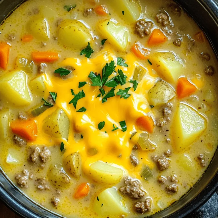 To make this hearty soup, you will need the following key ingredients: - 1 lb ground beef (or ground turkey for a lean option) - 1 medium onion, diced - 2 cloves garlic, minced - 3 medium potatoes, diced - 4 cups beef broth - 1 cup carrots, diced - 1 cup celery, diced - 1 teaspoon Italian seasoning - 1 tablespoon Worcestershire sauce - Salt and pepper to taste - 1 cup cheddar cheese, shredded - 1 tablespoon olive oil - 1/2 cup heavy cream (optional for creaminess) - Fresh parsley for garnish These ingredients work together to create a warm, filling meal. The ground beef adds protein, while the veggies give texture and flavor. The broth brings everything together, making it a true comfort food. While the base recipe is delicious, you can add extra flavors with these optional ingredients: - Crispy bacon bits for a smoky touch - Hot sauce for heat - Bell peppers for sweetness and crunch - Fresh herbs like thyme or dill for freshness Feel free to mix and match! These extras can elevate your soup and make it your own. Here’s a breakdown of the nutritional benefits of the main ingredients: - Ground beef: Rich in protein and iron, helps build muscles. - Onions: Packed with vitamins and antioxidants, great for heart health. - Garlic: Boosts the immune system and adds flavor. - Potatoes: A good source of carbs and fiber, keeps you full. - Carrots and celery: High in vitamins and add crunch. - Cheddar cheese: Provides calcium and makes the soup creamy. - Heavy cream: Adds richness but can be left out for a lighter meal. Using these ingredients, you can enjoy a nutritious meal that fills you up and warms your heart. If you want the full recipe, check it out! To make One-Pot Cheeseburger Soup, start by gathering your ingredients: - 1 lb ground beef (or ground turkey for a lean option) - 1 medium onion, diced - 2 cloves garlic, minced - 3 medium potatoes, diced - 4 cups beef broth - 1 cup carrots, diced - 1 cup celery, diced - 1 teaspoon Italian seasoning - 1 tablespoon Worcestershire sauce - Salt and pepper to taste - 1 cup cheddar cheese, shredded - 1 tablespoon olive oil - 1/2 cup heavy cream (optional for creaminess) - Fresh parsley for garnish Cooking steps: 1. In a large pot, heat the olive oil over medium heat. Add the diced onion and minced garlic. Sauté until the onion turns translucent, about 3-4 minutes. 2. Next, add the ground beef (or turkey) to the pot. Cook until it browns, breaking it up with a spoon as it cooks. This takes around 5-7 minutes. Drain any excess fat if needed. 3. Stir in the diced potatoes, carrots, and celery, mixing well with the meat and onions. 4. Pour in the beef broth. Add Italian seasoning, Worcestershire sauce, salt, and pepper. Bring this mixture to a boil. Once boiling, reduce the heat and let it simmer for about 20 minutes, until the potatoes and carrots are tender. 5. If you want a creamier soup, stir in the heavy cream. Then add the shredded cheddar cheese. Stir until the cheese melts and everything combines well. 6. Taste your soup and adjust the seasoning if needed. 7. Serve hot. Garnish with fresh parsley on top for a pop of color. - Use fresh ingredients: Fresh veggies and herbs make a big difference in taste. - Don’t rush: Allow the soup to simmer fully for the best flavors to develop. - Adjust to taste: Always taste your soup before serving. Add more salt or pepper if needed. - Cheese choice: Use high-quality cheddar for the best melt and flavor. This simple and quick process makes the One-Pot Cheeseburger Soup a great choice for busy days. You can find the full recipe linked for more details. To make your soup creamier, add heavy cream when you finish cooking. This adds a rich flavor and smooth texture. You can also use cream cheese for a different taste. Blend it smooth before adding it to the pot. If you want a lighter option, use half-and-half. It still gives a creamy feel without too many calories. Reheating this soup is easy and quick. Use a pot over medium heat for best results. Stir often to keep it smooth. You can also use a microwave for quick reheating. Just cover the bowl to avoid spills. Heat in short bursts, stirring in between. This keeps the soup from getting too hot or thick. You can easily customize this recipe for various diets. If you're vegetarian, use plant-based ground meat or lentils. Swap beef broth for vegetable broth to keep it veggie-friendly. For a low-carb option, replace potatoes with cauliflower. This makes the soup lighter but still filling. For lactose-free needs, try dairy-free cheese and coconut milk. These swaps keep the flavor while fitting your diet. For the full recipe, check out the details above. {{image_2}} You can easily adapt this recipe to make it vegetarian. Instead of beef, use plant-based ground meat. You can also add beans for protein and fiber. Mushrooms give a nice, meaty texture, too. Use vegetable broth instead of beef broth for the soup base. This will keep the flavors rich without using meat. You can follow the full recipe, making these easy swaps. If you like heat, add some spice! You can mix in jalapeños or chili powder to the pot. Hot sauce is another great choice; stir it in when you add the cheese. Pepper jack cheese is an excellent substitute for cheddar. It adds creaminess and a nice kick. Adjust the spice level to suit your taste. This twist will give your soup an exciting flavor boost. For a low-carb version, skip the potatoes. Use cauliflower instead; it gives a similar texture. You can also add zucchini or spinach for more veggies. Use a low-carb broth and keep the cheese for flavor. Heavy cream is still a great option here, adding richness without the carbs. This way, you get all the deliciousness without the extra carbs. Enjoy this healthy take on cheeseburger soup! After enjoying your delicious one-pot cheeseburger soup, store leftovers quickly. Let the soup cool down to room temperature. Pour it into an airtight container. This helps keep the soup fresh. Store it in the fridge for up to three days. When you're ready to eat, just reheat it on the stove or in the microwave. Freezing is a great way to keep your soup for longer. To freeze, let the soup cool completely. Then, transfer it into freezer-safe containers or bags. Leave some space at the top, as the soup will expand when frozen. Label the containers with the date. You can freeze it for up to three months. When you are ready to enjoy it, thaw in the fridge overnight. Reheat on the stove for best results. The shelf life of cheeseburger soup is key to safe eating. In the fridge, it lasts about three days. If you freeze it, aim to eat it within three months for best taste. Always check for signs of spoilage. If the soup smells off or looks strange, it’s best to throw it away. Remember, food safety is important! Enjoy your one-pot meal safely and deliciously. For the complete recipe, refer to the [Full Recipe]. The prep time for One-Pot Cheeseburger Soup is about 10 minutes. Cooking it takes around 25 minutes. So, you can have a warm, tasty meal ready in about 35 minutes. This quick timeline makes it easy to fit into a busy day. Yes, you can make this soup in advance. It stores well in the fridge for up to three days. Just cool it down before you put it in a container. When you want to serve it, heat it on the stove or in the microwave. If you like, you can add a bit of milk or cream to help it stay creamy. I love serving One-Pot Cheeseburger Soup with crusty bread or soft rolls. A side salad also pairs well for a complete meal. For extra flavor, top the soup with chopped pickles or a dollop of sour cream. You can also sprinkle some extra cheese on top before serving. These small touches make the soup even more delicious. For the full recipe, check out the original source. In this blog post, we explored how to make delicious One-Pot Cheeseburger Soup. We covered essential and optional ingredients that add flavor. I shared cooking methods and helpful tips for creamy soup results. You can also find fun variations, like vegetarian and spicy options. Lastly, we discussed how to store leftovers and answered common questions. Enjoy your cooking, and remember that this easy soup can fit many tastes and diets. Happy cooking!
