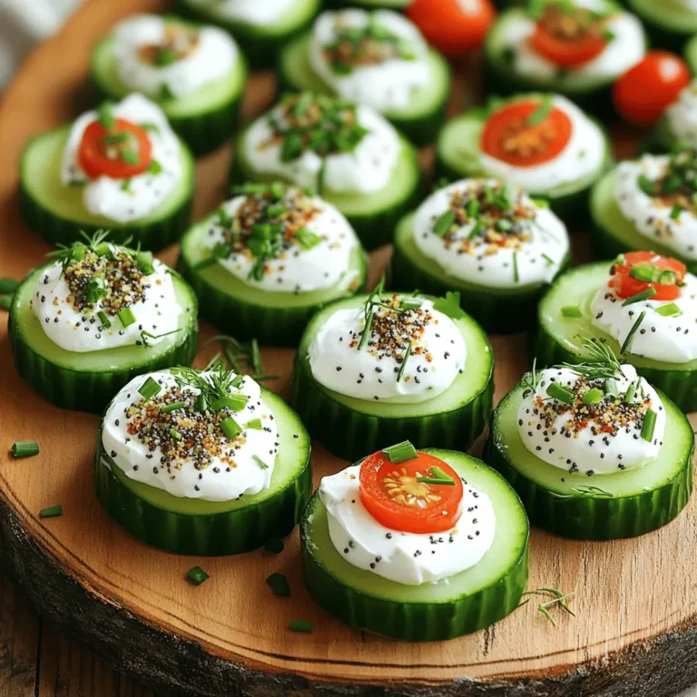 To make these tasty bites, you'll need: - 2 large cucumbers - 1 cup cream cheese, softened - 1/2 cup Greek yogurt - 2 tablespoons fresh chives, chopped - 1 tablespoon fresh dill, chopped - 1 tablespoon lemon juice - 2 teaspoons everything bagel seasoning - Salt and pepper to taste These ingredients work together to create a creamy, flavorful mix that pairs perfectly with fresh cucumber. You can add some fun garnishes to make your bites even better: - Cherry tomatoes, halved - Extra chopped herbs - A sprinkle of everything bagel seasoning These garnishes can add color and a burst of taste to your dish. You don't need fancy tools for this recipe. Here’s what I recommend: - A cutting board - A sharp knife - A mixing bowl - A small spoon or piping bag - A serving platter Using simple equipment makes it easy to bring these Everything Bagel Cucumber Bites to life. For the full recipe, you can check the complete guide. Start by washing the cucumbers well. This step ensures they are clean and fresh. Next, slice each cucumber into 1-inch thick rounds. These rounds will be the base for your bites. Aim for even cuts to keep them looking nice. Grab a mixing bowl and add the softened cream cheese. Then, scoop in the Greek yogurt. Use a fork or spatula to mix them until smooth. This combination gives a creamy texture. Now, add chopped chives and dill for flavor. Don't forget the lemon juice and everything bagel seasoning! A pinch of salt and pepper rounds out the taste. Mix until everything is well blended. Now comes the fun part! Use a small spoon or a piping bag to dollop the cream cheese mixture onto each cucumber round. Make sure to add a generous amount. For a pop of color, you can add a half cherry tomato on top. This garnish adds flavor and makes the bites look pretty. Arrange all the cucumber bites on a platter nicely. Chill them in the fridge for about 15-20 minutes. This wait helps the flavors blend beautifully. For the full recipe, check out the details above! When picking cucumbers, look for ones that are firm and smooth. Check for shiny skin. Avoid cucumbers with soft spots or blemishes. Fresh cucumbers taste best in your bites. You can use slicers or English cucumbers. Both are great for this recipe. Their mild flavor pairs perfectly with the cream cheese mixture. To get that smooth and creamy texture, use softened cream cheese. Mix it with Greek yogurt for extra creaminess. The yogurt adds a tangy flavor that brightens each bite. Blend the two until there are no lumps. This base will hold all the added flavors well. Stir in fresh herbs and seasoning for a delicious taste. These cucumber bites make perfect appetizers for any gathering. Arrange them on a nice platter for a colorful display. You can add halved cherry tomatoes on top for a pop of color. Garnish the platter with herbs or extra seasoning. Chill the bites before serving for maximum freshness. They look and taste delightful at any event. For the full recipe, check out the link above. {{image_2}} You can switch up the cheese in your Everything Bagel Cucumber Bites. Cream cheese is rich and smooth, but you can try other types. Here are some great choices: - Goat cheese: It adds a tangy kick. - Feta cheese: It gives a salty flavor and crumbly texture. - Ricotta cheese: It’s light and creamy, perfect for a fresh taste. Each cheese brings its unique flavor profile, making your bites even more exciting. Want to add more flavor? Consider these seasoning options. They can enhance your bites: - Garlic powder: A little bit adds depth. - Smoked paprika: It brings a nice smokiness. - Crushed red pepper flakes: Use these for heat. - Fresh herbs: Try basil or parsley for brightness. Mix and match to find your favorite flavor combination. If you follow a vegetarian or vegan diet, you can still enjoy these bites. Here are some swaps: - For cream cheese, use vegan cream cheese or tofu spread. Both options work well. - Instead of Greek yogurt, try coconut yogurt or cashew cream for creaminess. - Check the everything bagel seasoning to ensure it has no animal products. These alternatives make the bites delicious while fitting your dietary needs. Enjoy experimenting! To keep your Everything Bagel Cucumber Bites fresh, store them in the fridge. Use an airtight container to prevent drying. This keeps the bites crisp and the cream cheese creamy. If you stack them, place parchment paper between layers. This avoids squishing and keeps them looking nice. These tasty bites stay fresh for about 2-3 days in the fridge. After that, the cucumbers may become soggy. The cream cheese mix can lose its flavor, too. So, enjoy them soon for the best taste and texture. Freezing these bites is not the best idea. Cucumbers contain a lot of water. When frozen, they become mushy when thawed. If you must freeze, only freeze the cream cheese mix. Thaw it in the fridge overnight before spreading it on fresh cucumber rounds. This way, you still get the great taste of Everything Bagel Cucumber Bites. For the full recipe, check the earlier section. Yes, you can prepare these bites ahead of time. Make them a few hours in advance. Just keep them in the fridge. This will help the flavors blend well. The cucumbers stay crunchy and fresh. Just avoid adding garnishes until close to serving. If you want a lighter option, try using Greek yogurt. You can also use ricotta or a dairy-free cream cheese. Each adds a unique flavor. Choose what fits your taste or dietary needs. Just keep the same ratio for the best results. To add some heat, mix in chopped jalapeños or red pepper flakes. If you like a kick, try using spicy cream cheese. You can also add a dash of hot sauce to the mixture. Adjust the spice level based on your personal taste. Enjoy experimenting with flavors! Making Everything Bagel Cucumber Bites is easy and fun. We looked at ingredients, equipment, and step-by-step instructions. We also covered tips for the best cucumbers and creaminess. There are many delicious variations and storage tips to keep them fresh. Remember, you can prepare them in advance or change up the cheese to suit your taste. Enjoy these bites as a tasty snack or a party favorite. Happy cooking!