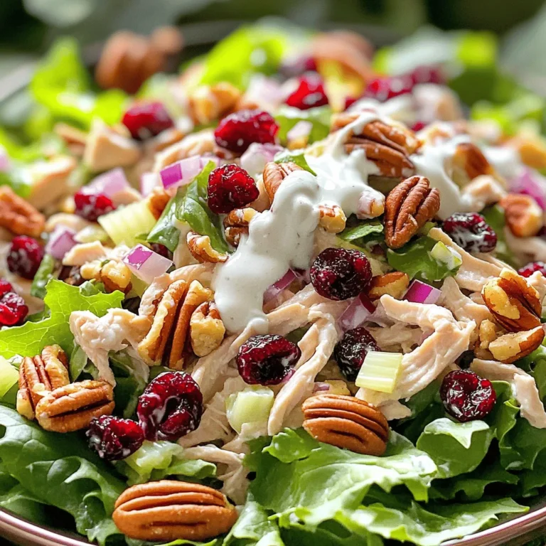 Let’s dive into what makes this cranberry pecan chicken salad special. Each ingredient plays a key role in flavor and texture. - 2 cups cooked chicken breast, shredded Using cooked chicken gives the salad a hearty base. You can use rotisserie chicken for ease. - 1/2 cup dried cranberries Dried cranberries add sweetness and a chewy texture. Fresh cranberries can be too tart for this dish. - 1/2 cup pecans, roughly chopped Pecans bring a nice crunch. You can swap them with walnuts or almonds if you prefer. - 1/2 cup celery, finely chopped Celery adds a refreshing crunch. It is a must for texture. - 1/4 cup red onion, finely chopped Red onion adds a sharp flavor. If it's too strong for you, use green onions instead. - 1/2 cup Greek yogurt Greek yogurt acts as a creamy base. It’s healthier than sour cream or mayo. - 2 tablespoons mayonnaise Mayonnaise gives the salad richness. You can use vegan mayo for a dairy-free option. - 1 tablespoon honey Honey balances the tartness of cranberries. Maple syrup is a great substitute for vegan needs. - 1 tablespoon lemon juice Lemon juice adds brightness. Fresh juice is best, but bottled works in a pinch. - Salt and pepper to taste These simple seasonings enhance all flavors. Always taste your salad before serving. - Mixed greens, for serving Mixed greens provide a fresh bed for the salad. You can use spinach or arugula for a peppery taste. Fresh ingredients make a big difference. Always choose fresh over dried when possible. If you have dietary needs, many substitutions can still keep this salad delicious. For example, if you are allergic to nuts, you can skip the pecans. Check out the Full Recipe for detailed instructions on how to combine these wonderful ingredients into a dish that delights! 1. Start by cooking the chicken breast. You can boil it until fully cooked. Let it cool before shredding. This keeps the chicken juicy. 2. In a large bowl, mix the shredded chicken, dried cranberries, chopped pecans, finely chopped celery, and red onion. The textures will make your salad more fun. 3. In a separate bowl, combine Greek yogurt, mayonnaise, honey, lemon juice, salt, and pepper. Whisk until smooth. This dressing adds creaminess and a touch of sweetness. 4. Pour the dressing over the chicken mixture. Gently fold everything together. You want all the ingredients to be well coated in that tasty dressing. 5. Taste your salad and adjust the seasoning. If it needs more salt or pepper, add it now. 6. Cover the salad and refrigerate for at least 30 minutes. This step lets the flavors meld. Chilling enhances the taste and makes it even better. - For a nice presentation, lay a bed of mixed greens on each plate or a large platter. This adds color and crunch. - Spoon the cranberry pecan chicken salad over the greens. - Garnish with extra cranberries or pecans. This makes your dish look fancy. - You can serve the salad with crusty bread or a light soup. This adds variety to your meal. Enjoy the freshness and flavor of your cranberry pecan chicken salad! For the complete guide, check the Full Recipe. How do you shred chicken efficiently? To shred chicken easily, use two forks. Hold one fork in each hand. Pull the chicken apart while holding it steady with one fork. This method is quick and effective. How can you chop vegetables uniformly? For even chopping, use a sharp knife. Cut vegetables into similar sizes. This helps them cook evenly and look nice in your salad. What is the best advice for storing leftovers properly? Store leftover chicken salad in an airtight container. This keeps it fresh longer. Place it in the fridge and eat it within three days for the best taste. What spices or herbs can you suggest for added flavor? Try adding chopped parsley or dill. These herbs brighten the salad. You can also sprinkle in a dash of paprika for a little warmth. How do you achieve the perfect balance of sweetness? If you want more sweetness, add a touch more honey. Taste as you go. This way, you can find what works best for you. How can you adjust textures for individual preference? Want crunch? Add more chopped pecans or celery. If you like it creamier, stir in a bit more Greek yogurt. Adjusting these elements makes the salad uniquely yours. {{image_2}} You can easily change the cranberry pecan chicken salad to fit your taste. Adding more veggies is a great way to enhance the dish. Try mixing in diced bell peppers, shredded carrots, or even diced apples. These add color and crunch. If you want to swap out nuts, consider using walnuts or sunflower seeds. Both bring a different flavor and texture. You can also mix nuts for a fun twist. Next, explore different dressings. Vinaigrettes can add a nice tang. A simple lemon vinaigrette is a great option. You can whisk together olive oil, lemon juice, salt, and pepper. This light dressing complements the salad well. For those needing gluten-free options, you’re in luck. This salad is naturally gluten-free. Just make sure to check any added ingredients like mayo. If you are dairy-free, swap Greek yogurt with a plant-based yogurt. Almond or coconut yogurt works well. This keeps the salad creamy while meeting dietary needs. For low-sugar diets, cut back on honey or use a sugar substitute. You can also skip the honey for a healthier choice. If you want a vegan twist, replace chicken with chickpeas or tofu. These options provide protein and keep the dish hearty. You can still enjoy the same great flavors. You can find the full recipe to try out these variations. To keep your cranberry pecan chicken salad fresh, store it in the fridge. Use an airtight container to prevent air from getting in. This helps keep the salad crisp and tasty. I recommend glass or plastic containers with tight lids. They work great for this purpose. In the fridge, the salad stays fresh for about three to five days. If you notice any changes in smell or texture, it’s best to toss it out. Always check for freshness before enjoying. You typically do not need to reheat chicken salad. It tastes best cold. If you have leftovers, just give the salad a good stir. This mixes the ingredients again, making it more enjoyable. If it looks dry, add a bit more Greek yogurt or mayonnaise. This refreshes the flavors and keeps it creamy. Serve it over fresh greens for a delicious meal. Enjoy your salad! How long can I store cranberry pecan chicken salad? You can store cranberry pecan chicken salad in the fridge for up to three days. After that, it may lose its freshness. Make sure to keep it in a sealed container to prevent it from drying out. Can I make this salad ahead of time? Yes, you can make this salad a day ahead. In fact, letting it sit overnight helps the flavors blend. Just remember to store it in the fridge until you're ready to serve. What to serve with cranberry pecan chicken salad? This salad pairs well with crusty bread or a light soup. You can also serve it on a bed of greens or in a wrap for a quick meal. Adding a side of fruit can enhance the meal's freshness. Full Recipe: How to make Cranberry Pecan Chicken Salad? For the full recipe, check out the detailed instructions I shared earlier. You’ll find everything you need to create this tasty dish. In this blog post, we explored how to make a delicious cranberry pecan chicken salad. You learned about key ingredients, preparation steps, and creative plating ideas. We shared tips for enhancing flavor, making dietary adaptations, and storing leftovers. Remember, making this salad is about enjoying fresh ingredients and flavors. With these insights, you can create your own unique twist on this dish. Enjoy the process and have fun!