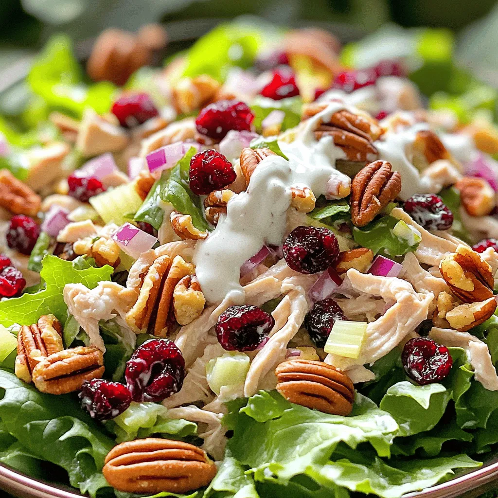 Let’s dive into what makes this cranberry pecan chicken salad special. Each ingredient plays a key role in flavor and texture. - 2 cups cooked chicken breast, shredded Using cooked chicken gives the salad a hearty base. You can use rotisserie chicken for ease. - 1/2 cup dried cranberries Dried cranberries add sweetness and a chewy texture. Fresh cranberries can be too tart for this dish. - 1/2 cup pecans, roughly chopped Pecans bring a nice crunch. You can swap them with walnuts or almonds if you prefer. - 1/2 cup celery, finely chopped Celery adds a refreshing crunch. It is a must for texture. - 1/4 cup red onion, finely chopped Red onion adds a sharp flavor. If it's too strong for you, use green onions instead. - 1/2 cup Greek yogurt Greek yogurt acts as a creamy base. It’s healthier than sour cream or mayo. - 2 tablespoons mayonnaise Mayonnaise gives the salad richness. You can use vegan mayo for a dairy-free option. - 1 tablespoon honey Honey balances the tartness of cranberries. Maple syrup is a great substitute for vegan needs. - 1 tablespoon lemon juice Lemon juice adds brightness. Fresh juice is best, but bottled works in a pinch. - Salt and pepper to taste These simple seasonings enhance all flavors. Always taste your salad before serving. - Mixed greens, for serving Mixed greens provide a fresh bed for the salad. You can use spinach or arugula for a peppery taste. Fresh ingredients make a big difference. Always choose fresh over dried when possible. If you have dietary needs, many substitutions can still keep this salad delicious. For example, if you are allergic to nuts, you can skip the pecans. Check out the Full Recipe for detailed instructions on how to combine these wonderful ingredients into a dish that delights! 1. Start by cooking the chicken breast. You can boil it until fully cooked. Let it cool before shredding. This keeps the chicken juicy. 2. In a large bowl, mix the shredded chicken, dried cranberries, chopped pecans, finely chopped celery, and red onion. The textures will make your salad more fun. 3. In a separate bowl, combine Greek yogurt, mayonnaise, honey, lemon juice, salt, and pepper. Whisk until smooth. This dressing adds creaminess and a touch of sweetness. 4. Pour the dressing over the chicken mixture. Gently fold everything together. You want all the ingredients to be well coated in that tasty dressing. 5. Taste your salad and adjust the seasoning. If it needs more salt or pepper, add it now. 6. Cover the salad and refrigerate for at least 30 minutes. This step lets the flavors meld. Chilling enhances the taste and makes it even better. - For a nice presentation, lay a bed of mixed greens on each plate or a large platter. This adds color and crunch. - Spoon the cranberry pecan chicken salad over the greens. - Garnish with extra cranberries or pecans. This makes your dish look fancy. - You can serve the salad with crusty bread or a light soup. This adds variety to your meal. Enjoy the freshness and flavor of your cranberry pecan chicken salad! For the complete guide, check the Full Recipe. How do you shred chicken efficiently? To shred chicken easily, use two forks. Hold one fork in each hand. Pull the chicken apart while holding it steady with one fork. This method is quick and effective. How can you chop vegetables uniformly? For even chopping, use a sharp knife. Cut vegetables into similar sizes. This helps them cook evenly and look nice in your salad. What is the best advice for storing leftovers properly? Store leftover chicken salad in an airtight container. This keeps it fresh longer. Place it in the fridge and eat it within three days for the best taste. What spices or herbs can you suggest for added flavor? Try adding chopped parsley or dill. These herbs brighten the salad. You can also sprinkle in a dash of paprika for a little warmth. How do you achieve the perfect balance of sweetness? If you want more sweetness, add a touch more honey. Taste as you go. This way, you can find what works best for you. How can you adjust textures for individual preference? Want crunch? Add more chopped pecans or celery. If you like it creamier, stir in a bit more Greek yogurt. Adjusting these elements makes the salad uniquely yours. {{image_2}} You can easily change the cranberry pecan chicken salad to fit your taste. Adding more veggies is a great way to enhance the dish. Try mixing in diced bell peppers, shredded carrots, or even diced apples. These add color and crunch. If you want to swap out nuts, consider using walnuts or sunflower seeds. Both bring a different flavor and texture. You can also mix nuts for a fun twist. Next, explore different dressings. Vinaigrettes can add a nice tang. A simple lemon vinaigrette is a great option. You can whisk together olive oil, lemon juice, salt, and pepper. This light dressing complements the salad well. For those needing gluten-free options, you’re in luck. This salad is naturally gluten-free. Just make sure to check any added ingredients like mayo. If you are dairy-free, swap Greek yogurt with a plant-based yogurt. Almond or coconut yogurt works well. This keeps the salad creamy while meeting dietary needs. For low-sugar diets, cut back on honey or use a sugar substitute. You can also skip the honey for a healthier choice. If you want a vegan twist, replace chicken with chickpeas or tofu. These options provide protein and keep the dish hearty. You can still enjoy the same great flavors. You can find the full recipe to try out these variations. To keep your cranberry pecan chicken salad fresh, store it in the fridge. Use an airtight container to prevent air from getting in. This helps keep the salad crisp and tasty. I recommend glass or plastic containers with tight lids. They work great for this purpose. In the fridge, the salad stays fresh for about three to five days. If you notice any changes in smell or texture, it’s best to toss it out. Always check for freshness before enjoying. You typically do not need to reheat chicken salad. It tastes best cold. If you have leftovers, just give the salad a good stir. This mixes the ingredients again, making it more enjoyable. If it looks dry, add a bit more Greek yogurt or mayonnaise. This refreshes the flavors and keeps it creamy. Serve it over fresh greens for a delicious meal. Enjoy your salad! How long can I store cranberry pecan chicken salad? You can store cranberry pecan chicken salad in the fridge for up to three days. After that, it may lose its freshness. Make sure to keep it in a sealed container to prevent it from drying out. Can I make this salad ahead of time? Yes, you can make this salad a day ahead. In fact, letting it sit overnight helps the flavors blend. Just remember to store it in the fridge until you're ready to serve. What to serve with cranberry pecan chicken salad? This salad pairs well with crusty bread or a light soup. You can also serve it on a bed of greens or in a wrap for a quick meal. Adding a side of fruit can enhance the meal's freshness. Full Recipe: How to make Cranberry Pecan Chicken Salad? For the full recipe, check out the detailed instructions I shared earlier. You’ll find everything you need to create this tasty dish. In this blog post, we explored how to make a delicious cranberry pecan chicken salad. You learned about key ingredients, preparation steps, and creative plating ideas. We shared tips for enhancing flavor, making dietary adaptations, and storing leftovers. Remember, making this salad is about enjoying fresh ingredients and flavors. With these insights, you can create your own unique twist on this dish. Enjoy the process and have fun!