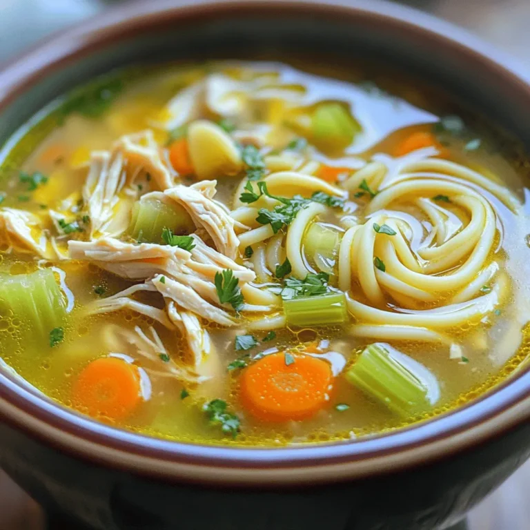 Here’s what you need for a tasty Instant Pot Chicken Noodle Soup: - 1 lb boneless, skinless chicken breasts - 1 tablespoon olive oil - 1 medium onion, diced - 3 cloves garlic, minced - 3 carrots, sliced - 2 stalks celery, sliced - 6 cups chicken broth - 1 teaspoon dried thyme - 1 teaspoon dried rosemary - 1 bay leaf - Salt and black pepper to taste - 8 oz egg noodles - Fresh parsley for garnish These simple ingredients come together to create a warm, comforting bowl of soup. The chicken provides protein, while the veggies add color and nutrients. The herbs give it a great flavor boost. If you want more details, check out the Full Recipe. You can adjust the ingredients to fit your taste. Want more veggies? Add some peas or corn. Prefer a creamier soup? You can stir in a splash of cream at the end. Make sure to gather everything before you start cooking. It makes the process smooth and fun! First, we want to sauté the aromatics. To do this, I turn on my Instant Pot and select the “Sauté” function. I pour in one tablespoon of olive oil and let it heat up. Once hot, I add one medium onion, diced. I let it cook for about 3-4 minutes until it’s soft and clear. Then, I add three cloves of minced garlic for another minute. This makes the kitchen smell amazing! Next, I incorporate the chicken and vegetables. I place one pound of boneless, skinless chicken breasts into the pot. Then, I add three sliced carrots and two sliced stalks of celery. After that, I pour in six cups of chicken broth. I also add one teaspoon each of dried thyme and dried rosemary, along with one bay leaf. Finally, I sprinkle in salt and black pepper to taste. I stir it gently to mix everything together. Now, it’s time to cook in the Instant Pot. I secure the lid tightly and make sure the valve is set to “Sealing.” I select the “Manual” or “Pressure Cook” function and set the timer for 10 minutes. The Instant Pot will build pressure and start cooking the soup. Once the timer goes off, I let the pressure release naturally for about 5 minutes. After that, I carefully switch the valve to “Venting” to let out any remaining steam. I open the lid and use tongs to remove the chicken breasts. I shred the chicken using two forks. It should fall apart easily! Then, I return the shredded chicken to the pot. Now, I add 8 ounces of egg noodles to the soup. I select the “Sauté” function again and let it cook for about 5-6 minutes. I keep an eye on it until the noodles are tender. Finally, I taste the soup and adjust the seasoning if needed. Before serving, I remove the bay leaf. Now you’re ready to enjoy a warm bowl of delicious Instant Pot chicken noodle soup! For the full recipe, check the section above. Adjusting Seasoning for Taste Taste is key in a good soup. After cooking, always taste the broth. You may need to add more salt or pepper. If it feels flat, try adding a splash of lemon juice or vinegar. These ingredients brighten the flavor. Fresh herbs can also enhance the taste. Add parsley or thyme just before serving for a fresh kick. Cooking Time Tips The Instant Pot cooks fast, but timing is crucial. For tender chicken, cook for 10 minutes. If you like your noodles softer, add them early in the cooking. If you prefer them firmer, wait until after shredding the chicken. This way, they won’t overcook. Understanding Pressure Cooking Pressure cooking saves time and enhances flavors. The Instant Pot builds steam, which cooks food quickly. Always ensure the valve is set to "Sealing" before starting. This keeps the steam inside, leading to perfectly cooked meals. Maintaining Your Instant Pot Keep your Instant Pot in good shape. Clean the sealing ring after each use. This helps avoid any lingering smells. Regularly check the vent for blockages. A clean pot means better cooking each time. Use gentle soap and warm water for cleaning. This helps maintain the pot's function and longevity. {{image_2}} You can switch up the veggies in your soup. Try adding: - Peas - Corn - Bell peppers These add color and flavor. You can also use kale or spinach for a fresh touch. Just add these greens near the end of cooking. This keeps them bright and crunchy. For protein, chicken is great, but you can swap it out. Use turkey or even shredded rotisserie chicken. If you're feeling adventurous, try chickpeas for a veggie twist. They give you protein and a nice texture. If you need gluten-free noodles, look for rice noodles or gluten-free pasta. They work well in this soup. Just check the cooking time on the package. You might need to adjust it a little. For a low-sodium option, find broth labeled "low-sodium." You can also make your own broth from scratch. This way, you control the salt. Fresh herbs can add flavor without the extra sodium. Try thyme, rosemary, or even dill for a fresh taste. Explore these variations to make the soup your own! Check out the Full Recipe for specific details. To keep your Instant Pot Chicken Noodle Soup fresh, store it right. Use a clean container. Make sure it is airtight. This will help prevent any bad smells or taste. Place the soup in the fridge. It will stay good for about three to four days. If you want it to last longer, consider freezing it. - Allow the soup to cool down to room temperature. - Transfer to an airtight container. - Label the container with the date. - Store in the fridge for up to four days. - Let the soup cool completely. - Use freezer-safe containers or bags. - Remove as much air as possible. - Label with the date and type of soup. - Freeze for up to three months. Reheating your chicken noodle soup is easy and quick. You want to keep it safe and tasty. Here are some methods that work well. - Stovetop: Pour the soup into a pot. Heat over medium heat, stirring often. - Microwave: Use a microwave-safe bowl. Cover loosely and heat for 1-2 minutes, stirring halfway. - Stir the soup while reheating to avoid hot spots. - Add a splash of broth or water if it is too thick. - Taste and adjust seasoning after reheating. Enjoy your soup, whether fresh or reheated! For the full recipe, check out the Cozy Instant Pot Chicken Noodle Soup . How do I thicken my chicken noodle soup? To thicken your soup, you can add a cornstarch slurry. Mix 1 tablespoon of cornstarch with 2 tablespoons of cold water. Stir it into the hot soup and let it cook for a few more minutes. This method works great and keeps your soup smooth and tasty. Can I use frozen chicken in this recipe? Yes, you can use frozen chicken. Just add a few extra minutes to the cooking time. The Instant Pot will cook the frozen chicken safely. This saves time and is super convenient for busy days. How long does chicken noodle soup last in the fridge? Your chicken noodle soup can last about 3 to 4 days in the fridge. Make sure to store it in an airtight container. This helps keep it fresh and safe to eat later. What happens if I forget to seal the Instant Pot? If you forget to seal the Instant Pot, the pressure won't build up. This means your soup won't cook properly. Always check the valve to ensure it is set to "Sealing" before you start cooking. Can I double this recipe? Yes, you can double the recipe! Just make sure not to fill the pot past the maximum fill line. Doubling the ingredients can give you more soup for meal prep or sharing with friends. What can I do if my soup is too salty? If your soup is too salty, add more water or broth to balance the flavor. You can also add diced potatoes or a little sugar to help cut the saltiness. This can make your soup taste just right. You now have all the steps to make a tasty Instant Pot chicken noodle soup. We covered the key ingredients, how to prepare and cook, plus helpful tips. Remember, you can tweak the recipe for your taste. Adding different vegetables or proteins can make it your own. Store leftover soup properly for the best flavor when you reheat. Enjoy this easy meal that warms the soul and brings comfort. Cooking can be fun, and this recipe is a great way to start.