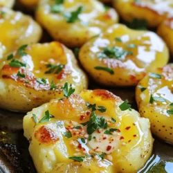 - 1.5 pounds baby Yukon gold potatoes - 4 tablespoons unsalted butter, melted - 4 cloves garlic, minced - 2 tablespoons fresh parsley, chopped - Salt and pepper to taste - 1/4 teaspoon red pepper flakes (optional) - Olive oil for drizzling You can use other potato types like red or fingerling potatoes. For a dairy-free option, try using margarine or olive oil instead of butter. If you want more flavor, switch up the herbs. Fresh chives or rosemary can work well. Feel free to add your favorite spices to make the dish your own. For the full recipe, click here: [Full Recipe]. To start, you need to boil the potatoes. Take 1.5 pounds of baby Yukon gold potatoes and put them in a large pot. Cover them with cold water and add salt. Bring the water to a boil. Let the potatoes cook for 15 to 20 minutes until they are fork-tender. While the potatoes are boiling, preheat your oven to 425°F (220°C). This temperature helps the potatoes get crispy later. Once the potatoes are cooked, drain them and let them cool for a few minutes. You want to handle them safely. When they are cool enough, place the potatoes on a baking sheet lined with parchment paper. Now comes the fun part! Using the bottom of a glass or a potato masher, gently smash each potato until it is about 1/2-inch thick. This creates a nice texture for crisping. Next, we need to prepare the garlic butter. In a small bowl, mix 4 tablespoons of melted unsalted butter with 4 cloves of minced garlic. If you like a little heat, add 1/4 teaspoon of red pepper flakes. Brush this garlic butter mixture generously over each smashed potato. Make sure to get some garlic on each one! Then, sprinkle salt and pepper over the potatoes to taste. Now, place the baking sheet in your preheated oven. Bake the potatoes for 20 to 25 minutes. You want them to turn golden and crispy. When they are done, sprinkle fresh parsley on top and drizzle with a little olive oil. For the full recipe, check out the complete instructions! To get the best flavor in your garlic butter smashed potatoes, choose fresh garlic. Fresh garlic gives a strong, rich taste. You can also use herbs like thyme or rosemary. They add depth and aroma. For crispiness, make sure you smash the potatoes evenly. This helps them bake evenly. Drizzle a little olive oil before baking. It helps create a nice golden crust. One big mistake is overcooking or undercooking the potatoes. Overcooked potatoes become mushy. Undercooked potatoes stay hard. Aim for fork-tender potatoes for the best texture. Another mistake is not using enough seasoning. Garlic butter adds flavor, but potatoes need salt and pepper too. Don’t be shy with the seasoning. Taste as you go! Garlic butter smashed potatoes pair well with many dishes. They go great with meats like chicken or steak. You can also serve them with roasted veggies for a healthy meal. For a balanced plate, add a fresh salad. The crunch of greens contrasts nicely with the soft potatoes. Think about adding a tangy dressing to brighten the meal. For the full recipe, check out the complete guide on making these tasty potatoes! {{image_2}} You can make garlic butter smashed potatoes even more exciting with a few tweaks. - Cheesy garlic butter smashed potatoes: Add shredded cheese like cheddar or Parmesan on top before baking. The cheese melts and creates a rich, creamy texture. - Spicy smashed potatoes with added chili: Mix in diced jalapeños or a sprinkle of cayenne to add heat. This will give your dish a nice kick. If you have specific dietary needs, you can still enjoy this dish. - Vegan options: Swap the butter for vegan butter or olive oil. Use nutritional yeast for a cheesy flavor without dairy. - Gluten-free adaptations: This recipe is naturally gluten-free. Just ensure that all your ingredients are labeled gluten-free. Changing up the herbs and ingredients can bring fresh flavors. - Using seasonal herbs and ingredients: In spring, add fresh chives or dill. In the fall, try rosemary or thyme for a cozy touch. Seasonal veggies like roasted garlic or sun-dried tomatoes can also enhance the dish. For the full recipe, you can refer to the earlier section. Enjoy exploring these variations! To keep your garlic butter smashed potatoes fresh, store them properly. First, let the potatoes cool completely after baking. Then, place them in an airtight container. This helps to lock in flavor and moisture. You can refrigerate them for up to three days. If you want to keep them longer, freezing is a great option. To freeze, wrap each potato in plastic wrap. Then, place them in a freezer-safe bag. This way, they won’t stick together. Frozen smashed potatoes can last for up to three months. Just remember to label the bag with the date! When it's time to enjoy your leftovers, reheating correctly is key. The best method is using the oven. Preheat your oven to 375°F (190°C). Place the smashed potatoes on a baking sheet. Heat them for about 15-20 minutes. This will help keep them crispy. If you’re short on time, you can use the microwave. Place the potatoes on a microwave-safe plate. Heat them for 1-2 minutes. To retain their texture and flavor, cover them with a damp paper towel. This helps to keep them from drying out. For the best results, always check that they are heated through before serving. Enjoy your delicious garlic butter smashed potatoes! You can find the full recipe [here](Full Recipe). Garlic butter smashed potatoes last about 3 to 5 days in the fridge. Store them in an airtight container. This keeps them fresh and tasty for later meals. Yes, you can make smashed potatoes ahead of time. Cook and smash them, then store in the fridge. Just reheat and add garlic butter before serving. Serve these potatoes hot with a sprinkle of fresh parsley. They go well with roasted meats and grilled veggies. You can also drizzle olive oil for extra flavor. Yes, you can use other potatoes. Russet or red potatoes work well too. Just ensure they are similar in size for even cooking. To make garlic butter, mix melted butter with minced garlic. You can add herbs for more flavor. It’s easy and takes just a few minutes. For the full recipe, check out the Garlic Butter Smashed Potatoes section above. You learned how to make delicious garlic butter smashed potatoes. We covered the best ingredients, simple cooking steps, and helpful tips. Remember to substitute ingredients as needed. Experiment with flavors to make these potatoes your own. Store them well to enjoy later, and don’t forget the reheating tips. Smashed potatoes can be a great side dish and are easy to share. Now, it’s time to enjoy your tasty creation. Happy cooking!