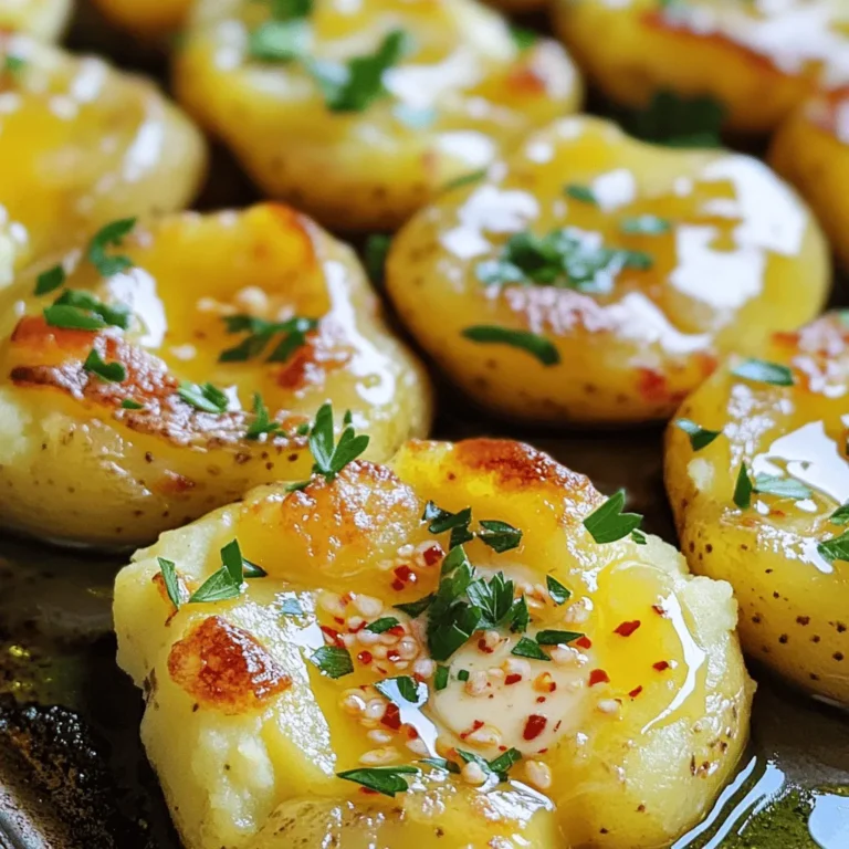 - 1.5 pounds baby Yukon gold potatoes - 4 tablespoons unsalted butter, melted - 4 cloves garlic, minced - 2 tablespoons fresh parsley, chopped - Salt and pepper to taste - 1/4 teaspoon red pepper flakes (optional) - Olive oil for drizzling You can use other potato types like red or fingerling potatoes. For a dairy-free option, try using margarine or olive oil instead of butter. If you want more flavor, switch up the herbs. Fresh chives or rosemary can work well. Feel free to add your favorite spices to make the dish your own. For the full recipe, click here: [Full Recipe]. To start, you need to boil the potatoes. Take 1.5 pounds of baby Yukon gold potatoes and put them in a large pot. Cover them with cold water and add salt. Bring the water to a boil. Let the potatoes cook for 15 to 20 minutes until they are fork-tender. While the potatoes are boiling, preheat your oven to 425°F (220°C). This temperature helps the potatoes get crispy later. Once the potatoes are cooked, drain them and let them cool for a few minutes. You want to handle them safely. When they are cool enough, place the potatoes on a baking sheet lined with parchment paper. Now comes the fun part! Using the bottom of a glass or a potato masher, gently smash each potato until it is about 1/2-inch thick. This creates a nice texture for crisping. Next, we need to prepare the garlic butter. In a small bowl, mix 4 tablespoons of melted unsalted butter with 4 cloves of minced garlic. If you like a little heat, add 1/4 teaspoon of red pepper flakes. Brush this garlic butter mixture generously over each smashed potato. Make sure to get some garlic on each one! Then, sprinkle salt and pepper over the potatoes to taste. Now, place the baking sheet in your preheated oven. Bake the potatoes for 20 to 25 minutes. You want them to turn golden and crispy. When they are done, sprinkle fresh parsley on top and drizzle with a little olive oil. For the full recipe, check out the complete instructions! To get the best flavor in your garlic butter smashed potatoes, choose fresh garlic. Fresh garlic gives a strong, rich taste. You can also use herbs like thyme or rosemary. They add depth and aroma. For crispiness, make sure you smash the potatoes evenly. This helps them bake evenly. Drizzle a little olive oil before baking. It helps create a nice golden crust. One big mistake is overcooking or undercooking the potatoes. Overcooked potatoes become mushy. Undercooked potatoes stay hard. Aim for fork-tender potatoes for the best texture. Another mistake is not using enough seasoning. Garlic butter adds flavor, but potatoes need salt and pepper too. Don’t be shy with the seasoning. Taste as you go! Garlic butter smashed potatoes pair well with many dishes. They go great with meats like chicken or steak. You can also serve them with roasted veggies for a healthy meal. For a balanced plate, add a fresh salad. The crunch of greens contrasts nicely with the soft potatoes. Think about adding a tangy dressing to brighten the meal. For the full recipe, check out the complete guide on making these tasty potatoes! {{image_2}} You can make garlic butter smashed potatoes even more exciting with a few tweaks. - Cheesy garlic butter smashed potatoes: Add shredded cheese like cheddar or Parmesan on top before baking. The cheese melts and creates a rich, creamy texture. - Spicy smashed potatoes with added chili: Mix in diced jalapeños or a sprinkle of cayenne to add heat. This will give your dish a nice kick. If you have specific dietary needs, you can still enjoy this dish. - Vegan options: Swap the butter for vegan butter or olive oil. Use nutritional yeast for a cheesy flavor without dairy. - Gluten-free adaptations: This recipe is naturally gluten-free. Just ensure that all your ingredients are labeled gluten-free. Changing up the herbs and ingredients can bring fresh flavors. - Using seasonal herbs and ingredients: In spring, add fresh chives or dill. In the fall, try rosemary or thyme for a cozy touch. Seasonal veggies like roasted garlic or sun-dried tomatoes can also enhance the dish. For the full recipe, you can refer to the earlier section. Enjoy exploring these variations! To keep your garlic butter smashed potatoes fresh, store them properly. First, let the potatoes cool completely after baking. Then, place them in an airtight container. This helps to lock in flavor and moisture. You can refrigerate them for up to three days. If you want to keep them longer, freezing is a great option. To freeze, wrap each potato in plastic wrap. Then, place them in a freezer-safe bag. This way, they won’t stick together. Frozen smashed potatoes can last for up to three months. Just remember to label the bag with the date! When it's time to enjoy your leftovers, reheating correctly is key. The best method is using the oven. Preheat your oven to 375°F (190°C). Place the smashed potatoes on a baking sheet. Heat them for about 15-20 minutes. This will help keep them crispy. If you’re short on time, you can use the microwave. Place the potatoes on a microwave-safe plate. Heat them for 1-2 minutes. To retain their texture and flavor, cover them with a damp paper towel. This helps to keep them from drying out. For the best results, always check that they are heated through before serving. Enjoy your delicious garlic butter smashed potatoes! You can find the full recipe [here](Full Recipe). Garlic butter smashed potatoes last about 3 to 5 days in the fridge. Store them in an airtight container. This keeps them fresh and tasty for later meals. Yes, you can make smashed potatoes ahead of time. Cook and smash them, then store in the fridge. Just reheat and add garlic butter before serving. Serve these potatoes hot with a sprinkle of fresh parsley. They go well with roasted meats and grilled veggies. You can also drizzle olive oil for extra flavor. Yes, you can use other potatoes. Russet or red potatoes work well too. Just ensure they are similar in size for even cooking. To make garlic butter, mix melted butter with minced garlic. You can add herbs for more flavor. It’s easy and takes just a few minutes. For the full recipe, check out the Garlic Butter Smashed Potatoes section above. You learned how to make delicious garlic butter smashed potatoes. We covered the best ingredients, simple cooking steps, and helpful tips. Remember to substitute ingredients as needed. Experiment with flavors to make these potatoes your own. Store them well to enjoy later, and don’t forget the reheating tips. Smashed potatoes can be a great side dish and are easy to share. Now, it’s time to enjoy your tasty creation. Happy cooking!