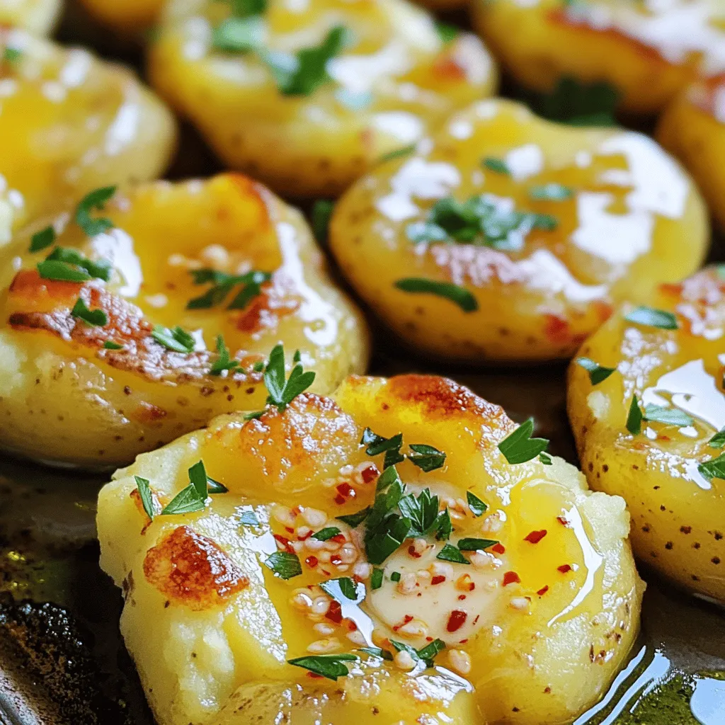 - 1.5 pounds baby Yukon gold potatoes - 4 tablespoons unsalted butter, melted - 4 cloves garlic, minced - 2 tablespoons fresh parsley, chopped - Salt and pepper to taste - 1/4 teaspoon red pepper flakes (optional) - Olive oil for drizzling You can use other potato types like red or fingerling potatoes. For a dairy-free option, try using margarine or olive oil instead of butter. If you want more flavor, switch up the herbs. Fresh chives or rosemary can work well. Feel free to add your favorite spices to make the dish your own. For the full recipe, click here: [Full Recipe]. To start, you need to boil the potatoes. Take 1.5 pounds of baby Yukon gold potatoes and put them in a large pot. Cover them with cold water and add salt. Bring the water to a boil. Let the potatoes cook for 15 to 20 minutes until they are fork-tender. While the potatoes are boiling, preheat your oven to 425°F (220°C). This temperature helps the potatoes get crispy later. Once the potatoes are cooked, drain them and let them cool for a few minutes. You want to handle them safely. When they are cool enough, place the potatoes on a baking sheet lined with parchment paper. Now comes the fun part! Using the bottom of a glass or a potato masher, gently smash each potato until it is about 1/2-inch thick. This creates a nice texture for crisping. Next, we need to prepare the garlic butter. In a small bowl, mix 4 tablespoons of melted unsalted butter with 4 cloves of minced garlic. If you like a little heat, add 1/4 teaspoon of red pepper flakes. Brush this garlic butter mixture generously over each smashed potato. Make sure to get some garlic on each one! Then, sprinkle salt and pepper over the potatoes to taste. Now, place the baking sheet in your preheated oven. Bake the potatoes for 20 to 25 minutes. You want them to turn golden and crispy. When they are done, sprinkle fresh parsley on top and drizzle with a little olive oil. For the full recipe, check out the complete instructions! To get the best flavor in your garlic butter smashed potatoes, choose fresh garlic. Fresh garlic gives a strong, rich taste. You can also use herbs like thyme or rosemary. They add depth and aroma. For crispiness, make sure you smash the potatoes evenly. This helps them bake evenly. Drizzle a little olive oil before baking. It helps create a nice golden crust. One big mistake is overcooking or undercooking the potatoes. Overcooked potatoes become mushy. Undercooked potatoes stay hard. Aim for fork-tender potatoes for the best texture. Another mistake is not using enough seasoning. Garlic butter adds flavor, but potatoes need salt and pepper too. Don’t be shy with the seasoning. Taste as you go! Garlic butter smashed potatoes pair well with many dishes. They go great with meats like chicken or steak. You can also serve them with roasted veggies for a healthy meal. For a balanced plate, add a fresh salad. The crunch of greens contrasts nicely with the soft potatoes. Think about adding a tangy dressing to brighten the meal. For the full recipe, check out the complete guide on making these tasty potatoes! {{image_2}} You can make garlic butter smashed potatoes even more exciting with a few tweaks. - Cheesy garlic butter smashed potatoes: Add shredded cheese like cheddar or Parmesan on top before baking. The cheese melts and creates a rich, creamy texture. - Spicy smashed potatoes with added chili: Mix in diced jalapeños or a sprinkle of cayenne to add heat. This will give your dish a nice kick. If you have specific dietary needs, you can still enjoy this dish. - Vegan options: Swap the butter for vegan butter or olive oil. Use nutritional yeast for a cheesy flavor without dairy. - Gluten-free adaptations: This recipe is naturally gluten-free. Just ensure that all your ingredients are labeled gluten-free. Changing up the herbs and ingredients can bring fresh flavors. - Using seasonal herbs and ingredients: In spring, add fresh chives or dill. In the fall, try rosemary or thyme for a cozy touch. Seasonal veggies like roasted garlic or sun-dried tomatoes can also enhance the dish. For the full recipe, you can refer to the earlier section. Enjoy exploring these variations! To keep your garlic butter smashed potatoes fresh, store them properly. First, let the potatoes cool completely after baking. Then, place them in an airtight container. This helps to lock in flavor and moisture. You can refrigerate them for up to three days. If you want to keep them longer, freezing is a great option. To freeze, wrap each potato in plastic wrap. Then, place them in a freezer-safe bag. This way, they won’t stick together. Frozen smashed potatoes can last for up to three months. Just remember to label the bag with the date! When it's time to enjoy your leftovers, reheating correctly is key. The best method is using the oven. Preheat your oven to 375°F (190°C). Place the smashed potatoes on a baking sheet. Heat them for about 15-20 minutes. This will help keep them crispy. If you’re short on time, you can use the microwave. Place the potatoes on a microwave-safe plate. Heat them for 1-2 minutes. To retain their texture and flavor, cover them with a damp paper towel. This helps to keep them from drying out. For the best results, always check that they are heated through before serving. Enjoy your delicious garlic butter smashed potatoes! You can find the full recipe [here](Full Recipe). Garlic butter smashed potatoes last about 3 to 5 days in the fridge. Store them in an airtight container. This keeps them fresh and tasty for later meals. Yes, you can make smashed potatoes ahead of time. Cook and smash them, then store in the fridge. Just reheat and add garlic butter before serving. Serve these potatoes hot with a sprinkle of fresh parsley. They go well with roasted meats and grilled veggies. You can also drizzle olive oil for extra flavor. Yes, you can use other potatoes. Russet or red potatoes work well too. Just ensure they are similar in size for even cooking. To make garlic butter, mix melted butter with minced garlic. You can add herbs for more flavor. It’s easy and takes just a few minutes. For the full recipe, check out the Garlic Butter Smashed Potatoes section above. You learned how to make delicious garlic butter smashed potatoes. We covered the best ingredients, simple cooking steps, and helpful tips. Remember to substitute ingredients as needed. Experiment with flavors to make these potatoes your own. Store them well to enjoy later, and don’t forget the reheating tips. Smashed potatoes can be a great side dish and are easy to share. Now, it’s time to enjoy your tasty creation. Happy cooking!