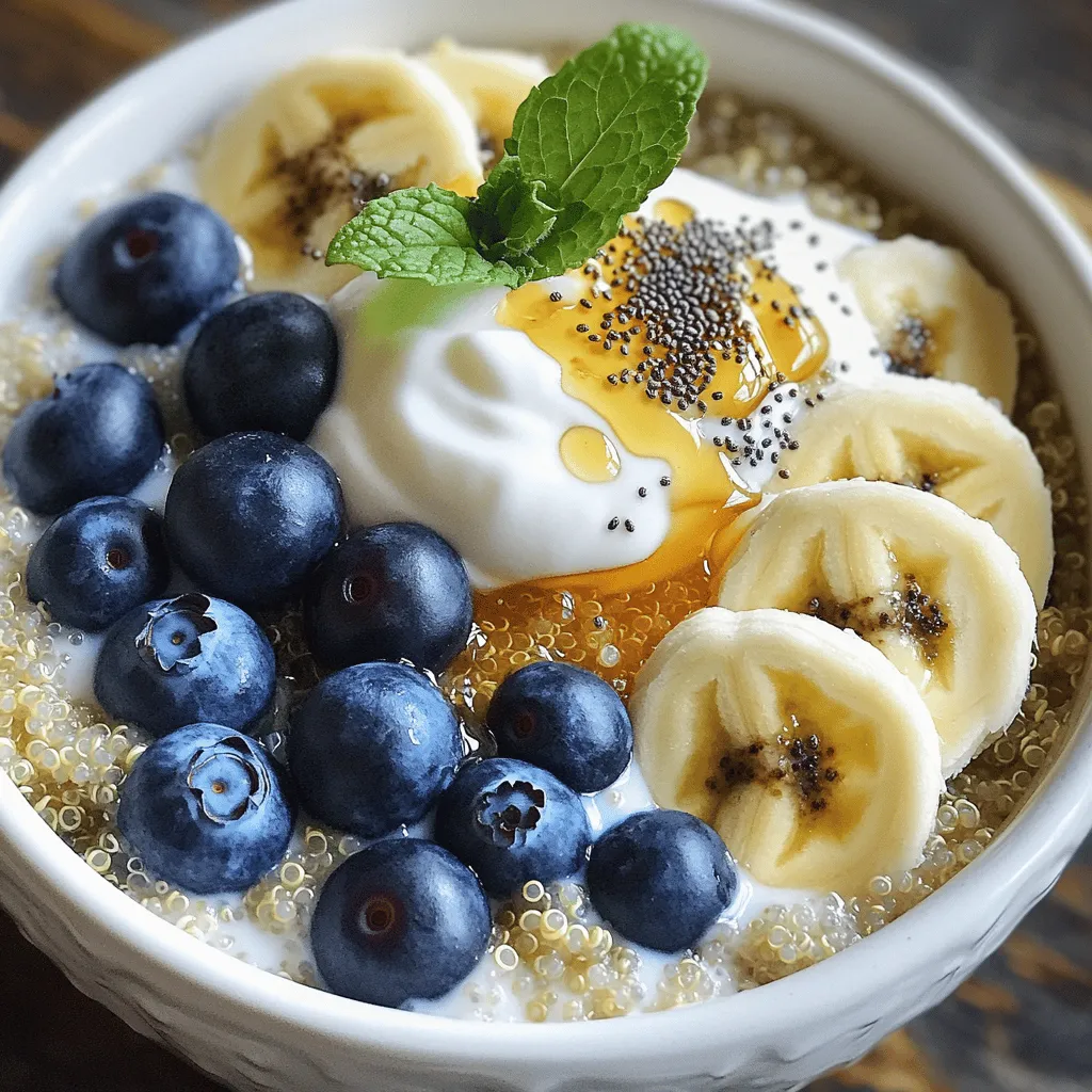 To make a healthy quinoa breakfast bowl, gather these essential ingredients: - 1 cup cooked quinoa - 1 cup almond milk (or any plant-based milk) - 1 banana, sliced - 1/2 cup blueberries (fresh or frozen) - 1/4 cup Greek yogurt (or plant-based yogurt for vegan option) - 1 tablespoon chia seeds - 1 tablespoon honey or maple syrup (optional) - 1 teaspoon vanilla extract - 1 tablespoon almond butter (optional) - A pinch of cinnamon These ingredients work together to create a tasty and filling meal. Each ingredient in the quinoa breakfast bowl brings its own health perks: - Quinoa is high in protein and fiber. It helps keep you full longer. - Almond milk is low in calories and packed with vitamins. It’s great for dairy-free diets. - Bananas add natural sweetness and potassium. They boost your energy for the day. - Blueberries are rich in antioxidants. They help fight inflammation and improve brain health. - Greek yogurt provides protein and probiotics. This helps with digestion and gut health. - Chia seeds are a source of omega-3 fatty acids. They support heart health and keep you satisfied. - Honey or maple syrup adds a touch of sweetness. Use it if you like a sweeter bowl. - Vanilla extract enhances flavor with natural sweetness. It makes the bowl smell amazing. - Almond butter adds healthy fats and creaminess. It can make your bowl even more satisfying. - Cinnamon is a warming spice. It helps regulate blood sugar levels and adds flavor. Want to boost your bowl even more? Try these optional add-ins: - Nuts like walnuts or almonds for crunch and healthy fats. - Seeds such as pumpkin or sunflower seeds for extra protein. - Dried fruits like raisins or cranberries for natural sweetness. - Nut butter variations like peanut or cashew butter for more flavor. - Fresh herbs like mint for a refreshing twist. Feel free to mix and match these options to suit your taste! For the full recipe, check out the Quinoa Sunrise Bowl. To make quinoa, rinse it under cold water first. This helps remove any bitter taste. In a pot, use two cups of water for every one cup of quinoa. Bring the water to a boil. Add the rinsed quinoa, then reduce the heat. Cover the pot and let it simmer for about 15 minutes. When it's done, let it sit for five minutes. Fluff it with a fork, and it's ready for your breakfast bowl. Now, let’s make the Quinoa Sunrise Bowl. Start with one cup of cooked quinoa. In a medium saucepan, combine the cooked quinoa and one cup of almond milk. Heat it over medium-low, stirring often. Once warm, stir in one teaspoon of vanilla extract and a pinch of cinnamon. Mix well and take it off the heat. Next, transfer the quinoa mixture into bowls. Top it with sliced banana and half a cup of blueberries. Add a dollop of Greek yogurt on top. Sprinkle one tablespoon of chia seeds across the bowl. Drizzle some honey or maple syrup if you like it sweeter. For creaminess, swirl in one tablespoon of almond butter. For a beautiful presentation, use a colorful bowl. This adds life to your dish. Garnish it with a sprig of mint or a few extra berries. These small touches make the meal more inviting. Enjoy your healthy start to the day with this vibrant breakfast! For the full recipe, check out the Quinoa Sunrise Bowl section above. To cook quinoa well, rinse it first. This removes bitter saponins. Use a 2:1 ratio of water to quinoa. Bring water to a boil, then add the quinoa. Reduce heat and cover. Cook for about 15 minutes. Let it sit off the heat for 5 minutes. Fluff with a fork for best texture. You can change your quinoa bowl based on flavors you love. Add nuts for crunch or seeds for protein. Try different fruits like strawberries or peaches. You can swap almond milk for coconut milk for a tropical feel. For a protein boost, add nuts, seeds, or protein powder. Spice it up with nutmeg or ginger if you like a kick. Cook a big batch of quinoa on the weekend. Store it in the fridge for up to five days. You can easily grab it in the morning. Heat a portion with your favorite milk. Top it with fruits and nuts for a quick meal. This method saves time and helps you eat healthy. You can find the full recipe in the article. {{image_2}} You can make your quinoa bowl fun with different fruits. Here are some tasty ideas: - Strawberries: Slice fresh strawberries for a sweet touch. - Apples: Dice apples and sprinkle with cinnamon for crunch. - Peaches: Add fresh or grilled peaches for a juicy flavor. - Mango: Use diced mango for a tropical twist. Mix and match your favorite fruits to keep things exciting! For a dairy-free or vegan option, swap Greek yogurt for plant-based yogurt. Almond milk is great, but you can also try: - Coconut milk: This adds a rich and creamy texture. - Oat milk: A smooth and mild flavor that blends well. You can top with maple syrup instead of honey if you want it vegan. These choices make your bowl healthy and delightful! If you prefer savory flavors, try these ideas to spice up your bowl: - Avocado and Tomato: Mash avocado and mix with diced tomatoes. - Spinach and Feta: Sauté spinach and crumble feta cheese on top. - Eggs: Add a poached or fried egg for protein. These savory options give you energy and keep you full longer. Enjoy creating your unique quinoa breakfast bowl! Store leftover quinoa breakfast bowls in an airtight container. Make sure to cool them first. This helps keep the dish fresh. Place the container in the fridge. It can last for about three days. If you keep it longer, the taste may change. When you are ready to eat, reheating is simple. Use a microwave for quick warming. Place the bowl in the microwave and cover it with a damp paper towel. This helps to keep the moisture in. Heat for one to two minutes. Stir halfway through to warm evenly. If you prefer, you can use a stovetop. Just add a splash of almond milk and warm over low heat. You can also freeze quinoa breakfast bowls for later. Portion them into individual containers. Let them cool before sealing. Label the containers with the date. They can stay fresh for up to three months. To enjoy, thaw in the fridge overnight. Then, reheat using the tips above. Enjoy a healthy breakfast any day! Quinoa is a superfood packed with nutrients. It is high in protein, which helps build muscles. It also has fiber, aiding digestion and keeping you full. Quinoa contains vitamins and minerals like magnesium, iron, and B vitamins. These nutrients support heart health and boost energy. Plus, quinoa is gluten-free, making it safe for those with gluten allergies. Eating quinoa can help you feel great all day. Yes, you can! Making a quinoa breakfast bowl in advance saves time. Cooked quinoa stays fresh in the fridge for about five days. Just store it in an airtight container. You can also prepare toppings like fruits and yogurt ahead. In the morning, simply warm the quinoa and add your toppings. This way, you enjoy a healthy breakfast with little effort. Both quinoa and oats are healthy choices. Quinoa offers more protein and fiber, which helps keep you full. Oats are great too, as they are high in beta-glucan, a type of fiber that supports heart health. The best choice depends on your taste and needs. You can even mix both for a fun breakfast twist. Try it out and see what works for you! You now have all the tools to make a tasty quinoa breakfast bowl. We explored key ingredients with their health benefits and discussed tasty add-ins. I shared how to cook quinoa and prepare a colorful sunrise bowl. Keep in mind tips for customizing flavors and storing leftovers. Quinoa is a nutritious choice that rivals oats for breakfast. Try different fruit combinations and vegan options to keep it exciting. Enjoy experimenting with this healthy meal that fits your taste!