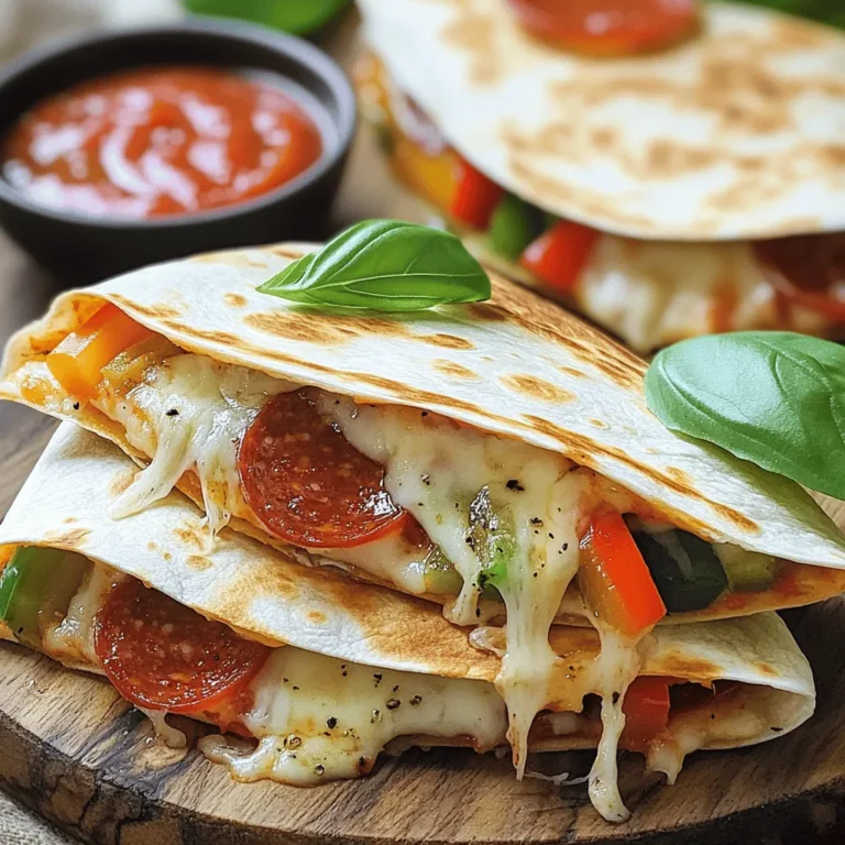 To make delicious Pepperoni Pizza Quesadillas, gather these ingredients: - 4 large flour tortillas - 1 cup shredded mozzarella cheese - 1 cup sliced pepperoni - 1/2 cup marinara sauce (for dipping) - 1/2 cup sliced bell peppers (any color) - 1/4 cup sliced black olives - 1 tablespoon Italian seasoning - Olive oil (for cooking) - Fresh basil leaves (for garnish, optional) These ingredients create a tasty twist on classic pizza. You can adjust the toppings based on your taste. Want more veggies? Add mushrooms or spinach. Prefer a different cheese? Try cheddar or provolone. The key is to have fun and be creative. The full recipe will guide you through each step to make these quesadillas perfect every time. 1. Preheat the skillet: Start by heating a large skillet on medium heat. Add a small drizzle of olive oil to coat the bottom. 2. Assemble the quesadilla layers: Place one large flour tortilla in the skillet. Sprinkle half of the shredded mozzarella cheese evenly over it. Next, add half of the sliced pepperoni, bell peppers, and black olives. Sprinkle the Italian seasoning on top. Finish this layer with another portion of mozzarella cheese and cover with a second tortilla. 3. Cook the quesadilla until golden brown: Let it cook for about 3-4 minutes. Check the bottom; it should be golden brown, and the cheese should start melting. - How to flip the quesadilla safely: Use a wide spatula to slide under the quesadilla. Hold the skillet with one hand. Gently lift the quesadilla and flip it over quickly. - Ensuring a crispy texture: Cook the quesadilla on medium heat. This helps it brown evenly without burning. If you want extra crispiness, you can press down gently with the spatula while it cooks. - Pairing with marinara sauce: Serve your quesadillas warm with marinara sauce on the side. It adds a nice tangy flavor that complements the richness of the cheese and pepperoni. - Ideas for side dishes: Consider a fresh salad or some veggie sticks as a side. These can balance the richness of the quesadillas and make a complete meal. For the full recipe, including cooking times and serving sizes, please refer to the Full Recipe section. To make the best pepperoni pizza quesadillas, focus on cheese melting. Use a mix of mozzarella and provolone for a richer taste. Grate your cheese instead of using pre-shredded. Freshly grated cheese melts better. You can also adjust your ingredients based on your taste. Want more spice? Add red pepper flakes. Prefer veggies? Use more bell peppers or mushrooms. The key is to find what you love. A common mistake is not preheating the skillet. Always heat it first to get a nice crisp. If your skillet is cold, the quesadillas will steam instead of crisp. Another mistake is overloading the quesadilla. Too many toppings can make it hard to flip. Stick to a balanced amount of cheese and toppings for the best results. Keeping it simple helps your quesadilla cook evenly. {{image_2}} You can switch up the cheese for a different taste. Try cheddar or pepper jack for extra flavor. Both melt well and add a fun twist. If you want to replace the pepperoni, consider using turkey pepperoni. You can also try cooked sausage or diced chicken for a different protein. For a vegetarian option, use sautéed mushrooms or zucchini. To make these quesadillas vegetarian, skip the pepperoni. Load them with more veggies like spinach or artichokes. You can also add some beans for protein. If you need a gluten-free option, use corn tortillas instead of flour ones. They hold up well and still taste great. Spice things up! Add red pepper flakes or a dash of hot sauce for heat. You can mix spices like chili powder or cumin to the cheese for a unique flavor. Don’t forget to combine with other toppings too! Try adding fresh herbs like oregano or even some jalapeños for extra zing. These little changes can make your quesadillas exciting and full of flavor. For the full recipe, visit the recipe section above. To keep your Pepperoni Pizza Quesadillas fresh, place them in an airtight container. This method helps seal in moisture and flavor. You can also wrap each quesadilla in plastic wrap or foil. This extra layer protects them from drying out. Store them in the fridge for up to three days. For best results, let them cool to room temperature before storing. When it's time to enjoy leftovers, reheating is key. The best method is to use a skillet. Heat the skillet over medium heat, then add the quesadilla. Cook for about two to three minutes on each side. This keeps the quesadilla crispy. You can also use an oven. Set it to 350°F and place the quesadilla on a baking sheet. Bake for about ten minutes. This method warms it evenly and melts the cheese. Pepperoni pizza quesadillas last about 3 to 4 days in the fridge. Store them in an airtight container. This keeps them fresh and tasty. Yes, you can make these quesadillas in advance. Cook them and let them cool. Then, wrap them well and store them in the fridge. When you are ready, just reheat them in a skillet. You can serve quesadillas with various sides. Great options include: - Marinara sauce for dipping - Fresh salad - Guacamole - Sour cream Yes, you can freeze them. Make sure they cool completely before wrapping them tightly. Use freezer-safe bags or containers. They can last for about 2 months in the freezer. The best way to cut quesadillas is to use a sharp knife or pizza cutter. Cut them into wedges. This makes them easy to share and eat. Enjoy the full recipe to learn how to make these tasty treats! You learned how to make delicious Pepperoni Pizza Quesadillas. Each step guides you from prep to cooking. I shared expert tips to help you avoid mistakes and get the best flavor. Remember to personalize your quesadillas with different cheeses or veggies. These recipes are easy and fun, perfect for family meals or snacks. Enjoy experimenting with variations and side dishes. With this knowledge, you can make tasty quesadillas any time. Happy cooking!