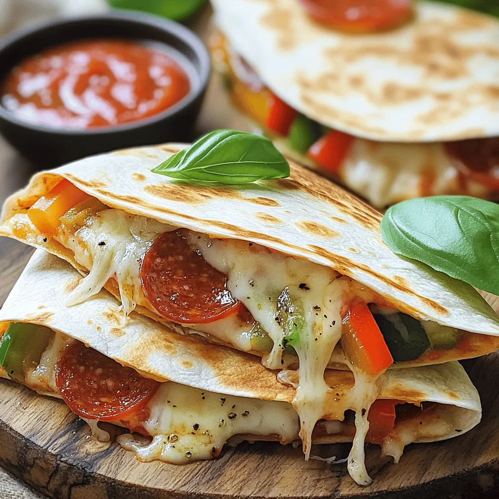 To make delicious Pepperoni Pizza Quesadillas, gather these ingredients: - 4 large flour tortillas - 1 cup shredded mozzarella cheese - 1 cup sliced pepperoni - 1/2 cup marinara sauce (for dipping) - 1/2 cup sliced bell peppers (any color) - 1/4 cup sliced black olives - 1 tablespoon Italian seasoning - Olive oil (for cooking) - Fresh basil leaves (for garnish, optional) These ingredients create a tasty twist on classic pizza. You can adjust the toppings based on your taste. Want more veggies? Add mushrooms or spinach. Prefer a different cheese? Try cheddar or provolone. The key is to have fun and be creative. The full recipe will guide you through each step to make these quesadillas perfect every time. 1. Preheat the skillet: Start by heating a large skillet on medium heat. Add a small drizzle of olive oil to coat the bottom. 2. Assemble the quesadilla layers: Place one large flour tortilla in the skillet. Sprinkle half of the shredded mozzarella cheese evenly over it. Next, add half of the sliced pepperoni, bell peppers, and black olives. Sprinkle the Italian seasoning on top. Finish this layer with another portion of mozzarella cheese and cover with a second tortilla. 3. Cook the quesadilla until golden brown: Let it cook for about 3-4 minutes. Check the bottom; it should be golden brown, and the cheese should start melting. - How to flip the quesadilla safely: Use a wide spatula to slide under the quesadilla. Hold the skillet with one hand. Gently lift the quesadilla and flip it over quickly. - Ensuring a crispy texture: Cook the quesadilla on medium heat. This helps it brown evenly without burning. If you want extra crispiness, you can press down gently with the spatula while it cooks. - Pairing with marinara sauce: Serve your quesadillas warm with marinara sauce on the side. It adds a nice tangy flavor that complements the richness of the cheese and pepperoni. - Ideas for side dishes: Consider a fresh salad or some veggie sticks as a side. These can balance the richness of the quesadillas and make a complete meal. For the full recipe, including cooking times and serving sizes, please refer to the Full Recipe section. To make the best pepperoni pizza quesadillas, focus on cheese melting. Use a mix of mozzarella and provolone for a richer taste. Grate your cheese instead of using pre-shredded. Freshly grated cheese melts better. You can also adjust your ingredients based on your taste. Want more spice? Add red pepper flakes. Prefer veggies? Use more bell peppers or mushrooms. The key is to find what you love. A common mistake is not preheating the skillet. Always heat it first to get a nice crisp. If your skillet is cold, the quesadillas will steam instead of crisp. Another mistake is overloading the quesadilla. Too many toppings can make it hard to flip. Stick to a balanced amount of cheese and toppings for the best results. Keeping it simple helps your quesadilla cook evenly. {{image_2}} You can switch up the cheese for a different taste. Try cheddar or pepper jack for extra flavor. Both melt well and add a fun twist. If you want to replace the pepperoni, consider using turkey pepperoni. You can also try cooked sausage or diced chicken for a different protein. For a vegetarian option, use sautéed mushrooms or zucchini. To make these quesadillas vegetarian, skip the pepperoni. Load them with more veggies like spinach or artichokes. You can also add some beans for protein. If you need a gluten-free option, use corn tortillas instead of flour ones. They hold up well and still taste great. Spice things up! Add red pepper flakes or a dash of hot sauce for heat. You can mix spices like chili powder or cumin to the cheese for a unique flavor. Don’t forget to combine with other toppings too! Try adding fresh herbs like oregano or even some jalapeños for extra zing. These little changes can make your quesadillas exciting and full of flavor. For the full recipe, visit the recipe section above. To keep your Pepperoni Pizza Quesadillas fresh, place them in an airtight container. This method helps seal in moisture and flavor. You can also wrap each quesadilla in plastic wrap or foil. This extra layer protects them from drying out. Store them in the fridge for up to three days. For best results, let them cool to room temperature before storing. When it's time to enjoy leftovers, reheating is key. The best method is to use a skillet. Heat the skillet over medium heat, then add the quesadilla. Cook for about two to three minutes on each side. This keeps the quesadilla crispy. You can also use an oven. Set it to 350°F and place the quesadilla on a baking sheet. Bake for about ten minutes. This method warms it evenly and melts the cheese. Pepperoni pizza quesadillas last about 3 to 4 days in the fridge. Store them in an airtight container. This keeps them fresh and tasty. Yes, you can make these quesadillas in advance. Cook them and let them cool. Then, wrap them well and store them in the fridge. When you are ready, just reheat them in a skillet. You can serve quesadillas with various sides. Great options include: - Marinara sauce for dipping - Fresh salad - Guacamole - Sour cream Yes, you can freeze them. Make sure they cool completely before wrapping them tightly. Use freezer-safe bags or containers. They can last for about 2 months in the freezer. The best way to cut quesadillas is to use a sharp knife or pizza cutter. Cut them into wedges. This makes them easy to share and eat. Enjoy the full recipe to learn how to make these tasty treats! You learned how to make delicious Pepperoni Pizza Quesadillas. Each step guides you from prep to cooking. I shared expert tips to help you avoid mistakes and get the best flavor. Remember to personalize your quesadillas with different cheeses or veggies. These recipes are easy and fun, perfect for family meals or snacks. Enjoy experimenting with variations and side dishes. With this knowledge, you can make tasty quesadillas any time. Happy cooking!