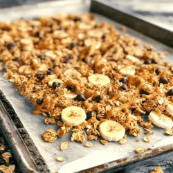 - 2 cups rolled oats - 1 cup sliced bananas (dehydrated for crunch) - 1 cup mixed nuts (walnuts, almonds, cashews) - ½ cup peanut butter - ¼ cup honey or maple syrup To make Chunky Monkey Granola, start with rolled oats. They give a solid base and great texture. Next, add dehydrated bananas for a sweet, chewy bite. Mixed nuts, like walnuts, almonds, and cashews, add crunch and flavor. Peanut butter brings creaminess and richness, while honey or maple syrup adds natural sweetness. - ½ teaspoon vanilla extract - ½ teaspoon cinnamon - ¼ teaspoon salt - ½ cup dark chocolate chips - ¼ cup dried coconut flakes (unsweetened) Flavor is key in this granola. Vanilla extract adds warmth and depth. Cinnamon gives a cozy spice that pairs well with bananas. A pinch of salt balances the sweetness. Dark chocolate chips add a rich touch, and dried coconut flakes bring a tropical twist. - Calories per serving: approximately 200 - Macronutrient breakdown: 30g carbs, 10g fats, 5g protein - Health benefits of ingredients: Chunky Monkey Granola is not just tasty; it is also good for you. Each serving has about 200 calories. You get energy from carbs, healthy fats from nuts, and some protein. The nuts and bananas provide vitamins and minerals, making this granola a nourishing choice. 1. Preheat your oven to 350°F (175°C). 2. Line a baking sheet with parchment paper. 3. In a large bowl, combine: - 2 cups rolled oats - 1 cup sliced bananas (dehydrated) - 1 cup mixed nuts (walnuts, almonds, cashews) - ½ teaspoon cinnamon - ¼ teaspoon salt Mix these dry ingredients well. 1. In a separate bowl, heat: - ½ cup peanut butter - ¼ cup honey or maple syrup - ½ teaspoon vanilla extract Heat for 20-30 seconds in the microwave. Stir until smooth. 2. Pour this warm mixture over the dry ingredients. 3. Mix everything together until all oats and nuts get coated. 1. Spread the granola mixture evenly on the baking sheet. 2. Use a spatula to press it down firmly. This helps it clump. 3. Bake for 25-30 minutes. Stir halfway through to ensure even cooking. 4. Keep an eye on it to prevent burning. 5. Once golden brown, remove it from the oven. Let it cool completely on the baking sheet. 6. After cooling, gently mix in: - ½ cup dark chocolate chips - ¼ cup dried coconut flakes (unsweetened) 7. Store your Chunky Monkey Granola in an airtight container. It lasts up to two weeks. For the full recipe, check out the details above. To get the best texture in your Chunky Monkey Granola, pressing the mixture is key. After mixing the oats and nuts, spread them on the baking sheet. Use a spatula to press it down firmly. This helps create those lovely clumps we all enjoy. When you stir, do so gently and only halfway through baking. This keeps some of the granola in clumps while allowing others to crisp up nicely. You can easily adjust the sweetness of your granola. If you like it sweeter, add more honey or maple syrup. Not a fan of these sweeteners? Try using agave syrup or stevia instead. You can also add different ingredients to make it your own. Toss in some dried cranberries, chia seeds, or even pumpkin seeds. The options are endless! If you want a healthier version, consider low-sugar or sugar-free options. Replace honey with a sugar-free syrup for lower calories. For those with nut allergies, use seeds instead. Sunflower seeds or pumpkin seeds can provide a nice crunch. You can still enjoy a tasty breakfast without the nuts! {{image_2}} You can change up the nuts and seeds in your granola. Try using pecans, sunflower seeds, or even hazelnuts. Each nut brings a unique taste and crunch. You can also swap the dark chocolate for milk or white chocolate. This change adds sweetness and creaminess to your granola. It’s all about what you enjoy most! For fall, add pumpkin spice to your mix. The warm spices will give your granola a cozy flavor. You can also make a tropical version. Just toss in dried fruits like mango or pineapple. These fruits add a bright, sweet twist to your breakfast treat. Want to turn your Chunky Monkey Granola into bars? After baking, press the mixture firmly into a pan. Let it cool, then cut it into bars. These bars are great for snacks on the go. Store them in an airtight container for easy access. They'll last about a week, perfect for busy days! To keep your Chunky Monkey Granola fresh, use an airtight container. Glass jars or plastic bins work great. Make sure to seal it tightly after each use. Store it in a cool, dark place, like a pantry or cabinet. This helps maintain its crunch and flavor. Chunky Monkey Granola lasts about two weeks at room temperature. After two weeks, the flavors may fade. Watch for signs of spoilage, like a stale smell or soft texture. If it smells off or feels sticky, toss it out. Freshness is key for the best taste. Yes, you can freeze Chunky Monkey Granola. To do this, place it in a freezer-safe bag or container. Be sure to remove as much air as possible before sealing. When you want to eat it, take it out and let it thaw at room temperature. This keeps it tasty and ready for your next breakfast treat. Chunky Monkey Granola has a fun mix of tasty ingredients. Here’s what you need: - 2 cups rolled oats - 1 cup sliced bananas (dehydrated for crunch) - 1 cup mixed nuts (walnuts, almonds, cashews) - ½ cup peanut butter - ¼ cup honey or maple syrup - ½ teaspoon vanilla extract - ½ teaspoon cinnamon - ¼ teaspoon salt - ½ cup dark chocolate chips - ¼ cup dried coconut flakes (unsweetened) These ingredients create a delicious blend of flavors and textures. The oats are the base, giving you a nice crunch. The nuts add protein and healthy fats. Dehydrated bananas give sweetness and chewiness. Peanut butter adds richness, while honey or maple syrup balances the flavors. Dark chocolate chips bring a delightful sweetness, and coconut flakes add a tropical touch. Yes, Chunky Monkey Granola can be healthy! It provides good nutrients. Here are some health benefits: - Fiber: Rolled oats and bananas help with digestion. - Protein: Mixed nuts and peanut butter offer protein, keeping you full. - Healthy fats: Nuts provide heart-healthy fats. - Natural sweetness: Honey or maple syrup is better than refined sugar. However, it's important to watch portion sizes. The granola can be high in calories due to nuts and sweeteners. Eating it in moderation makes it a great breakfast or snack choice. You can find Chunky Monkey Granola in many places. Here are some options: - Grocery Stores: Check the cereal or snack aisle. - Health Food Stores: They often carry specialty granolas. - Online: Websites like Amazon or the brand’s site usually have it. Making it at home is also easy and fun! It's often fresher and lets you customize flavors. Store-bought granola might have added sugars or preservatives. Yes, you can make Chunky Monkey Granola vegan! Here are some simple swaps: - Honey: Use maple syrup or agave nectar instead. - Peanut Butter: Ensure it’s made without added ingredients. These changes keep the flavors rich while making it vegan-friendly. Enjoy making this tasty treat! Chunky Monkey Granola is a tasty and healthy treat. We’ve covered the key ingredients, from oats to nuts, and how to mix them. I shared easy steps for baking and tips for the perfect texture. You can customize this granola with your favorite flavors or make it vegan. Remember, the right storage keeps your granola fresh and tasty. Now you have the tools to create your own Chunky Monkey Granola. Enjoy experimenting and delighting in this snack that can fit any diet!