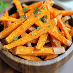 - 2 large sweet potatoes - 2 tablespoons olive oil - 1 teaspoon paprika - 1 teaspoon garlic powder - 1/2 teaspoon onion powder - 1/2 teaspoon cayenne pepper - Salt to taste - Fresh parsley for garnish You can swap oils. Avocado oil works well too. For spice, try different mixes. A pinch of cumin or curry can add zest. You can use fresh herbs or dried ones, based on what you have. Fresh parsley gives a bright touch. Dried herbs can work in a pinch but may change the taste. To make sweet potato fries, start by peeling the sweet potatoes. Use a good peeler for a smooth job. After peeling, cut them into fries. Aim for even sizes, around 1/4 to 1/2 inch thick. This size helps them cook evenly. If they are too thick, they may not get crispy. Now it's time to season. In a large bowl, toss the cut fries with olive oil. Use about 2 tablespoons for great flavor. Make sure each fry gets an even coat of oil. This step is key for crispiness. Next, sprinkle on paprika, garlic powder, onion powder, cayenne pepper, and salt. Use about 1 teaspoon of each spice, adjusting the cayenne for your heat level. Toss again to cover all the fries. Before cooking, preheat your air fryer to 400°F (200°C) for about 5 minutes. This helps the fries cook fast and become crispy. When ready, place the fries in the air fryer basket. Remember not to overcrowd them. If you have a lot of fries, cook them in batches. This ensures even cooking. Cook for 12 to 15 minutes. Halfway through, shake the basket. This helps the fries brown evenly. Check for a golden brown color when done. Once out, let them cool slightly and garnish with fresh parsley. For the full recipe, refer to the earlier section. This process gives you crispy, flavorful sweet potato fries every time! To get the best fries, cut your sweet potatoes into even pieces. Aim for a thickness of about 1/4 to 1/2 inch. This size helps them cook evenly and become crispy. If they are too thick, they may turn out soft. Also, toss the fries halfway through cooking. This ensures all sides get that golden, crunchy texture. Overcrowding the air fryer basket can ruin your fries. If you pack them in too tightly, they won’t cook well. You must leave space for hot air to circulate. If needed, cook your fries in batches to keep them crispy. Also, do not skip preheating the air fryer. This step helps the fries start cooking right away, leading to better texture and flavor. For dips, try garlic aioli or spicy mayo. These sauces bring out the sweet potato's natural flavors. You can also pair your fries with main dishes like grilled chicken or fish. They add a fun twist to any meal. Serve your fries in a stylish bowl or on a wooden board for a beautiful presentation. For the full recipe, check the link provided. {{image_2}} You can make sweet potato fries even more fun! Try adding a sweet and spicy twist. Just sprinkle some cinnamon along with your spices. This gives a warm flavor that pairs well with the natural sweetness of the potatoes. For a fresh taste, consider using herbs. Rosemary works great! Chop fresh rosemary and mix it with your spices. This brings a fragrant and earthy note to your fries. You don’t have to use an air fryer to make sweet potato fries. You can bake them in the oven, which is easy and tasty. Spread the fries on a baking sheet and bake at 425°F (220°C) for about 25-30 minutes. Be sure to toss them halfway for even cooking. If you crave a traditional taste, deep frying is an option. Fry the sweet potato fries in hot oil until golden brown. This gives a crispy texture that's hard to beat, but it’s also richer in calories. Want to try something different? Create your own seasoning mix! A garlic and parmesan blend adds a savory touch. Just mix garlic powder with grated parmesan cheese and sprinkle it on the fries before cooking. For a unique twist, use a curry spice blend. This adds warmth and depth to your fries. Just mix curry powder with your typical seasonings for a new flavor experience. For the full recipe, check the section above. Enjoy experimenting with these variations! Store leftover fries in an airtight container. This keeps them fresh longer. If you want crispy fries, let them cool first. Place them in the container, separating layers with paper towels. The paper absorbs moisture. This method helps keep your fries crispy. To reheat fries, the air fryer works best. Set it to 350°F (175°C) for about 5 minutes. This restores their crispiness. Shake the basket halfway through. If you prefer, you can use the oven too. Preheat it to 400°F (200°C) and heat the fries for 10 minutes. This method also keeps them crispy. You can freeze fries before or after cooking. To freeze before cooking, cut the fries, toss them in oil and spices, and lay them on a baking sheet. Freeze them until solid, then transfer to a bag. To cook from frozen, air fry them at 400°F (200°C) for about 15-20 minutes. This gives you fresh-tasting fries anytime. Yes, you can use frozen sweet potatoes. Frozen fries are often pre-cooked. This means they may need less time in the air fryer. Start with about 8–10 minutes at 400°F. Check them often, so they don’t burn. Frozen sweet potato fries may not be as crisp. Fresh fries cook up nice and crunchy. If you want that crunch, fresh is best. To boost flavor, try different seasonings. Garlic powder, paprika, and cayenne pepper work well. You can also mix in herbs like rosemary or thyme for a fresh taste. For a sweet twist, add a bit of cinnamon or brown sugar. Pair your fries with tasty dips. Ketchup, garlic aioli, or spicy mayo enhance the flavor. Experiment with dips to find your favorite! The best temperature for sweet potato fries is 400°F. This heat makes them crispy outside and soft inside. Cooking at lower temps may result in soggy fries. If you want extra crispiness, you can increase the time. Just keep an eye on them to avoid burning. You can find the full recipe [here](link-to-full-recipe). Check out video demonstrations for tips and tricks to perfect your fries. These resources will help you create the best air fryer sweet potato fries! You now have all the tools to make tasty sweet potato fries. We covered the ingredients, cooking steps, and tips to achieve that perfect crisp. Remember to experiment with flavors and seasonings to make it your own. Storage and reheating methods will help keep your fries delicious. By following these insights, you can enjoy a healthy snack any time. Happy cooking!