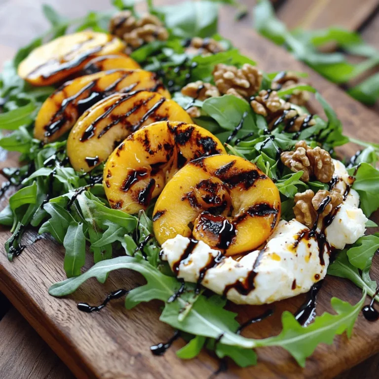 To make this grilled peach burrata salad, you need some fresh, quality items. Here’s what to gather: - 2 ripe peaches, halved and pitted - 4 cups arugula or mixed greens - 8 oz burrata cheese, torn into pieces - Fresh basil leaves for garnish You will also need a few simple pantry staples. They add flavor and richness to the salad: - 1 tablespoon olive oil - Salt and pepper, to taste - 1/4 cup balsamic glaze Adding some crunch and extra flavor is easy with these optional garnishes: - 1/4 cup toasted walnuts or pecans These ingredients come together beautifully in the grilled peach burrata salad. For the full recipe, check the details above. You will love how fresh and tasty it is! To make grilled peach burrata salad, gather your ingredients. You need peaches, olive oil, greens, and burrata cheese. This salad is easy and fun to make. You can prepare it in about 20 minutes. First, preheat your grill to medium-high heat. Brush the peach halves with olive oil. Then, sprinkle a pinch of salt and pepper on them. Place the peaches cut-side down on the grill. Grill them for 3-4 minutes. You want nice grill marks and soft peaches. Once done, take them off the grill and let them cool for a bit. In a large bowl, place your arugula or mixed greens as the base. Slice the grilled peaches and arrange them over the greens. Tear the burrata cheese into pieces and spread it on top. Drizzle balsamic glaze over the salad to add sweetness. Finally, sprinkle toasted walnuts or pecans for crunch. Add fresh basil leaves for a lovely touch. Enjoy this fresh salad with a rustic wooden board for a beautiful look. For the full recipe, check out the [Full Recipe]. Pick peaches that are ripe and slightly soft. Look for a rich color. They should smell sweet. Avoid peaches with bruises or dark spots. If you can’t find ripe peaches, let them sit at room temperature for a day or two. This will help them soften and develop flavor. Burrata is delicate, so handle it with care. Keep it in the refrigerator until you're ready to use it. Use your hands to gently tear it into pieces. This keeps the creamy center intact. Place the torn burrata on the salad just before serving. This way, it stays fresh and delicious. Enjoy this salad fresh for the best flavor. Serve it on a rustic wooden board for a nice look. Pair it with crusty bread or grilled chicken for a full meal. If you're feeling adventurous, add a sprinkle of chili flakes for a spicy kick. Don't forget, a good balsamic glaze is key to tying all the flavors together. For the full recipe, check here: [Full Recipe]. {{image_2}} You can make your grilled peach burrata salad heartier by adding protein. Grilled chicken adds a nice texture. Shrimp is also great if you want seafood. For a vegetarian choice, try chickpeas or lentils. These options give you energy and keep you full longer. While balsamic glaze shines in this salad, you can switch it up. A honey mustard dressing adds sweetness and tang. For a fresh twist, try a lemon vinaigrette. Both options work well with the creamy burrata and sweet peaches. Experiment with your favorite flavors for a unique touch. Peaches are perfect in summer, but you can change the fruit with the seasons. Grilled plums or apricots give a similar taste. In fall, try grilled apples for a crisp bite. Each fruit brings its own flavor, making this salad fun all year round. Store any leftover grilled peach burrata salad in an airtight container. Keep it in the fridge. It stays fresh for about two days. If you have extra dressing, store it separately to avoid soggy greens. This helps keep the salad crisp and tasty. You don’t need to reheat this salad. It’s best served cold or at room temperature. If you really want to warm up the peaches, do it gently in a pan. Just a minute or two over low heat will work. But be careful not to overcook them. Always start with fresh ingredients for the best flavor. Choose peaches that are ripe but firm. This way, they will hold up on the grill. Wash the greens just before you serve. This keeps them crisp and clean. For the burrata, use it fresh from the fridge. It should be creamy and soft. Following these tips ensures your salad tastes great every time. For the full recipe, check out the recipe section above. For grilling, look for ripe, juicy peaches. Yellow peaches work well. They are sweet and soft. White peaches also grill nicely. They have a milder flavor. Always choose peaches that yield slightly when pressed. This means they are ripe and ready. You can prepare some parts ahead. Grill the peaches and cool them. Store them in the fridge. Assemble the salad just before serving. This keeps the greens fresh and crisp. If you make it too early, the salad can get soggy. If you can't find burrata, try fresh mozzarella. It has a similar creamy taste. You can also use goat cheese for a tangy flavor. Feta cheese is another option. It adds a nice salty touch to the salad. Each choice will change the taste a bit, but all are tasty. For more details, check the [Full Recipe]. This blog post focused on creating a delicious salad with fresh, grilled peaches. We covered key ingredients, preparation steps, and helpful tips. You learned how to pick the best peaches and store leftovers properly. Variations let you customize the salad to your taste. Try different proteins or dressings to keep things exciting. Enjoy the process of cooking and savor each bite. With these insights, you are ready to impress everyone with your peach salad!
