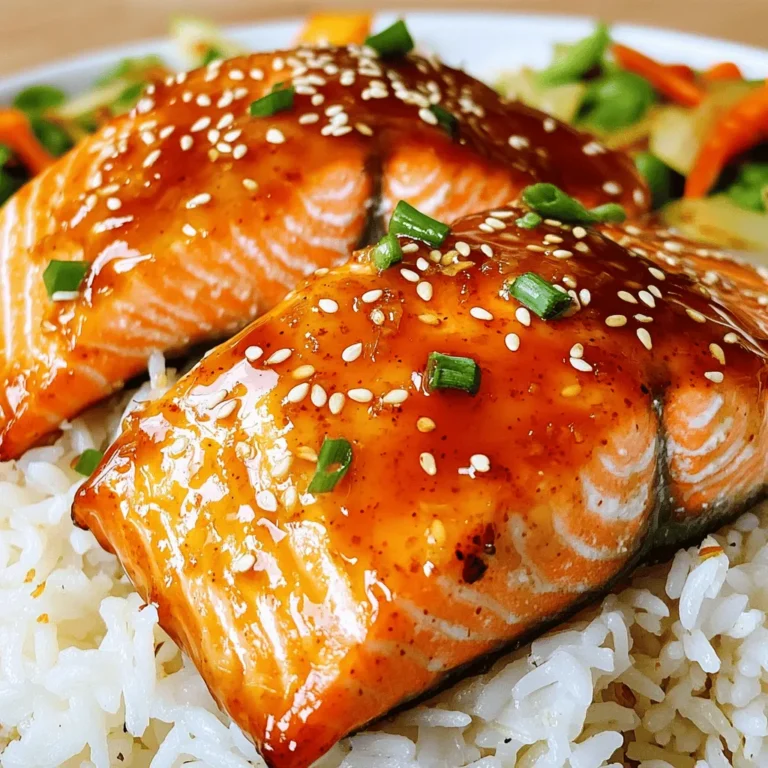 For this tasty dish, you will need: - 4 salmon fillets (6 oz each) - 1/4 cup honey - 2 tablespoons Sriracha sauce - 2 tablespoons soy sauce (low sodium) - 1 tablespoon rice vinegar - 2 cloves garlic, minced - 1 teaspoon fresh ginger, grated - Salt and black pepper to taste - 2 tablespoons sesame oil These ingredients create a rich and flavorful glaze that makes the salmon shine. To make your dish even more appealing, consider these garnishes: - Sesame seeds - Chopped green onions These add texture and a fresh taste to your meal. You can sprinkle them on just before serving. This recipe serves 4 and provides a balanced meal. Each serving includes about: - Calories: 350 - Protein: 30g - Carbohydrates: 25g - Fat: 15g The honey and Sriracha bring sweetness and heat, while the salmon gives you healthy fats and protein. This dish is not only delicious but also good for your body. For the full recipe, check out the main section above. To start, you will make the honey Sriracha glaze. In a small bowl, mix together the honey, Sriracha sauce, soy sauce, rice vinegar, minced garlic, and grated ginger. Use a whisk to blend it all well. This glaze is sweet and spicy, giving great flavor to the salmon. Set the glaze aside for later use. Next, get your salmon fillets ready. Pat them dry with paper towels. This helps the skin get crispy. Season both sides of the fillets with salt and black pepper. Now, heat sesame oil in a large non-stick skillet over medium-high heat. Once it shimmers, place the salmon skin-side down in the skillet. Cook for about 4-5 minutes. The skin will crisp up, and the salmon will cook halfway through. Carefully flip the fillets and brush them with the honey Sriracha glaze. Cook for another 3-4 minutes, basting the salmon with the glaze. You want it thick and sticky. To check if your salmon is done, look for it to be opaque and flaky. You can also use a food thermometer. The internal temperature should reach 145°F. This ensures it is safe to eat and perfectly cooked. When it’s done, carefully transfer the salmon to a platter. Drizzle any remaining glaze from the skillet on top. This dish is easy and flavorful. You can enjoy it with rice and veggies for a complete meal. For the full recipe, check it out [here](#). To get the best flavor, balance the honey and Sriracha. The honey adds sweetness, while Sriracha brings heat. You can adjust the heat level by adding more or less Sriracha. For a deeper taste, add a splash of lime juice to the glaze. This adds a bright note that pairs well with salmon. Using fresh ginger and garlic boosts the flavor. Always use fresh ingredients for the best results. One big mistake is overcooking the salmon. Salmon cooks fast, so watch it closely. If you cook it too long, it becomes dry. Another mistake is not seasoning the salmon well. A sprinkle of salt and pepper enhances the taste. Avoid using high heat when cooking the salmon. High heat can burn the glaze before the fish cooks through. Lastly, don’t skip the basting step. Basting keeps the salmon moist and flavorful. A large non-stick skillet works best for this dish. It helps to achieve a nice sear on the salmon. A whisk is needed to mix the glaze well. Use a meat thermometer to check doneness. It should read 145°F for perfect salmon. A spatula helps to flip the salmon gently without breaking it. Lastly, have a serving platter ready to present your dish beautifully. For a complete guide, check the Full Recipe. {{image_2}} You can make your Honey Sriracha glazed salmon even better by adding vegetables. I love using broccoli, bell peppers, and snap peas. These veggies bring color and crunch to the dish. - Broccoli: Steam or sauté until bright green. - Bell Peppers: Slice them thin for quick cooking. - Snap Peas: Add them for a sweet flavor. Cook the veggies in the same skillet after the salmon. This way, they soak up the tasty glaze. Toss them in right before serving for a fresh bite. If Sriracha is not your thing, no problem. You can try other hot sauces like sambal oelek or chili garlic sauce. These options give a different flavor and heat level. - Sambal Oelek: It has a chunky texture and is less sweet. - Chili Garlic Sauce: This sauce adds a nice garlicky kick. Feel free to adjust the amount of these sauces. It’s all about finding your perfect heat. When serving your Honey Sriracha glazed salmon, side dishes make a big difference. Here are my favorites: - Jasmine Rice: The sweetness pairs well with the salmon. - Quinoa: A nutty option that adds protein. - Roasted Asparagus: The earthy flavor balances the glaze. These sides not only taste great but also create a colorful plate. Enjoy mixing and matching to find your best combo. For the full recipe, be sure to check out the instructions above! To keep your honey Sriracha glazed salmon fresh, place it in an airtight container. Make sure the salmon cools down to room temperature first. Store it in the fridge for up to three days. If you want to enjoy it later, you can also freeze it. When you're ready to eat leftovers, reheating is simple. Preheat your oven to 350°F. Place the salmon on a baking sheet. Cover it with foil to prevent drying out. Heat for about 10-15 minutes until warmed through. You can also use a microwave, but it may affect the texture. For freezing, wrap each salmon fillet tightly in plastic wrap. Then, place them in a freezer-safe bag. Squeeze out any air before sealing. Frozen salmon can last for up to three months. When you're ready to cook it, thaw overnight in the fridge before reheating. Enjoy your honey Sriracha glazed salmon later with ease! For more details, check the Full Recipe. If you want a milder sauce, try using chili garlic sauce. It adds flavor without too much heat. You can also mix hot sauce with honey for sweetness. Another option is to use red pepper flakes mixed in soy sauce. This gives a nice kick but keeps it manageable. Yes, you can use frozen salmon. Just thaw it completely before cooking. Place the salmon in the fridge overnight to thaw it safely. If you're short on time, you can run cold water over the sealed package to speed up the process. Make sure to pat it dry before seasoning. To cut the spice, reduce the amount of Sriracha. Start with just one tablespoon and taste the glaze. You can also add more honey. This balances the heat with sweetness. Another idea is to add a bit of plain yogurt or sour cream as a topping. It cools down the dish nicely. For the full recipe, check out the earlier section. In this blog post, we explored making Honey Sriracha Glazed Salmon. You learned about key ingredients, preparation steps, and tips for the best flavor. We also discussed cooking variations, storage, and common questions. Enjoy this tasty dish with its sweet and spicy kick. With practice, you’ll perfect it. Try new sides or veggies to make it your own. I hope you feel inspired to cook this easy and delicious meal.