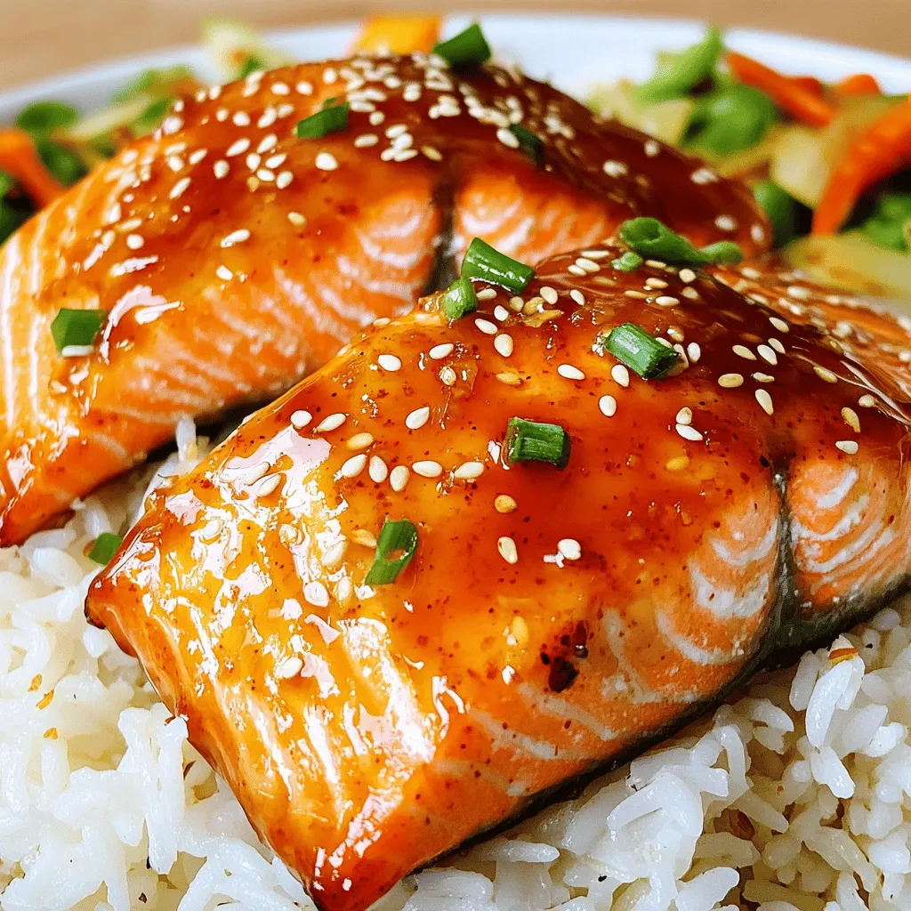 For this tasty dish, you will need: - 4 salmon fillets (6 oz each) - 1/4 cup honey - 2 tablespoons Sriracha sauce - 2 tablespoons soy sauce (low sodium) - 1 tablespoon rice vinegar - 2 cloves garlic, minced - 1 teaspoon fresh ginger, grated - Salt and black pepper to taste - 2 tablespoons sesame oil These ingredients create a rich and flavorful glaze that makes the salmon shine. To make your dish even more appealing, consider these garnishes: - Sesame seeds - Chopped green onions These add texture and a fresh taste to your meal. You can sprinkle them on just before serving. This recipe serves 4 and provides a balanced meal. Each serving includes about: - Calories: 350 - Protein: 30g - Carbohydrates: 25g - Fat: 15g The honey and Sriracha bring sweetness and heat, while the salmon gives you healthy fats and protein. This dish is not only delicious but also good for your body. For the full recipe, check out the main section above. To start, you will make the honey Sriracha glaze. In a small bowl, mix together the honey, Sriracha sauce, soy sauce, rice vinegar, minced garlic, and grated ginger. Use a whisk to blend it all well. This glaze is sweet and spicy, giving great flavor to the salmon. Set the glaze aside for later use. Next, get your salmon fillets ready. Pat them dry with paper towels. This helps the skin get crispy. Season both sides of the fillets with salt and black pepper. Now, heat sesame oil in a large non-stick skillet over medium-high heat. Once it shimmers, place the salmon skin-side down in the skillet. Cook for about 4-5 minutes. The skin will crisp up, and the salmon will cook halfway through. Carefully flip the fillets and brush them with the honey Sriracha glaze. Cook for another 3-4 minutes, basting the salmon with the glaze. You want it thick and sticky. To check if your salmon is done, look for it to be opaque and flaky. You can also use a food thermometer. The internal temperature should reach 145°F. This ensures it is safe to eat and perfectly cooked. When it’s done, carefully transfer the salmon to a platter. Drizzle any remaining glaze from the skillet on top. This dish is easy and flavorful. You can enjoy it with rice and veggies for a complete meal. For the full recipe, check it out [here](#). To get the best flavor, balance the honey and Sriracha. The honey adds sweetness, while Sriracha brings heat. You can adjust the heat level by adding more or less Sriracha. For a deeper taste, add a splash of lime juice to the glaze. This adds a bright note that pairs well with salmon. Using fresh ginger and garlic boosts the flavor. Always use fresh ingredients for the best results. One big mistake is overcooking the salmon. Salmon cooks fast, so watch it closely. If you cook it too long, it becomes dry. Another mistake is not seasoning the salmon well. A sprinkle of salt and pepper enhances the taste. Avoid using high heat when cooking the salmon. High heat can burn the glaze before the fish cooks through. Lastly, don’t skip the basting step. Basting keeps the salmon moist and flavorful. A large non-stick skillet works best for this dish. It helps to achieve a nice sear on the salmon. A whisk is needed to mix the glaze well. Use a meat thermometer to check doneness. It should read 145°F for perfect salmon. A spatula helps to flip the salmon gently without breaking it. Lastly, have a serving platter ready to present your dish beautifully. For a complete guide, check the Full Recipe. {{image_2}} You can make your Honey Sriracha glazed salmon even better by adding vegetables. I love using broccoli, bell peppers, and snap peas. These veggies bring color and crunch to the dish. - Broccoli: Steam or sauté until bright green. - Bell Peppers: Slice them thin for quick cooking. - Snap Peas: Add them for a sweet flavor. Cook the veggies in the same skillet after the salmon. This way, they soak up the tasty glaze. Toss them in right before serving for a fresh bite. If Sriracha is not your thing, no problem. You can try other hot sauces like sambal oelek or chili garlic sauce. These options give a different flavor and heat level. - Sambal Oelek: It has a chunky texture and is less sweet. - Chili Garlic Sauce: This sauce adds a nice garlicky kick. Feel free to adjust the amount of these sauces. It’s all about finding your perfect heat. When serving your Honey Sriracha glazed salmon, side dishes make a big difference. Here are my favorites: - Jasmine Rice: The sweetness pairs well with the salmon. - Quinoa: A nutty option that adds protein. - Roasted Asparagus: The earthy flavor balances the glaze. These sides not only taste great but also create a colorful plate. Enjoy mixing and matching to find your best combo. For the full recipe, be sure to check out the instructions above! To keep your honey Sriracha glazed salmon fresh, place it in an airtight container. Make sure the salmon cools down to room temperature first. Store it in the fridge for up to three days. If you want to enjoy it later, you can also freeze it. When you're ready to eat leftovers, reheating is simple. Preheat your oven to 350°F. Place the salmon on a baking sheet. Cover it with foil to prevent drying out. Heat for about 10-15 minutes until warmed through. You can also use a microwave, but it may affect the texture. For freezing, wrap each salmon fillet tightly in plastic wrap. Then, place them in a freezer-safe bag. Squeeze out any air before sealing. Frozen salmon can last for up to three months. When you're ready to cook it, thaw overnight in the fridge before reheating. Enjoy your honey Sriracha glazed salmon later with ease! For more details, check the Full Recipe. If you want a milder sauce, try using chili garlic sauce. It adds flavor without too much heat. You can also mix hot sauce with honey for sweetness. Another option is to use red pepper flakes mixed in soy sauce. This gives a nice kick but keeps it manageable. Yes, you can use frozen salmon. Just thaw it completely before cooking. Place the salmon in the fridge overnight to thaw it safely. If you're short on time, you can run cold water over the sealed package to speed up the process. Make sure to pat it dry before seasoning. To cut the spice, reduce the amount of Sriracha. Start with just one tablespoon and taste the glaze. You can also add more honey. This balances the heat with sweetness. Another idea is to add a bit of plain yogurt or sour cream as a topping. It cools down the dish nicely. For the full recipe, check out the earlier section. In this blog post, we explored making Honey Sriracha Glazed Salmon. You learned about key ingredients, preparation steps, and tips for the best flavor. We also discussed cooking variations, storage, and common questions. Enjoy this tasty dish with its sweet and spicy kick. With practice, you’ll perfect it. Try new sides or veggies to make it your own. I hope you feel inspired to cook this easy and delicious meal.