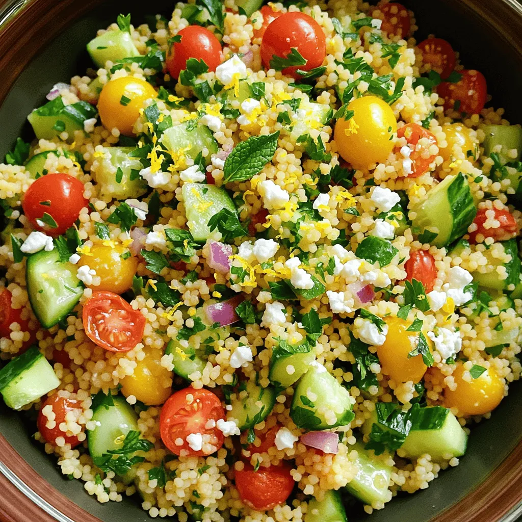 The Lemon Herb Couscous Salad is a bright and tasty dish. It takes only 30 minutes to make. This salad serves four and uses simple, fresh ingredients. You can find the full recipe above. Here are the main ingredients you will need: - 1 cup couscous - 1 1/4 cups vegetable broth - 1 cup cherry tomatoes, halved - 1 cucumber, diced - 1/4 cup red onion, finely chopped - 1/4 cup parsley, chopped - 1/4 cup fresh mint, chopped - 1/4 cup olive oil - 2 tablespoons fresh lemon juice - Zest of 1 lemon - Salt and pepper to taste These ingredients create a salad that is fresh and full of flavor. The couscous acts as a base, soaking up the tasty dressing. You can add a few optional ingredients to make this salad even better: - 1/4 cup feta cheese, crumbled - Other herbs like basil or dill - Sweet bell peppers for a crunch - Cooked chickpeas for protein These add-ins let you change the flavors to suit your taste. Feel free to mix and match! Start by bringing the vegetable broth to a boil in a saucepan. This step is key. Once the broth is bubbling, take the pot off the heat. Now, stir in the couscous. Cover the pot and let it sit for about five minutes. This allows the couscous to absorb all the liquid. After five minutes, fluff the couscous with a fork. Let it cool to room temperature before mixing it with the veggies. In a large mixing bowl, add the cooled couscous. Now, toss in the cherry tomatoes, cucumber, red onion, parsley, mint, and feta cheese if you like. Use a gentle hand when mixing. You want all the ingredients to blend well without mushiness. The bright colors of the veggies will make your salad look great! In a small bowl, whisk together the olive oil, fresh lemon juice, and lemon zest. Add salt and pepper to taste. This dressing brings the salad to life. Once it’s well mixed, pour it over the couscous mixture. Toss gently to coat everything evenly. Let the salad sit for at least ten minutes. This resting time helps the flavors mix even more. You can find the full recipe above for easy reference. To make your couscous just right, use the right liquid ratio. I recommend 1 cup of couscous to 1 1/4 cups of broth. This balance keeps it fluffy. Once the couscous absorbs the broth, fluff it with a fork. This step helps prevent clumps. Let it cool to room temperature before mixing in other ingredients. Use fresh herbs for the best taste. Parsley and mint add a bright flavor. Fresh lemon juice and zest brighten the dish. They give it that zesty kick. Don’t forget to season well with salt and pepper. Taste as you go. Adjust to your liking for a perfect flavor balance. Serve this salad in a large bowl for sharing. You can also plate it for individual servings. Garnish with more lemon zest and herbs for a pretty touch. This dish is great chilled or at room temperature. It pairs well with grilled chicken or fish, making it a versatile side. For the full recipe, check out the details above. {{image_2}} You can change the veggies in this salad. Try bell peppers for a sweet crunch. Zucchini adds a mild flavor. Roasted carrots bring warmth and depth. You can also add spinach or arugula for a leafy twist. The key is to keep it fresh and colorful. Want to make this salad heartier? Add some protein! Grilled chicken works great and gives a nice flavor. Shrimp adds a touch of the sea. For a vegetarian option, chickpeas offer protein and texture. You can also mix in hard-boiled eggs for richness. Don’t be afraid to experiment! If you need a gluten-free dish, use quinoa or rice instead of couscous. Both give a similar texture. Quinoa is packed with protein, making it a healthy choice. Rice is easy to find and works well too. Just be sure to adjust the cooking times based on what you choose. You can still enjoy this fresh and flavorful dish! For the complete recipe, check the Full Recipe above. To keep your Lemon Herb Couscous Salad fresh, store it in an airtight container. Place it in the fridge right after serving. This salad stays good for about three days. If you notice any extra moisture, simply drain it before eating. You can freeze this salad, but it may lose some texture. To freeze, put the salad in a freezer-safe container. Press out any air to avoid freezer burn. It’s best to eat it within a month. When you’re ready to eat, thaw it in the fridge overnight. To reheat, avoid using the microwave if you can. Instead, let it sit at room temperature for about 30 minutes. This helps the flavors return to life. If you must use a microwave, heat it in short bursts. Stir the salad gently to warm it evenly. Always check the taste before serving again. For the full recipe, check the earlier section. Yes, you can make Lemon Herb Couscous Salad ahead. This salad tastes even better after chilling. Prepare it up to a day in advance. Store it in the fridge in a sealed container. Just give it a toss before serving. The flavors meld well over time. To keep couscous from getting mushy, follow a few simple steps. Use the right water-to-couscous ratio, which is usually 1.25 cups of broth for every cup of couscous. After boiling, let it steam off heat. Fluff it with a fork once cooled. This helps keep the grains separate and light. You can mix and match herbs for your Lemon Herb Couscous Salad. Basil adds a sweet touch. Dill gives a fresh, sharp flavor. Chives offer a mild onion note. Try cilantro for a bright twist. Feel free to experiment to find your favorite blend. In this blog post, we explored how to make a tasty Lemon Herb Couscous Salad. We covered the main ingredients, optional add-ins, and a step-by-step guide to prepare it. You learned tips to enhance flavor and texture, variations for different diets, and how to store it. With this knowledge, you can create a delicious dish that suits your taste. Experiment with ingredients and enjoy your culinary journey. Happy cooking!