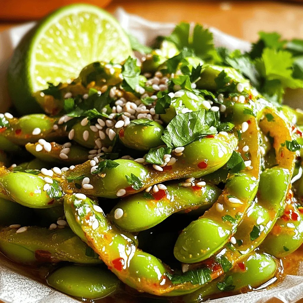 - 2 cups edamame in pods (fresh or frozen) - 3 tablespoons olive oil - 4 cloves garlic, minced - 1 teaspoon red chili flakes (adjust to taste) - 1 tablespoon soy sauce - 1 tablespoon sesame oil - 1 teaspoon freshly squeezed lime juice - Sea salt to taste - Sesame seeds for garnish - Fresh cilantro, chopped (for garnish) To make spicy garlic edamame, you'll need simple yet flavorful ingredients. Edamame gives this dish its base. You can buy it fresh or frozen. Fresh edamame adds sweetness, while frozen is quick and easy. Next, we add olive oil. It brings richness and a smooth texture. Garlic is a star in this dish. Minced garlic adds a strong, bold flavor. Red chili flakes add the heat. Adjust this based on your taste. If you like spice, feel free to add more. Soy sauce gives a savory touch. It balances the spice from the chili. Sesame oil adds a layer of nutty flavor. Lime juice brightens the dish and adds freshness. Sea salt enhances all the flavors. Finally, garnish with sesame seeds and chopped cilantro. These add color and a pop of flavor. You can find the full recipe in the article. This snack is not only tasty but also healthy! Enjoy your cooking adventure! To start, you need to cook the edamame. You can use fresh or frozen edamame. - Cooking fresh edamame: Bring a pot of salted water to a boil. Add the fresh edamame pods. Cook them for 3-5 minutes until they look bright green and are tender. Then, drain and set aside. - Cooking frozen edamame: If you're using frozen edamame, just follow the package instructions. Cook them until tender, then drain and set aside. Next, it’s time to sauté the garlic. This step adds a rich flavor to your dish. - Heating olive oil: In a large skillet, heat 3 tablespoons of olive oil over medium heat. - Adding garlic and chili flakes: Once the oil is hot, add 4 minced garlic cloves. Sauté for about 1-2 minutes until fragrant and lightly golden. Be careful not to burn the garlic. Then, stir in 1 teaspoon of red chili flakes. Let them cook for about 30 seconds to release their flavors. Now, let's bring everything together for a tasty mix. - Tossing edamame with garlic mixture: Add the cooked edamame to the skillet. Toss them well to coat with the garlic and chili oil. - Adding soy sauce and sesame oil: Drizzle 1 tablespoon of soy sauce and 1 tablespoon of sesame oil over the edamame. Continue tossing for 2-3 minutes until everything is heated through. Finish off your dish with a few fresh elements. - Squeezing lime juice: Squeeze 1 teaspoon of fresh lime juice over the mixture. This adds a nice zing. - Garnishing with sesame seeds and cilantro: Transfer the edamame to a serving bowl. Top with sesame seeds and chopped cilantro for a beautiful finish. Enjoy your Spicy Garlic Edamame! For the full recipe, check out the detailed instructions above. To make the best spicy garlic edamame, you must pay close attention while sautéing. First, avoid burnt garlic. When you heat the olive oil, keep the heat at medium. Add the garlic, and watch it closely. It should turn golden, but not dark brown. If it burns, it will taste bitter. Next, infuse the oil with chili flavors. After adding the garlic, toss in the red chili flakes. Let them cook for about 30 seconds. This step brings out their heat and flavor. The oil will absorb the spice, making every bite delicious. Pair your spicy garlic edamame with other tasty dishes. It goes well with sushi, rice bowls, or salads. You can also serve it as an appetizer before a meal. The best serving temperature is warm. The flavors are most vibrant when the edamame is fresh from the skillet. If you let it cool, it still tastes good, but it won’t be as exciting. To adjust spice levels, simply change the amount of chili flakes you use. If you like it spicier, add more. For a milder taste, reduce the flakes or skip them altogether. Consider alternative garnishes to add flair. You can use chopped green onions or a sprinkle of crushed peanuts. These options add texture and a different taste to your dish. For the full recipe and detailed instructions, you can check the Full Recipe link. {{image_2}} You can change the spice in your spicy garlic edamame. If you want it milder, use fewer chili flakes. For those who love heat, add more chili flakes. You can also try adding sriracha. A spoonful will give a nice kick and depth of flavor. Adjust the heat to fit your taste buds. Want more texture? Incorporate nuts like cashews or almonds for crunch. They add a nice contrast to the soft edamame. Another idea is to add a splash of vinegar or citrus juice. Rice vinegar or lemon juice can brighten the dish and balance the spice. Experiment to find your favorite combo. If you need gluten-free options, choose tamari instead of soy sauce. It tastes great and keeps the dish safe for those with gluten issues. For vegan alternatives, check all sauces. Most soy sauces are vegan, but always read labels. This way, you can enjoy the snack without worry. For the full recipe, you can refer to the Spicy Garlic Edamame section. To keep your spicy garlic edamame fresh, store it properly. Place leftover edamame in an airtight container. Refrigerate it within two hours of cooking. It will stay good for up to three days. When storing, try to leave out extra sauce. This keeps the pods crisp and tasty. If you want to save it for longer, freezing is a great option. To freeze, let the edamame cool completely. Then, spread it in a single layer on a baking sheet. Freeze it for about one hour. Once frozen, transfer the edamame to a freezer-safe bag. Remove as much air as possible and seal it well. You can freeze it for up to three months. When you're ready to enjoy your leftovers, reheating is easy. The best method is to use a skillet. Heat the skillet on medium-low. Add the edamame, tossing it gently for about five minutes. This method keeps the flavor intact. You can also microwave it. Place the edamame in a microwave-safe bowl. Cover it with a damp paper towel and heat for about one minute. To keep the flavor strong, add a touch of olive oil or soy sauce while reheating. This helps maintain that delicious spicy garlic taste. Adjust the heat to your liking if needed. Enjoy your tasty snack again with ease! You can cook edamame in two main ways: boiling or steaming. If you choose fresh edamame, bring a pot of salted water to a boil. Add the edamame pods and cook them for 3-5 minutes until they are bright green and tender. Drain them well. For frozen edamame, follow the package instructions. Usually, it takes just a few minutes in boiling water. Drain and set aside, ready for flavor! Yes, you can use frozen edamame. Frozen edamame is just as nutritious as fresh. It’s convenient and saves time. Plus, it cooks quickly, making it perfect for busy days. Just remember to drain it well after cooking to avoid excess water in your dish. Spicy garlic edamame shines as a snack or appetizer. Serve it warm in a bowl, and let guests help themselves. Pair it with drinks like beer or sake for a fun touch. You can also serve it with rice or noodles for a fuller meal. Adding a sprinkle of sesame seeds and chopped cilantro makes it even tastier! You can find the full recipe for Spicy Garlic Edamame in the earlier sections. It includes all the steps and tips to make this dish perfect. Enjoy cooking! In this article, we explored how to prepare Spicy Garlic Edamame. We covered the key ingredients, cooking steps, and tips to enhance flavor. You learned how to sauté garlic, infuse oils, and use the right spices for your taste. Don't forget the variations and storage tips for leftovers. This dish is not only delicious but also easy to adapt for any meal. Enjoy experimenting with flavors and serving this tasty snack!