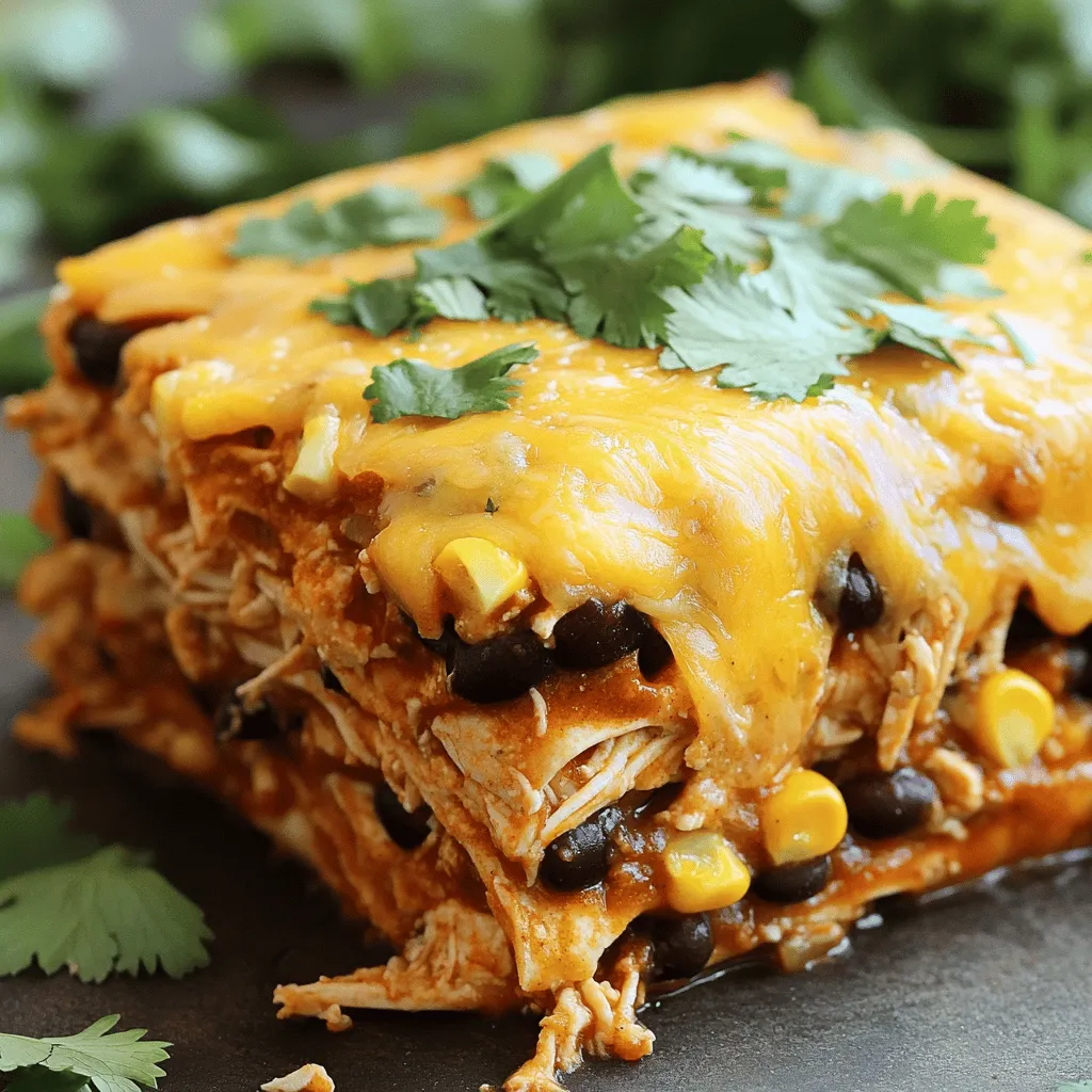 For this tasty dish, you will need: - 2 cups shredded cooked chicken - 1 can (15 oz) black beans, drained and rinsed - 1 can (10 oz) enchilada sauce (red or green) - 1 cup corn (frozen or canned) - 2 cups shredded cheddar cheese - 8 corn tortillas, cut into strips - 1 teaspoon cumin - 1 teaspoon chili powder - 1/2 teaspoon garlic powder - Salt and pepper to taste These ingredients combine to make a hearty casserole. The shredded chicken gives great flavor. Black beans add protein and fiber. Corn adds sweetness and texture. The spices enhance each bite with warmth. If you need substitutes, here are some good options: - Use rotisserie chicken for quick prep. - Swap black beans for pinto beans or kidney beans. - Use salsa instead of enchilada sauce for a fresh taste. - Try different cheese, like Monterey Jack, for a unique twist. - Use flour tortillas if gluten-free options are not a concern. These swaps can help you fit your taste and pantry needs. Garnishes can make your casserole pop. You can add: - Fresh cilantro for a burst of color and flavor. - Diced avocado for a creamy texture. - Sour cream for a rich and tangy finish. - Sliced jalapeños for a spicy kick. These garnishes can elevate your dish and impress your guests. For the full recipe, check out the complete steps and instructions. First, let's gather all the ingredients. You need shredded chicken, black beans, corn, and enchilada sauce. I like to use either red or green sauce. You will also need cheese, tortillas, and spices. 1. Preheat your oven to 350°F (175°C). This step is key for even cooking. 2. In a large bowl, mix the chicken, black beans, corn, and enchilada sauce. 3. Add cumin, chili powder, garlic powder, and some salt and pepper. Stir until well combined. 4. Grease a baking dish to prevent sticking. A 9x13 inch dish works great. Now it’s time to layer the casserole. This part is fun and easy! 1. Start with a layer of tortilla strips at the bottom. 2. Spread half of your chicken mixture over the tortillas. 3. Sprinkle 1 cup of cheddar cheese on top. 4. Add another layer of tortilla strips. 5. Spread the rest of the chicken mixture, then top with the last cup of cheese. Baking is where the magic happens. Here’s how to get perfect results: 1. Cover your dish with aluminum foil. This helps keep the moisture in. 2. Bake for 25 minutes, then take off the foil. 3. Bake for another 10-15 minutes. You want the cheese to be melted and bubbly. 4. Let it cool for a few minutes before serving. This makes slicing easier. 5. If you like, add fresh cilantro for color and flavor. Make sure to check out the Full Recipe for more details. Enjoy your cooking! To boost flavor, try adding some fresh lime juice. A squeeze can wake up the dish. You can also add diced jalapeños for heat. If you love smoky flavors, throw in some chipotle in adobo sauce. Fresh herbs like cilantro or parsley can add a burst of freshness. For a cheesy delight, mix in different cheeses. Use Monterey Jack or pepper jack for a fun twist. Layer cheese between the tortillas and on top. Make sure to use shredded cheese for the best melt. If you want a golden crust, broil the casserole for a few minutes after baking. To save time, use rotisserie chicken. It cuts down on prep time and adds flavor. You can also use canned beans and corn to speed things up. Prepare the casserole a day before and bake it when ready. This method makes dinner a breeze, especially on busy nights. For a quick cleanup, line your baking dish with parchment paper. For the full recipe, check out the details above! {{image_2}} You can easily make a vegetarian version. Simply swap the chicken for black beans or lentils. This option is hearty and tasty. You can keep all other ingredients the same. Use the same spices to ensure a burst of flavor. This dish remains filling without meat. To spice things up, add chopped jalapeños or hot sauce. Mix these in with your chicken. You can also use a spicy enchilada sauce. This version adds a kick that many love. Adjust the spices to your taste for the right heat level. For a gluten-free dish, use corn tortillas instead of flour. Ensure your enchilada sauce is gluten-free too. There are many brands available that fit this need. This way, everyone can enjoy a delicious meal. You won’t lose any flavor by making these swaps. Feel free to mix and match these ideas. Each variation offers a unique twist on the classic Easy Chicken Enchilada Casserole. For the full recipe, check out the complete instructions above. After you enjoy your Easy Chicken Enchilada Casserole, let it cool. Once cool, cover it with plastic wrap or transfer it to an airtight container. Store it in the fridge for up to four days. Keeping the dish sealed helps it stay fresh and tasty. If you want to save some for later, this casserole freezes well. Let it cool completely before freezing. Wrap it tightly in plastic wrap, then foil. You can also use a freezer-safe container. This way, it can last for up to three months. Label it with the date so you know when to use it. To reheat, you have a few options. The best way is to use the oven. Preheat it to 350°F (175°C). Place the casserole in an oven-safe dish. Cover it with foil to keep it moist. Heat for about 20 to 30 minutes until hot. You can also use the microwave for quick heating. Just cover it to avoid drying out. If using the microwave, check every few minutes to make sure it heats evenly. Enjoy your leftovers just as much as the first time! For the full recipe, check out the entire article. You can prepare the Easy Chicken Enchilada Casserole a day before. First, follow all steps up to baking. Instead of baking, cover the dish and store it in the fridge. When you're ready, preheat your oven and bake it as the recipe states. This method saves time and makes dinner easy. Yes, you can use different proteins in this casserole. Ground turkey or beef works well. You can also use shredded pork for a nice twist. If you want a lighter option, try using tofu. Just make sure to season your protein well to keep the flavor rich. Several sides go great with this dish. Here are some ideas: - Spanish rice - Refried beans - A fresh green salad - Guacamole and tortilla chips - Corn on the cob These sides add variety and make the meal more filling. Enjoy your cooking! This chicken enchilada casserole is simple and fun to make. You learned about the key ingredients, along with substitutes and tasty garnishes. The step-by-step guide helps you prepare, layer, and bake it perfectly. Use my tips for extra flavor and quick prep. I also shared tasty variations and ways to store leftovers. Enjoy creating your own version of this dish. You’ll impress family and friends with your skills. Happy cooking!