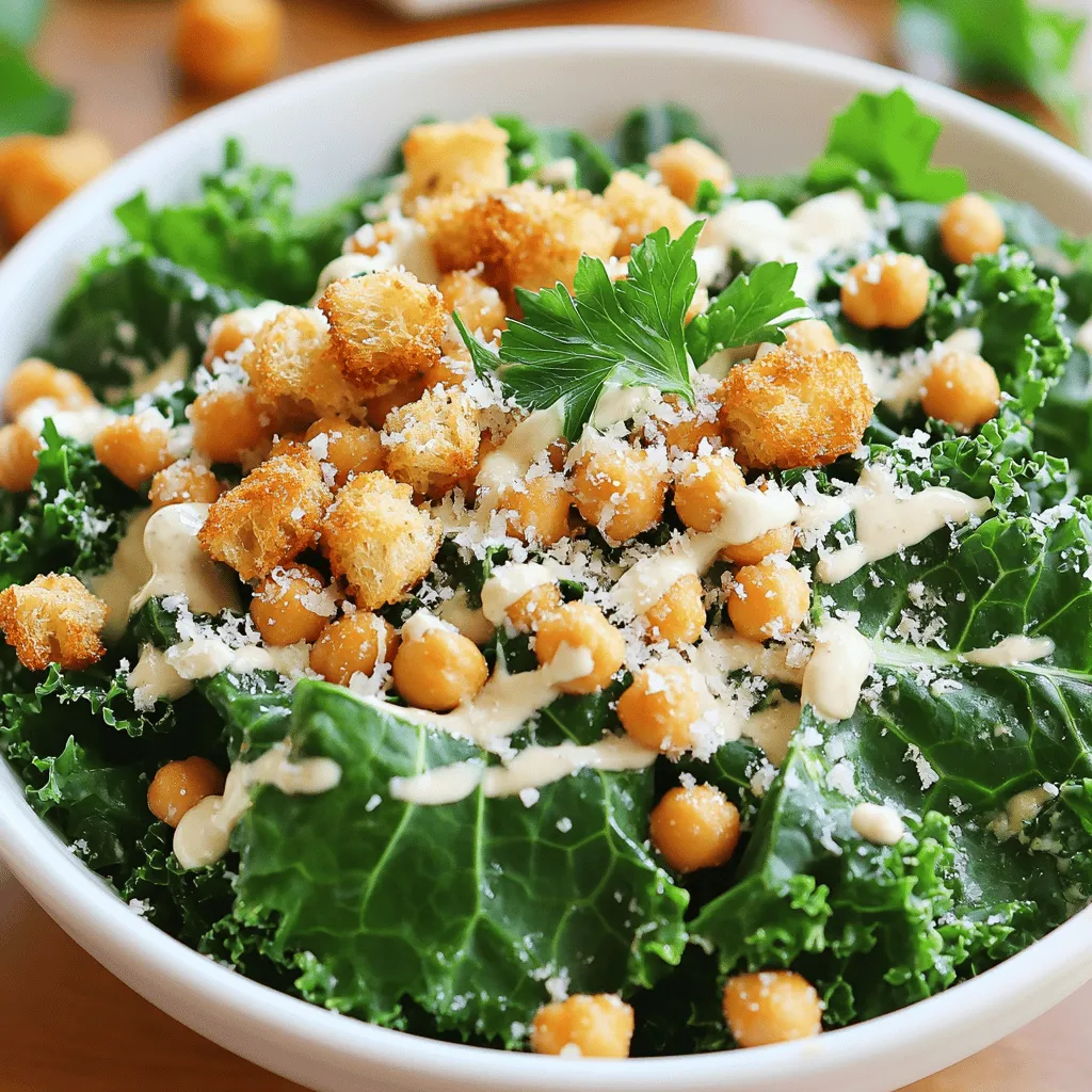 For this salad, use 4 cups of fresh kale. Choose kale that looks bright and crisp. Remove the tough stems and chop the leaves into bite-sized pieces. Kale adds a nice crunch and a lot of nutrients. You need 1 can of chickpeas. Drain and rinse them well. For a tasty crunch, toss the chickpeas with: - 2 tablespoons olive oil - 1 teaspoon garlic powder - ½ teaspoon smoked paprika - Salt and pepper to taste These seasonings give the chickpeas a lovely flavor and make them crispy when baked. The dressing is key for this salad. You'll need: - 2 tablespoons lemon juice - 1 tablespoon Dijon mustard - 1 teaspoon Worcestershire sauce (use a vegan version if you like) - 2 tablespoons tahini Mix these ingredients to create a creamy dressing. If it feels too thick, add a teaspoon of water to thin it out. This dressing adds zing and creaminess to the salad. For the full recipe, check out the details on how to prepare this delightful dish! Start by preheating your oven to 400°F (200°C). Grab a can of chickpeas and drain it well. Rinse them under cold water to remove the canning liquid. This helps with the flavor. In a bowl, mix the chickpeas with olive oil, garlic powder, smoked paprika, salt, and pepper. Make sure they are well coated. Spread them out on a baking sheet in a single layer. Bake for 20 to 25 minutes until they are golden brown and crispy. Remember to shake the pan halfway through to cook them evenly. While the chickpeas bake, let’s whip up the Caesar dressing. In a small bowl, combine lemon juice, Dijon mustard, Worcestershire sauce, and tahini. Use a whisk to mix them until smooth. If the dressing is too thick, add a teaspoon of water. This will help you get the right consistency. Taste it and adjust the flavor as needed. Now for the fun part! In a large bowl, add the chopped kale. Drizzle in half of the dressing. Use your hands to massage the kale for about 2 minutes. This softens the leaves and enhances the flavor. Once the kale is ready, add the crispy chickpeas, grated Parmesan cheese, and croutons. Drizzle the rest of the dressing on top. Toss everything gently until well combined. For a finishing touch, garnish with fresh chopped parsley. Enjoy your Kale Caesar Salad with Crispy Chickpeas! For the full recipe, check out the details above. To make your chickpeas crispy, start with a clean can of chickpeas. Drain and rinse them well. This step removes extra starch. Pat them dry with a towel. Moisture is the enemy of crispness. Toss chickpeas with olive oil and spices. Make sure they are well-coated. Spread them on a baking sheet in a single layer. This helps them cook evenly. Bake at 400°F (200°C) for 20-25 minutes. Shake the pan halfway through to ensure even cooking. Kale can be tough, but massaging it makes a big difference. After chopping your kale, place it in a large bowl. Drizzle half of your dressing over the leaves. Use your hands to gently squeeze and rub the kale. Do this for about two minutes. The leaves will soften and wilt, which makes them easier to eat. This step also helps the flavors soak in better. The dressing should be creamy but not too thick. If it is too thick, add a teaspoon of water to thin it out. Taste the dressing before serving. Adjust flavors by adding more lemon juice or mustard if needed. For an extra kick, add a dash of hot sauce. You can also mix in some fresh herbs like basil or dill for added flavor. For the complete recipe, check out the Full Recipe section. {{image_2}} You can easily make this salad vegan. Instead of Parmesan cheese, use nutritional yeast. It adds a cheesy flavor without dairy. For the dressing, replace the Worcestershire sauce with a vegan version. This keeps all the delicious taste while sticking to plant-based ingredients. Want more protein? You can add grilled chicken or shrimp for a tasty boost. If you prefer plant-based protein, try adding some quinoa or tofu. Both options mix well with the flavors of the salad. They keep you full and satisfied. Spice up your salad with new flavors. Try adding chopped sun-dried tomatoes or olives for a salty kick. You can also mix in some roasted red peppers for a sweet twist. If you like heat, a dash of red pepper flakes can add some zing. Experimenting with these ingredients will make each salad unique. You can follow the Full Recipe to keep it simple while exploring these new ideas. You can store leftover salad in an airtight container. This keeps it fresh for 1-2 days. However, the crispy chickpeas may lose their crunch. To keep the salad tasty, try to eat it soon after making it. To store crispy chickpeas, let them cool completely. Place them in a sealed container at room temperature. They stay crunchy for up to 3 days. Avoid putting them in the fridge, as moisture can make them soft. For the dressing, store it in a jar with a lid. It can last up to a week in the fridge. If it thickens, whisk in a bit of water to loosen it up. This helps maintain a smooth texture for your next salad. Check out the Full Recipe for more tips! To make chickpeas crispy, start with dried chickpeas. If using canned, rinse and drain them well. Then, dry them on a towel. Toss the chickpeas with olive oil, garlic powder, smoked paprika, salt, and pepper. Spread them on a baking sheet. Bake at 400°F (200°C) for 20-25 minutes. Shake the pan halfway through for even cooking. This method gives you crunchy, flavorful chickpeas. Yes, you can use other greens. Spinach, romaine, or arugula work well. Each green has a unique taste and texture. For a lighter salad, try using spinach. Romaine adds a nice crunch, while arugula gives a peppery kick. Just remember to adjust the dressing amount if you change the greens. If the dressing is too thick, add water a teaspoon at a time. Whisk it well after each addition. This helps reach your desired consistency. You can also use a bit of extra lemon juice for added flavor. Make sure the dressing coats the kale nicely for the best taste. For the full recipe, check out the [Full Recipe]. This blog post explored how to make a delicious kale salad. We covered fresh ingredients like kale and chickpeas, the right seasonings, and creamy dressing. I shared step-by-step instructions for preparing crispy chickpeas and mixing everything together. You learned helpful tips for the best results and storage advice to keep your salad fresh. Finally, we discussed fun variations to change up flavors and protein options. Now, you have the tools to create a healthy, tasty dish. Enjoy the process and make it your own!