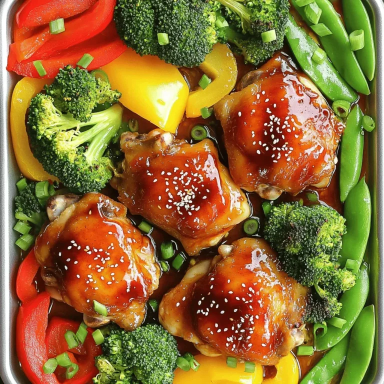 To make this dish, gather these key items: - 4 boneless, skinless chicken thighs - 1 cup sweet chili sauce - 2 tablespoons soy sauce (low sodium) - 1 tablespoon garlic, minced - 1 tablespoon fresh ginger, grated - 1 bell pepper (red or yellow), sliced - 1 cup broccoli florets - 1 cup snap peas - 2 tablespoons olive oil - Salt and pepper to taste - Sesame seeds for garnish - Chopped green onions for garnish These ingredients work together to create a wonderful flavor profile. The sweet chili sauce brings a nice sweetness with a hint of heat. The garlic and ginger add depth and aroma, making every bite exciting. For a pop of color and flavor, I suggest these garnishes: - Sesame seeds - Chopped green onions These toppings give your dish a pleasant crunch and fresh taste. You can also add lime wedges for a zesty finish. It’s a simple way to elevate your meal. You can swap some ingredients if needed. If you don’t have chicken thighs, chicken breasts work just as well. For a vegetarian option, try tofu or tempeh. If sweet chili sauce isn’t available, a mix of honey and hot sauce can work. Low-sodium soy sauce is best, but you can use regular if that’s what you have. Remember, cooking is all about being creative! Adjust flavors to your liking, and don’t be afraid to experiment. Explore the [Full Recipe] for complete instructions and tips. Start by preheating your oven to 400°F (200°C). This step is key for cooking the chicken evenly. Next, make the marinade. In a bowl, mix the sweet chili sauce, soy sauce, minced garlic, and grated ginger. This mix packs a punch! Reserve about 2 tablespoons of this sauce for later. Now, grab your chicken thighs. Place them in a large zip-top bag or bowl. Pour the marinade over the chicken. Make sure every piece is coated well. Let it sit in the fridge for at least 30 minutes. If you have time, marinate for up to 2 hours. This extra time helps deepen the flavors. While the chicken marinates, prepare your veggies. Slice the bell pepper and rinse the broccoli and snap peas. These colorful veggies add great crunch and taste. Line a large sheet pan with parchment paper or foil. This makes cleanup easy. Place the marinated chicken thighs in the center of the pan. Arrange the bell pepper, broccoli, and snap peas around the chicken. Drizzle the veggies with olive oil. Season them with salt and pepper to taste. Now it’s time to bake! Slide the sheet pan into your hot oven. Bake for 25 to 30 minutes. The chicken should reach an internal temperature of 165°F (74°C) and look caramelized. In the last 5 minutes, take the reserved marinade and brush it over the chicken. This step adds more flavor and a nice glossy finish. When the timer goes off, carefully remove the pan from the oven. Let it rest for a few minutes. Before serving, sprinkle sesame seeds and chopped green onions on top. This extra touch makes the dish look great. For the full recipe, check out the details above. To keep your chicken juicy, marinate it well. Use sweet chili sauce, soy sauce, garlic, and ginger. This mix adds flavor and moisture. Let the chicken sit in the marinade for at least 30 minutes. For even better results, marinate for two hours. This extra time helps the chicken absorb all those tasty flavors. Oven temperatures can vary. If your oven runs hot, check the chicken early. Aim for 25 minutes, then use a meat thermometer. The chicken should reach 165°F (74°C). If your oven runs cool, you may need 30 minutes or more. Always trust your thermometer over the timer for the best results. Prep your veggies while the chicken marinates. Slice the bell pepper and rinse your broccoli and snap peas. Cut them into even pieces for quicker cooking. Spread the veggies around the chicken on the sheet pan. Drizzle with olive oil and season. This way, they cook evenly and soak up the chicken's flavors. For the perfect finish, add a touch of salt and pepper before baking. Check out the Full Recipe for more tips! {{image_2}} You can swap chicken thighs with other proteins. Try using chicken breasts for a leaner option. They cook fast and still soak up the sweet chili sauce. If you want something different, use shrimp. Shrimp cooks quickly and takes on the sauce's flavor well. For a vegetarian twist, consider tofu. Press it to remove excess water and cut it into cubes. Marinate it just like the chicken for great taste. The beauty of this dish lies in its versatility. You can use any vegetables you have on hand. In spring, try asparagus or snap peas for a fresh crunch. Summer calls for zucchini or corn, adding sweetness. In fall, consider Brussels sprouts or carrots for warmth. Winter vegetables like cauliflower or kale work great too. Always remember to cut veggies into even pieces for even cooking. If you love heat, add some spice to your sweet chili chicken. Mix in a teaspoon of red pepper flakes in the marinade. You can also use sriracha or another hot sauce for a kick. For an extra layer of flavor, try adding sliced jalapeños to the pan. These spicy options will balance the sweet chili sauce well. Adjust the heat level to your taste, and enjoy every bite! For the full recipe, check out the complete instructions above. After enjoying your meal, cool the leftovers quickly. Place them in an airtight container. Make sure to store the chicken and veggies together or separately. This keeps them fresh. Refrigerate them within two hours. The leftovers will last up to three days in the fridge. Always check for any bad smells or signs of spoilage before eating. To reheat your sweet chili chicken, use an oven or stovetop for the best taste. Preheat your oven to 350°F (175°C). Place the chicken and veggies on a baking sheet. Cover them with foil to keep moisture. Heat for about 15-20 minutes. If using a stovetop, heat a pan over medium heat. Add a splash of water to keep it moist. Cook until warmed through. Avoid using the microwave, as it can make the chicken dry. You can freeze leftovers if you want to save them for later. Place the cooled chicken and veggies in a freezer-safe container. Use a vacuum sealer for the best results. Label the container with the date. The meal can last up to three months in the freezer. To thaw, place it in the fridge overnight. Then, reheat as mentioned above. This method helps keep the flavors intact. Enjoy your meal again without losing taste! Yes, chicken breasts can work well. They cook faster than thighs. You may need to adjust your baking time. Check for an internal temperature of 165°F. This helps ensure they stay juicy. Thighs have more fat, so the dish may taste richer with them. If you lack sweet chili sauce, you can make a quick mix. Combine equal parts of honey and soy sauce. Add a splash of sriracha for heat. This gives a nice balance of sweet and spicy. You can also use barbecue sauce. It won’t be the same, but it will still taste good. You can prep the chicken and veggies ahead of time. Marinate the chicken and store it in the fridge. Cut the veggies and keep them in a sealed container. This way, you can assemble the dish quickly later. It’s great for busy days or meal prep. Just make sure to bake it fresh when you’re ready! For the complete recipe, check out the Full Recipe section. This blog post covered all you need for Sheet Pan Sweet Chili Chicken. We discussed main ingredients, tasty garnishes, and swaps for what you might not have. I laid out easy steps for prep, baking, and tips for juicy chicken. Don't forget to try fun variations and proper storage tips. Wrap it all up with FAQs to answer your burning questions. Enjoy making this dish, and let it brighten your meals. You now have the tools to create something delicious!