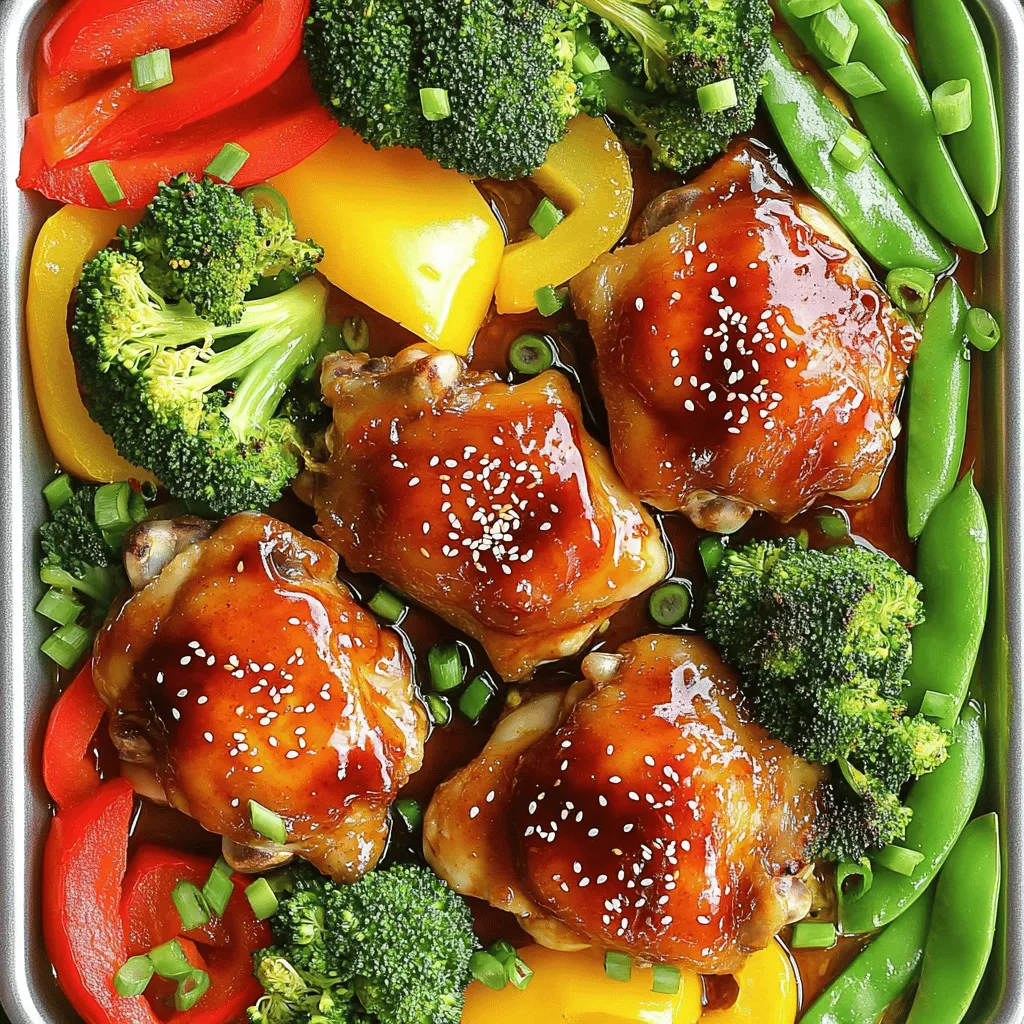 To make this dish, gather these key items: - 4 boneless, skinless chicken thighs - 1 cup sweet chili sauce - 2 tablespoons soy sauce (low sodium) - 1 tablespoon garlic, minced - 1 tablespoon fresh ginger, grated - 1 bell pepper (red or yellow), sliced - 1 cup broccoli florets - 1 cup snap peas - 2 tablespoons olive oil - Salt and pepper to taste - Sesame seeds for garnish - Chopped green onions for garnish These ingredients work together to create a wonderful flavor profile. The sweet chili sauce brings a nice sweetness with a hint of heat. The garlic and ginger add depth and aroma, making every bite exciting. For a pop of color and flavor, I suggest these garnishes: - Sesame seeds - Chopped green onions These toppings give your dish a pleasant crunch and fresh taste. You can also add lime wedges for a zesty finish. It’s a simple way to elevate your meal. You can swap some ingredients if needed. If you don’t have chicken thighs, chicken breasts work just as well. For a vegetarian option, try tofu or tempeh. If sweet chili sauce isn’t available, a mix of honey and hot sauce can work. Low-sodium soy sauce is best, but you can use regular if that’s what you have. Remember, cooking is all about being creative! Adjust flavors to your liking, and don’t be afraid to experiment. Explore the [Full Recipe] for complete instructions and tips. Start by preheating your oven to 400°F (200°C). This step is key for cooking the chicken evenly. Next, make the marinade. In a bowl, mix the sweet chili sauce, soy sauce, minced garlic, and grated ginger. This mix packs a punch! Reserve about 2 tablespoons of this sauce for later. Now, grab your chicken thighs. Place them in a large zip-top bag or bowl. Pour the marinade over the chicken. Make sure every piece is coated well. Let it sit in the fridge for at least 30 minutes. If you have time, marinate for up to 2 hours. This extra time helps deepen the flavors. While the chicken marinates, prepare your veggies. Slice the bell pepper and rinse the broccoli and snap peas. These colorful veggies add great crunch and taste. Line a large sheet pan with parchment paper or foil. This makes cleanup easy. Place the marinated chicken thighs in the center of the pan. Arrange the bell pepper, broccoli, and snap peas around the chicken. Drizzle the veggies with olive oil. Season them with salt and pepper to taste. Now it’s time to bake! Slide the sheet pan into your hot oven. Bake for 25 to 30 minutes. The chicken should reach an internal temperature of 165°F (74°C) and look caramelized. In the last 5 minutes, take the reserved marinade and brush it over the chicken. This step adds more flavor and a nice glossy finish. When the timer goes off, carefully remove the pan from the oven. Let it rest for a few minutes. Before serving, sprinkle sesame seeds and chopped green onions on top. This extra touch makes the dish look great. For the full recipe, check out the details above. To keep your chicken juicy, marinate it well. Use sweet chili sauce, soy sauce, garlic, and ginger. This mix adds flavor and moisture. Let the chicken sit in the marinade for at least 30 minutes. For even better results, marinate for two hours. This extra time helps the chicken absorb all those tasty flavors. Oven temperatures can vary. If your oven runs hot, check the chicken early. Aim for 25 minutes, then use a meat thermometer. The chicken should reach 165°F (74°C). If your oven runs cool, you may need 30 minutes or more. Always trust your thermometer over the timer for the best results. Prep your veggies while the chicken marinates. Slice the bell pepper and rinse your broccoli and snap peas. Cut them into even pieces for quicker cooking. Spread the veggies around the chicken on the sheet pan. Drizzle with olive oil and season. This way, they cook evenly and soak up the chicken's flavors. For the perfect finish, add a touch of salt and pepper before baking. Check out the Full Recipe for more tips! {{image_2}} You can swap chicken thighs with other proteins. Try using chicken breasts for a leaner option. They cook fast and still soak up the sweet chili sauce. If you want something different, use shrimp. Shrimp cooks quickly and takes on the sauce's flavor well. For a vegetarian twist, consider tofu. Press it to remove excess water and cut it into cubes. Marinate it just like the chicken for great taste. The beauty of this dish lies in its versatility. You can use any vegetables you have on hand. In spring, try asparagus or snap peas for a fresh crunch. Summer calls for zucchini or corn, adding sweetness. In fall, consider Brussels sprouts or carrots for warmth. Winter vegetables like cauliflower or kale work great too. Always remember to cut veggies into even pieces for even cooking. If you love heat, add some spice to your sweet chili chicken. Mix in a teaspoon of red pepper flakes in the marinade. You can also use sriracha or another hot sauce for a kick. For an extra layer of flavor, try adding sliced jalapeños to the pan. These spicy options will balance the sweet chili sauce well. Adjust the heat level to your taste, and enjoy every bite! For the full recipe, check out the complete instructions above. After enjoying your meal, cool the leftovers quickly. Place them in an airtight container. Make sure to store the chicken and veggies together or separately. This keeps them fresh. Refrigerate them within two hours. The leftovers will last up to three days in the fridge. Always check for any bad smells or signs of spoilage before eating. To reheat your sweet chili chicken, use an oven or stovetop for the best taste. Preheat your oven to 350°F (175°C). Place the chicken and veggies on a baking sheet. Cover them with foil to keep moisture. Heat for about 15-20 minutes. If using a stovetop, heat a pan over medium heat. Add a splash of water to keep it moist. Cook until warmed through. Avoid using the microwave, as it can make the chicken dry. You can freeze leftovers if you want to save them for later. Place the cooled chicken and veggies in a freezer-safe container. Use a vacuum sealer for the best results. Label the container with the date. The meal can last up to three months in the freezer. To thaw, place it in the fridge overnight. Then, reheat as mentioned above. This method helps keep the flavors intact. Enjoy your meal again without losing taste! Yes, chicken breasts can work well. They cook faster than thighs. You may need to adjust your baking time. Check for an internal temperature of 165°F. This helps ensure they stay juicy. Thighs have more fat, so the dish may taste richer with them. If you lack sweet chili sauce, you can make a quick mix. Combine equal parts of honey and soy sauce. Add a splash of sriracha for heat. This gives a nice balance of sweet and spicy. You can also use barbecue sauce. It won’t be the same, but it will still taste good. You can prep the chicken and veggies ahead of time. Marinate the chicken and store it in the fridge. Cut the veggies and keep them in a sealed container. This way, you can assemble the dish quickly later. It’s great for busy days or meal prep. Just make sure to bake it fresh when you’re ready! For the complete recipe, check out the Full Recipe section. This blog post covered all you need for Sheet Pan Sweet Chili Chicken. We discussed main ingredients, tasty garnishes, and swaps for what you might not have. I laid out easy steps for prep, baking, and tips for juicy chicken. Don't forget to try fun variations and proper storage tips. Wrap it all up with FAQs to answer your burning questions. Enjoy making this dish, and let it brighten your meals. You now have the tools to create something delicious!