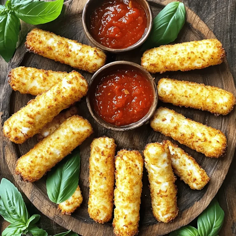 - 12 string cheese sticks - 1 cup all-purpose flour - 2 large eggs, beaten - 1 cup breadcrumbs (preferably panko for extra crunch) - 1 teaspoon garlic powder - 1 teaspoon Italian seasoning - ½ teaspoon salt - ½ teaspoon black pepper - Cooking spray - Marinara sauce for dipping (optional) Gather these ingredients before you start. The string cheese sticks are the star of this snack. They bring the gooeyness and flavor we all love. All-purpose flour helps the coating stick well. The beaten eggs act like glue. Breadcrumbs, especially panko, give that extra crunchy bite. Garlic powder and Italian seasoning add a nice kick. Salt and pepper balance out the flavors. Finally, cooking spray helps everything crisp up in the air fryer. If you like, marinara sauce is great for dipping. For the full recipe, follow the steps later in this article. You’ll love how easy it is to make these tasty treats! - Freeze the string cheese sticks for at least 1 hour. This helps them stay firm. - Set up a breading station: Place flour in one dish. In a second dish, beat two large eggs. In a third dish, mix breadcrumbs with garlic powder, Italian seasoning, salt, and pepper. - Preheat the air fryer to 390°F (200°C) for about 5 minutes. This helps cook the sticks evenly. - Spray the air fryer basket with cooking spray. This prevents sticking. - Place the breaded mozzarella sticks in a single layer in the basket. Do not overcrowd it. - Lightly spray the tops of the mozzarella sticks with cooking spray. This adds extra crispiness. - Air fry for 6-8 minutes. Flip the sticks halfway through for even cooking. They should turn golden brown. - Let the mozzarella sticks cool for a couple of minutes. This makes them easier to eat. - Serve warm with marinara sauce for dipping, if you like. Enjoy your crunchy snack! For the full recipe, check out the details above. To get an even coating on your mozzarella sticks, follow these steps: - First, freeze the string cheese sticks for at least 1 hour. This helps keep their shape. - Set up a breading station. Use three shallow dishes: one for flour, one for beaten eggs, and one for seasoned breadcrumbs. - Roll each stick in flour first. Ensure it is fully coated to help the egg stick. - Dip the floured stick into the egg. Let the excess drip off. - Finally, roll the stick in the breadcrumbs. Press gently to ensure an even coating. Chilling the mozzarella sticks is key. It helps the breading stay on during cooking. The ideal cooking temperature for air frying mozzarella sticks is 390°F (200°C). Preheat your air fryer for about 5 minutes before cooking. To ensure maximum crispiness: - Spray the air fryer basket with cooking spray to prevent sticking. - Arrange the sticks in a single layer. Do not crowd them; this ensures even cooking. - Lightly spray the tops of the sticks with cooking spray before air frying. Cook them for 6-8 minutes. Flip them halfway through for a golden brown finish. For an attractive presentation, arrange the mozzarella sticks on a platter. Garnish them with fresh basil or parsley for a pop of color. Serve alongside a small bowl of warm marinara sauce for dipping. This adds a nice touch and makes the dish more inviting. For the full recipe, check the recipe section. Enjoy your deliciously crispy air fryer mozzarella sticks! {{image_2}} To add fun flavors to your mozzarella sticks, try mixing herbs and spices into the breadcrumbs. You can use: - 1 teaspoon of smoked paprika for a smoky touch. - 1 teaspoon of cayenne pepper for a spicy kick. - 1 tablespoon of chopped fresh parsley for freshness. Mix these with the breadcrumbs before breading your cheese sticks. Each option gives a new taste! You can switch up the cheese for different tastes. Instead of string cheese, try: - Cheddar for a sharp flavor. - Pepper jack for heat. - Gouda for a creamy texture. Just make sure to freeze the cheese first. This helps keep its shape while cooking. While marinara is classic, you can explore other dips. Consider these options: - Ranch dressing for a creamy contrast. - Honey mustard for a sweet and tangy twist. - Sriracha for a fiery kick. These dips will elevate your air fryer mozzarella sticks. Enjoy mixing and matching! To store leftover mozzarella sticks, let them cool first. Place them in an airtight container. You can keep them in the fridge for 2-3 days. If you want them to last longer, freeze them. Just make sure they are not touching each other. This will keep them from sticking together. For the best texture when reheating, use an air fryer. Set it to 350°F (180°C) and heat for about 5 minutes. This method keeps them crispy. You can also use an oven. Preheat to 375°F (190°C) and bake for 10 minutes. Avoid using a microwave. It can make them soggy. If you want to freeze mozzarella sticks, do it before cooking. After breading, place them in a single layer on a baking sheet. Freeze for about 1 hour until solid. Once frozen, transfer them to a freezer bag. They will keep for up to 3 months. When ready to cook, air fry from frozen. Just add a few extra minutes to the cooking time. You can find the Full Recipe for guidance. Yes, you can prepare these mozzarella sticks ahead of time. To do this, bread the sticks as usual and then freeze them. Place the breaded sticks in a single layer on a baking sheet. Once frozen, transfer them to a zip-top bag. You can store them in the freezer for up to three months. When you're ready to enjoy them, you can cook them straight from the freezer. There’s no need to thaw, just add a minute or two to the cooking time. If you want a change from panko breadcrumbs, you have options. Regular breadcrumbs can work, but they may not give the same crunch. Crushed crackers or cornflakes are great alternatives too. For a gluten-free option, use almond flour or gluten-free breadcrumbs. Each option will give your mozzarella sticks a different texture, so feel free to experiment. You’ll know your mozzarella sticks are done when they are golden brown and crispy. Check for a nice crunch on the outside. If you see some cheese starting to ooze out, that's a good sign! The inside should be melted and gooey. Keep an eye on them as they cook. Air frying takes only 6-8 minutes, so they cook fast. Enjoy them hot for the best experience! This post covered making crispy mozzarella sticks at home. We discussed the key ingredients and step-by-step instructions. I shared tips for breading and air frying, plus ideas for flavor and presentation. Proper storage can keep leftovers tasty, and I answered common questions for you. Enjoy trying out these recipes and impressing friends and family with your skills! With practice, you’ll make perfect cheesy bites every time.