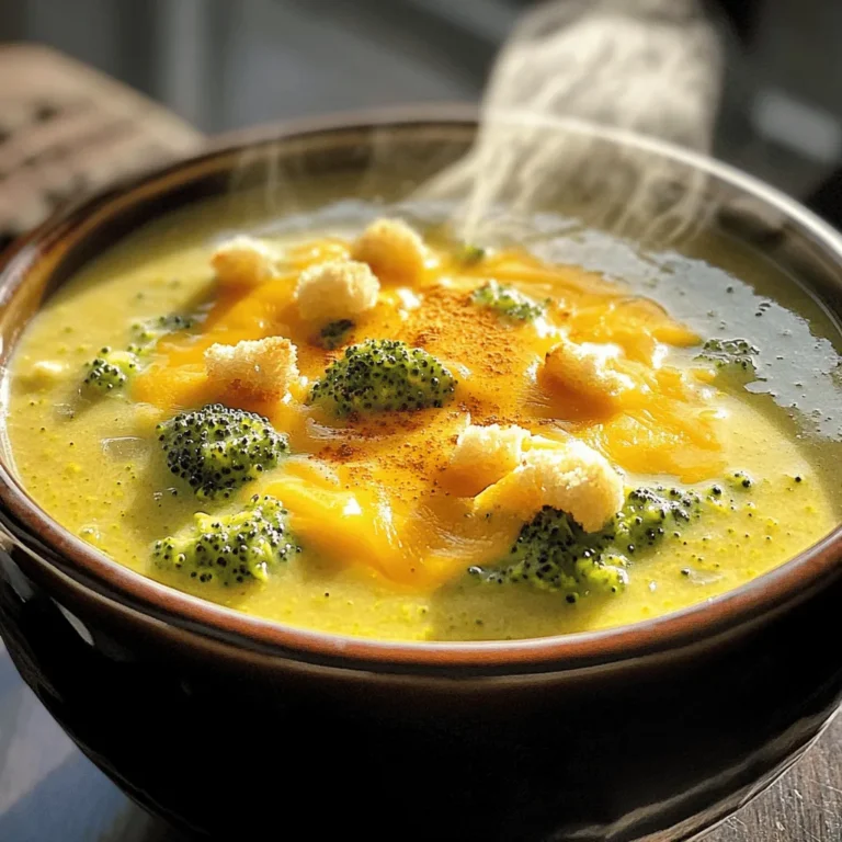 To make this easy broccoli cheddar soup, gather these simple items: - 4 cups broccoli florets - 1 cup grated sharp cheddar cheese - 1 medium onion, diced - 2 cloves garlic, minced - 4 cups vegetable broth - 1 cup heavy cream - 2 tablespoons olive oil - Salt and pepper to taste - 1 teaspoon paprika (optional) - Croutons for garnish (optional) Using fresh ingredients is key for great flavor. Look for bright green broccoli florets. The cheddar cheese should be sharp for a rich taste. Fresh garlic and onion add a nice depth. Choose high-quality vegetable broth for a strong base. Heavy cream makes the soup creamy, so opt for full-fat for the best results. If possible, buy organic products for better nutrients and taste. If you have dairy allergies, you can use plant-based cheese and coconut cream instead of heavy cream. For a gluten-free option, check that your vegetable broth is gluten-free. You can also use olive oil for cooking instead of butter if you have a dairy sensitivity. If you dislike broccoli, try this recipe with cauliflower or carrots for a different flavor. First, gather your ingredients. This soup is easy to make. You will need broccoli, cheese, onion, garlic, broth, cream, and olive oil. 1. In a large pot over medium heat, add the olive oil. 2. Once hot, sauté the diced onion for 3-4 minutes until soft. 3. Add the minced garlic and cook for 1 more minute. 4. Now, add the broccoli florets and vegetable broth to the pot. 5. Bring it to a boil, then lower the heat. 6. Let it simmer for 10-15 minutes. The broccoli should be tender. 1. Use an immersion blender to puree the soup until smooth. 2. If you do not have an immersion blender, pour the soup in batches into a standard blender. 3. Return the pureed soup to low heat. 4. Stir in the heavy cream and heat it through. Do not boil. 5. Slowly add the grated cheddar cheese, stirring until it melts. 6. Finally, season with salt, pepper, and paprika if you like. This simple process gives you a rich, creamy soup full of flavor. For the full recipe, click here. To boost the taste of your soup, try these ideas: - Use fresh herbs like thyme or parsley. - Add a splash of lemon juice for brightness. - Stir in a teaspoon of Dijon mustard for depth. These small changes can make a big difference. You can also try different seasonings. You might enjoy adding a pinch of cayenne for heat. If your soup is too thick, add more vegetable broth. Slowly stir it in until you reach your desired texture. If you prefer a thicker soup, let it simmer longer. This helps it reduce and become creamier. You can also blend in some cooked potatoes. They add creaminess without changing the flavor much. Avoid these errors to make the best soup: - Don’t cook the broccoli too long; it can turn mushy. - Be careful not to boil the soup after adding cheese. This can cause it to clump. - Always taste before you season. You may not need much salt or pepper. Learning these tips can help you make a perfect bowl every time. For the full recipe, check out the details above. {{image_2}} You can add many healthy items to your broccoli cheddar soup. Spinach is one great option. It adds extra vitamins and a nice color. Kale is another good choice. It brings a hearty texture and boosts fiber. If you want more protein, add cooked chicken or beans. They make the soup more filling too. For a nutty flavor, toss in some sunflower seeds or chopped nuts. These add crunch and help with nutrition. While sharp cheddar is classic, you have choices! Gruyère cheese melts beautifully and gives a rich taste. Monterey Jack cheese offers a mild flavor and creamy texture. For a tangy twist, try feta or goat cheese. Mix different cheeses for a unique blend. Just remember to adjust the amount of cheese based on the flavor you want. Want to spice things up? Add red pepper flakes for heat. You can also use jalapeños if you like it hot. For a smoky flavor, include a bit of smoked paprika or chipotle powder. You can even stir in some curry powder for an unexpected kick! If you prefer herbal notes, fresh thyme or rosemary can add a lovely depth. Don't hesitate to experiment and find your perfect twist! After enjoying your soup, let it cool down. Pour the leftovers into an airtight container. This keeps out air and moisture, which can spoil the soup. Store it in the fridge for up to three days. If you want it to last longer, consider freezing. To freeze, let the soup cool completely. Then, transfer it to freezer-safe bags or containers. Leave some space at the top, as soup expands when frozen. Label the bags with the date. Your soup can stay fresh for up to three months in the freezer. When you’re ready to enjoy the soup again, take it out of the fridge or freezer. For fridge leftovers, heat it in a pot over medium heat. Stir often until it warms through. If frozen, let it thaw in the fridge overnight, then heat as usual. You can also use a microwave, but stir every minute for even heating. Enjoy your creamy broccoli cheddar bliss! For the full recipe, check out the link. Broccoli cheddar soup stays fresh for about 3 to 5 days in the fridge. Store it in an airtight container. If you see any signs of spoilage, toss it out. To keep it fresh, heat only what you need. This way, the rest stays safe and tasty. Yes, you can use frozen broccoli. It is a great time-saver. Just add it directly to the pot with the broth. Frozen broccoli cooks quickly and will still taste good in the soup. It may change the texture a bit, but it will still be creamy and delicious. Yes, broccoli cheddar soup can be gluten-free. Just make sure the broth you use is gluten-free. Most vegetable broths are naturally gluten-free, but always check the label. The other ingredients, like cheese and cream, are also gluten-free. Enjoy your soup without worry! For the full recipe, visit the recipe section above. This article covered all aspects of making delicious Broccoli Cheddar Soup. We looked at key ingredients and how to choose the best ones. You learned about cooking steps, tips to boost flavor, and how to avoid common mistakes. Variations and storage options are also important to keep your soup fresh. Cooking can be fun and easy, especially with this soup. Enjoy your meals and feel free to get creative with flavors!