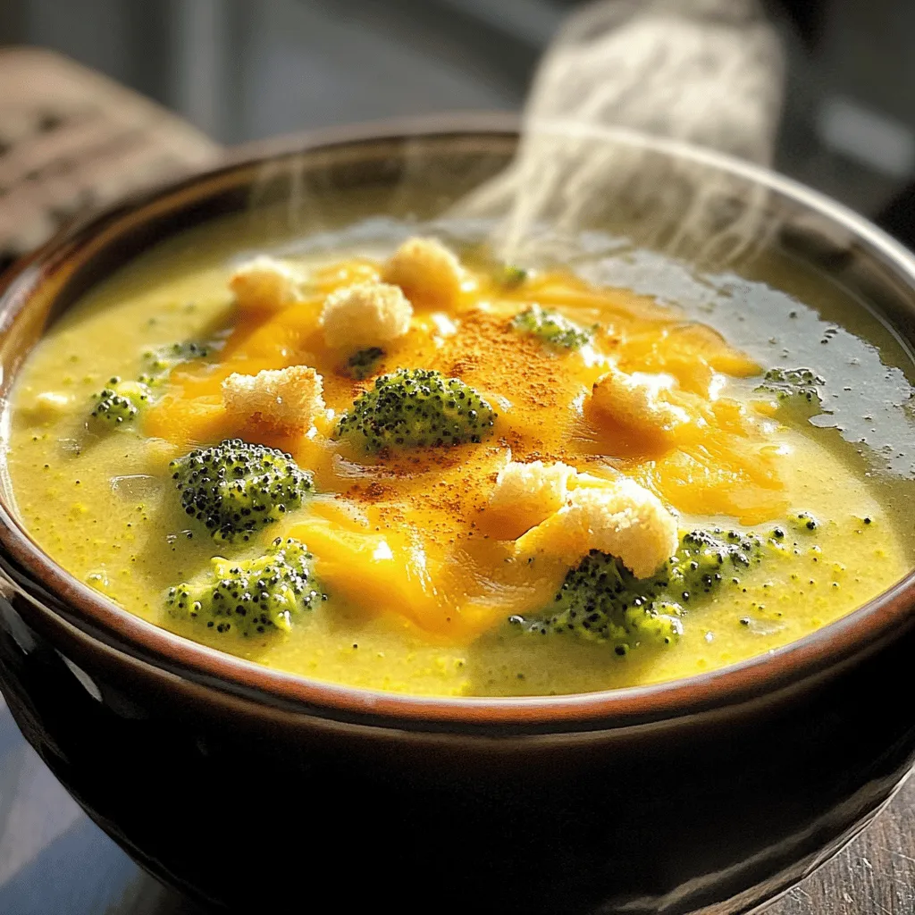 To make this easy broccoli cheddar soup, gather these simple items: - 4 cups broccoli florets - 1 cup grated sharp cheddar cheese - 1 medium onion, diced - 2 cloves garlic, minced - 4 cups vegetable broth - 1 cup heavy cream - 2 tablespoons olive oil - Salt and pepper to taste - 1 teaspoon paprika (optional) - Croutons for garnish (optional) Using fresh ingredients is key for great flavor. Look for bright green broccoli florets. The cheddar cheese should be sharp for a rich taste. Fresh garlic and onion add a nice depth. Choose high-quality vegetable broth for a strong base. Heavy cream makes the soup creamy, so opt for full-fat for the best results. If possible, buy organic products for better nutrients and taste. If you have dairy allergies, you can use plant-based cheese and coconut cream instead of heavy cream. For a gluten-free option, check that your vegetable broth is gluten-free. You can also use olive oil for cooking instead of butter if you have a dairy sensitivity. If you dislike broccoli, try this recipe with cauliflower or carrots for a different flavor. First, gather your ingredients. This soup is easy to make. You will need broccoli, cheese, onion, garlic, broth, cream, and olive oil. 1. In a large pot over medium heat, add the olive oil. 2. Once hot, sauté the diced onion for 3-4 minutes until soft. 3. Add the minced garlic and cook for 1 more minute. 4. Now, add the broccoli florets and vegetable broth to the pot. 5. Bring it to a boil, then lower the heat. 6. Let it simmer for 10-15 minutes. The broccoli should be tender. 1. Use an immersion blender to puree the soup until smooth. 2. If you do not have an immersion blender, pour the soup in batches into a standard blender. 3. Return the pureed soup to low heat. 4. Stir in the heavy cream and heat it through. Do not boil. 5. Slowly add the grated cheddar cheese, stirring until it melts. 6. Finally, season with salt, pepper, and paprika if you like. This simple process gives you a rich, creamy soup full of flavor. For the full recipe, click here. To boost the taste of your soup, try these ideas: - Use fresh herbs like thyme or parsley. - Add a splash of lemon juice for brightness. - Stir in a teaspoon of Dijon mustard for depth. These small changes can make a big difference. You can also try different seasonings. You might enjoy adding a pinch of cayenne for heat. If your soup is too thick, add more vegetable broth. Slowly stir it in until you reach your desired texture. If you prefer a thicker soup, let it simmer longer. This helps it reduce and become creamier. You can also blend in some cooked potatoes. They add creaminess without changing the flavor much. Avoid these errors to make the best soup: - Don’t cook the broccoli too long; it can turn mushy. - Be careful not to boil the soup after adding cheese. This can cause it to clump. - Always taste before you season. You may not need much salt or pepper. Learning these tips can help you make a perfect bowl every time. For the full recipe, check out the details above. {{image_2}} You can add many healthy items to your broccoli cheddar soup. Spinach is one great option. It adds extra vitamins and a nice color. Kale is another good choice. It brings a hearty texture and boosts fiber. If you want more protein, add cooked chicken or beans. They make the soup more filling too. For a nutty flavor, toss in some sunflower seeds or chopped nuts. These add crunch and help with nutrition. While sharp cheddar is classic, you have choices! Gruyère cheese melts beautifully and gives a rich taste. Monterey Jack cheese offers a mild flavor and creamy texture. For a tangy twist, try feta or goat cheese. Mix different cheeses for a unique blend. Just remember to adjust the amount of cheese based on the flavor you want. Want to spice things up? Add red pepper flakes for heat. You can also use jalapeños if you like it hot. For a smoky flavor, include a bit of smoked paprika or chipotle powder. You can even stir in some curry powder for an unexpected kick! If you prefer herbal notes, fresh thyme or rosemary can add a lovely depth. Don't hesitate to experiment and find your perfect twist! After enjoying your soup, let it cool down. Pour the leftovers into an airtight container. This keeps out air and moisture, which can spoil the soup. Store it in the fridge for up to three days. If you want it to last longer, consider freezing. To freeze, let the soup cool completely. Then, transfer it to freezer-safe bags or containers. Leave some space at the top, as soup expands when frozen. Label the bags with the date. Your soup can stay fresh for up to three months in the freezer. When you’re ready to enjoy the soup again, take it out of the fridge or freezer. For fridge leftovers, heat it in a pot over medium heat. Stir often until it warms through. If frozen, let it thaw in the fridge overnight, then heat as usual. You can also use a microwave, but stir every minute for even heating. Enjoy your creamy broccoli cheddar bliss! For the full recipe, check out the link. Broccoli cheddar soup stays fresh for about 3 to 5 days in the fridge. Store it in an airtight container. If you see any signs of spoilage, toss it out. To keep it fresh, heat only what you need. This way, the rest stays safe and tasty. Yes, you can use frozen broccoli. It is a great time-saver. Just add it directly to the pot with the broth. Frozen broccoli cooks quickly and will still taste good in the soup. It may change the texture a bit, but it will still be creamy and delicious. Yes, broccoli cheddar soup can be gluten-free. Just make sure the broth you use is gluten-free. Most vegetable broths are naturally gluten-free, but always check the label. The other ingredients, like cheese and cream, are also gluten-free. Enjoy your soup without worry! For the full recipe, visit the recipe section above. This article covered all aspects of making delicious Broccoli Cheddar Soup. We looked at key ingredients and how to choose the best ones. You learned about cooking steps, tips to boost flavor, and how to avoid common mistakes. Variations and storage options are also important to keep your soup fresh. Cooking can be fun and easy, especially with this soup. Enjoy your meals and feel free to get creative with flavors!