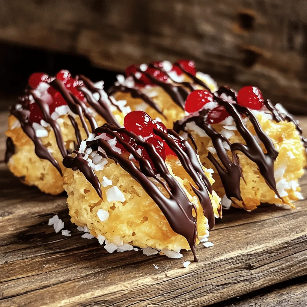 - 2 cups shredded unsweetened coconut - 1 cup sweetened condensed milk - 1/2 cup maraschino cherries, chopped These main ingredients create the base of your cherry coconut macaroons. The shredded coconut gives them a chewy texture. Sweetened condensed milk adds sweetness and binds everything together. Chopped maraschino cherries bring a burst of flavor and color. - 1/4 cup dark chocolate chips - Flavor extracts: vanilla and almond - A pinch of salt Optional ingredients can elevate your macaroons. Dark chocolate chips add a rich touch. Vanilla and almond extracts enhance the flavor profile. A pinch of salt balances the sweetness and brings out the other flavors. For the full recipe, follow the detailed instructions. Enjoy baking these tasty treats! 1. Preheat the oven and prepare baking sheets. Start by setting your oven to 325°F (160°C). This heat helps the macaroons turn golden. Line your baking sheet with parchment paper. This keeps the macaroons from sticking. 2. Mix the coconut and condensed milk. In a large bowl, combine 2 cups of shredded coconut with 1 cup of sweetened condensed milk. Add 1 teaspoon of vanilla extract, 1/4 teaspoon of almond extract, and a pinch of salt. Stir well until the coconut is coated. 1. Incorporate cherries and form mounds. Gently fold in 1/2 cup of chopped maraschino cherries. Be careful not to break them. Use a small cookie scoop or your hands to shape the mixture into small mounds, about 1 to 1.5 inches in size. 2. Placement on the baking sheet. Place the mounds on the lined sheet, leaving space between each one. This allows them to bake evenly and not stick together. 1. Bake until golden brown. Put the baking sheet in the oven. Bake for 18-20 minutes or until the edges turn golden brown. Keep an eye on them, so they don’t burn. 2. Cooling process on wire rack. Once baked, take them out and let them cool on the sheet for about 10 minutes. After that, transfer them to a wire rack to cool completely. This step makes them chewy and tasty. For the complete recipe, refer to the [Full Recipe]. Enjoy the fun of making these delicious cherry coconut macaroons! To get that perfect chew in your macaroons, focus on the coconut-to-liquid ratio. I recommend using 2 cups of shredded coconut to 1 cup of sweetened condensed milk. This balance keeps the macaroons moist but not too wet. If your mix feels too dry, add a bit more condensed milk. Even baking is key to a great texture. Make sure you space the mounds at least an inch apart on the baking sheet. This helps hot air reach all sides, giving you a nice golden color around the edges. Adding extra flavor can make a big difference. I love using a splash of vanilla or almond extract. Just a teaspoon can brighten the taste. For a special touch, try drizzling melted dark chocolate on top. It adds a rich contrast to the sweet cherries and coconut. Sometimes, your mix may be too wet or too dry. If it’s too wet, add a little more coconut. If it’s too dry, a dash of condensed milk can help. Shaping your macaroons evenly is important for even baking. Use a small cookie scoop for uniform size. If you’re using your hands, wet them slightly to prevent sticking. This way, you’ll get nice, round mounds that bake evenly. For the complete recipe, refer to the [Full Recipe]. {{image_2}} You can switch things up with flavor variations for your cherry coconut macaroons. Try a tropical twist by adding fresh pineapple. Just chop it finely and mix it in with the cherries. This adds a bright, fruity taste. Another fun option is to dip them in chocolate. Melt dark chocolate and drizzle it over the cooled macaroons. This adds a rich layer of flavor and makes them look fancy. If you need gluten-free options, you’re in luck! This recipe is already gluten-free since it uses coconut and sweetened condensed milk. For vegan alternatives, swap sweetened condensed milk with a coconut milk-based version. You can find this in many stores. Just check the label to ensure it’s dairy-free. When serving these macaroons, think about pairing them with beverages. A hot cup of coffee or a cold glass of almond milk works great. For parties, display them on a pretty platter. You can add colorful fruits around the macaroons for a nice touch. A simple garnish of mint leaves adds freshness and makes the plate pop. For the full recipe, check the details provided earlier. To keep your cherry coconut macaroons fresh at room temperature, use an airtight container. This helps keep them chewy and prevents them from drying out. You can stack them in the container, but place parchment paper between layers. This avoids sticking. Store them in a cool, dark place for up to five days. For long-term storage, freezing is the best option. Allow the macaroons to cool completely. Then, place them in a single layer on a baking sheet. Freeze them for about one hour. After that, transfer them to a freezer-safe bag or container. Make sure to remove as much air as possible. They can stay in the freezer for up to three months. When you want to enjoy them, thaw the macaroons in the fridge overnight. You can also let them sit at room temperature for a few hours. If you prefer them warm, reheat them in the oven at 300°F for about 5-10 minutes. This brings back their chewy texture. Enjoy your delicious treat anytime! For the Full Recipe, check the earlier section. Cherry coconut macaroons can last about a week at room temperature. To keep them fresh, store them in an airtight container. This helps prevent them from becoming dry. If you want them to last longer, you can freeze them. Just make sure to wrap them well. Yes, you can use fresh cherries! Just make sure to chop them small and remove the pits. Fresh cherries can add a nice tartness to the macaroons. However, they have more moisture than maraschino cherries, so reduce the sweetened condensed milk slightly. This keeps the texture just right. Macaroons and macarons are not the same. Macaroons are made with coconut and have a chewy texture. They are often shaped into mounds. Macarons are made with almond flour and have a smooth, crisp shell. They are filled with cream or ganache. Both are delightful but quite different in taste and texture! To make your macaroons chewier, use more coconut and less liquid. You can also bake them for a shorter time. This helps keep them soft and chewy inside. Another tip is to add a bit more sweetened condensed milk. This gives them a richer texture. For the full recipe, check out Cherry Coconut Macaroons. Cherry coconut macaroons are simple and fun to make. You learned about the key ingredients, such as coconut and sweetened condensed milk. We discussed steps to prepare, form, and bake your treats. I also shared tips for the perfect texture and flavor. You can customize them in many ways. Finally, remember to store them right to keep them fresh. Enjoy your baking and share these delicious treats with others!