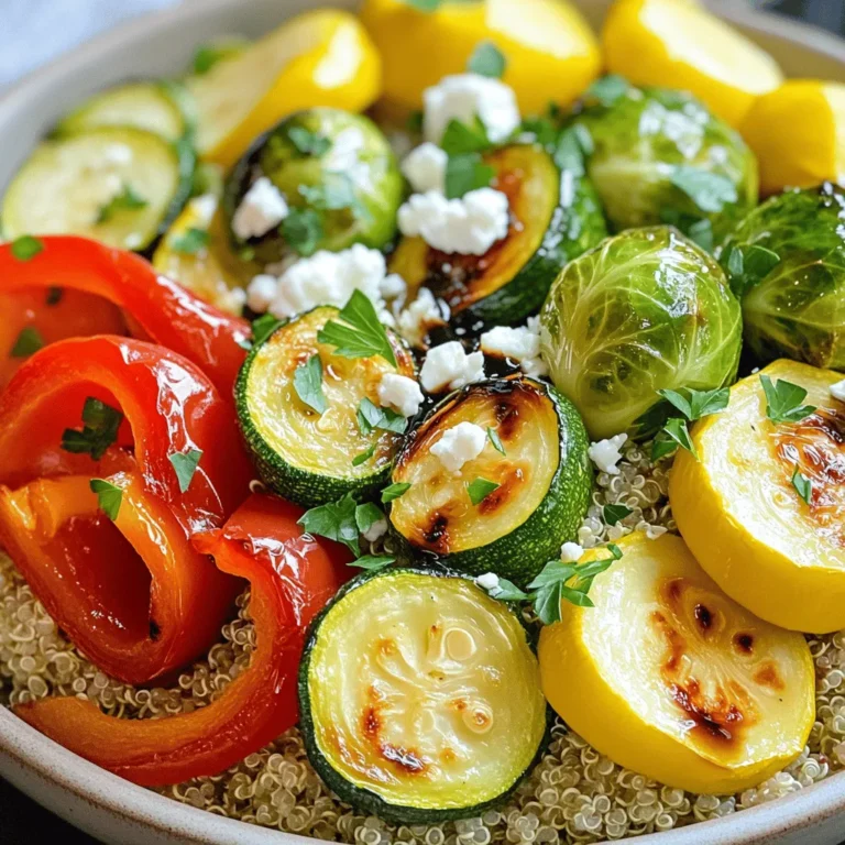 - 1 red bell pepper, diced - 1 zucchini, sliced - 1 yellow squash, sliced - 1 red onion, chopped - 2 cups Brussels sprouts, halved - 3 tablespoons balsamic vinegar - 2 tablespoons olive oil - 2 cloves garlic, minced - 1 teaspoon dried oregano - 1 teaspoon thyme - Salt and pepper to taste - 1 cup quinoa, cooked - 1/4 cup feta cheese, crumbled (optional) - Fresh parsley, chopped for garnish All these ingredients come together to create a colorful, tasty dish. I love using fresh vegetables because they are full of flavor and nutrients. The red bell pepper adds sweetness, while the zucchini and yellow squash bring a soft texture. Red onion gives a nice bite, and Brussels sprouts add a hearty touch. For flavor, balsamic vinegar shines. It has a rich taste that balances the veggies perfectly. Olive oil adds a lovely richness. Garlic, oregano, and thyme give depth and warmth. The salt and pepper tie everything together, making sure each bite is flavorful. When it comes to additional ingredients, cooked quinoa serves as a healthy base. It is high in protein and fills you up. Feta cheese is optional but offers a creamy, tangy kick. Fresh parsley adds a bright touch, making your bowl look and taste fresh. For the full recipe, check out the complete guide. - Preheat the oven to 425°F (220°C). - Chop the vegetables: dice the red bell pepper, slice the zucchini and yellow squash, and chop the red onion. Halve the Brussels sprouts for even cooking. - In a small bowl, mix 3 tablespoons of balsamic vinegar, 2 tablespoons of olive oil, and minced garlic from 2 cloves. - Add 1 teaspoon of dried oregano, 1 teaspoon of thyme, and sprinkle salt and pepper to taste. Whisk until combined. - Toss the chopped veggies in the balsamic mixture. Ensure every piece is well-coated. - Spread the veggies evenly on a baking sheet lined with parchment paper. - Roast the veggies in your preheated oven for 20-25 minutes. Stir them halfway through for even browning. - While the veggies roast, cook 1 cup of quinoa. Follow the package instructions for perfect results. - Typically, you will rinse the quinoa, boil it with water in a pot, and then simmer until fluffy. - Start with a scoop of cooked quinoa at the bottom of each bowl. - Top it with the roasted veggies. - If you like, sprinkle with crumbled feta cheese and add fresh parsley for garnish. For the complete recipe, refer to the Full Recipe section. To make your vegetables shine, aim for caramelization. This sweetens their flavor and adds depth. Cut your veggies into even sizes. This ensures they cook at the same rate. For best results, use a high oven temp, like 425°F. Stir your veggies halfway through roasting. This helps them brown evenly. You want them to be tender and slightly crispy. Keep an eye on them to avoid burning. Feel free to mix in herbs or spices. Rosemary, basil, or even a pinch of chili flakes can add flair. Experiment with flavors to match your taste. You can also use different vegetables. Carrots, sweet potatoes, or even cauliflower work great. Each adds its unique taste and texture. For meal prep, cut your vegetables ahead of time. Store them in an airtight container in the fridge. This saves you time during busy weekdays. Pair your bowls with protein for a complete meal. Grilled chicken, chickpeas, or tofu make excellent choices. You can also serve them with a fresh salad on the side. For the full recipe, check the earlier section. {{image_2}} To keep your Balsamic Roasted Veggie Bowls fresh, store leftovers right away. Place them in the fridge within two hours of cooking. Use airtight containers to avoid moisture loss. Glass containers are great because they don’t stain and are easy to clean. When it’s time to eat again, you want your veggies warm but not soggy. The best way to reheat them is in the oven. Preheat the oven to 350°F (175°C) and spread the veggies on a baking sheet. Heat for about 10-15 minutes. This method keeps their crispness and flavor. You can also use a microwave, but be careful not to overheat. Heat in short bursts and stir often. In the fridge, your leftovers will last about 3 to 5 days. If you want to keep them longer, consider freezing. When frozen, they can last up to 3 months. Just make sure to use freezer-safe containers. When ready to eat, thaw them in the fridge overnight before reheating. Enjoy your healthy meal again with ease! Roasted vegetables pack a punch of nutrients. Each veggie brings its own benefits. For example, red bell peppers are high in vitamin C. Brussels sprouts are great for fiber and vitamin K. Zucchini and squash offer hydration and antioxidants. This meal is low in calories but high in vitamins. It gives you energy without filling you up too much. Quinoa is a superfood for many reasons. It is rich in protein. In fact, it has all nine essential amino acids. This makes it a great choice for vegetarians. Plus, quinoa is gluten-free. This means it fits into many diets. It helps keep you full and satisfied while adding texture. This dish is perfect for a balanced diet. It includes a variety of veggies and quinoa. This makes it nutrient-rich and hearty. You can easily adjust it for other diets too. Add more protein by including beans or nuts. It fits well into vegan, vegetarian, and gluten-free diets. So, anyone can enjoy it! Check out the Full Recipe for all the details. You can easily swap out veggies to match your taste. Try using: - Carrots, sliced - Sweet potatoes, cubed - Broccoli florets - Cauliflower, chopped - Eggplant, diced Mix and match to find your favorite combo. Each vegetable brings its own flavor and texture. This way, your bowls stay exciting and fresh. Yes, you can prep your Balsamic Roasted Veggie Bowls in advance. Here’s how: - Chop the veggies and store them in the fridge for up to 2 days. - Make the balsamic mixture and keep it in a separate container. - Cook the quinoa and store it in the fridge for 3-5 days. When you’re ready, just roast the veggies and combine everything. This method saves time and keeps your meals healthy. You can pair these bowls with various sides or proteins. Consider serving with: - Grilled chicken or tofu for added protein - A side salad for extra crunch - Hummus or tzatziki for dipping These pairings enhance flavors and make your meal more balanced. Enjoy mixing and matching to find your perfect plate! This blog post covers how to make delicious Balsamic Roasted Veggie Bowls. We discussed the best fresh vegetables, tasty flavorings, and options for adding quinoa and feta cheese. I shared easy step-by-step instructions, helpful tips, and ways to store leftovers. These bowls are not only tasty but also healthy, making them perfect for any diet. Remember, you can customize the veggies to suit your taste. Enjoy creating your own version of this colorful dish and savor all its benefits!
