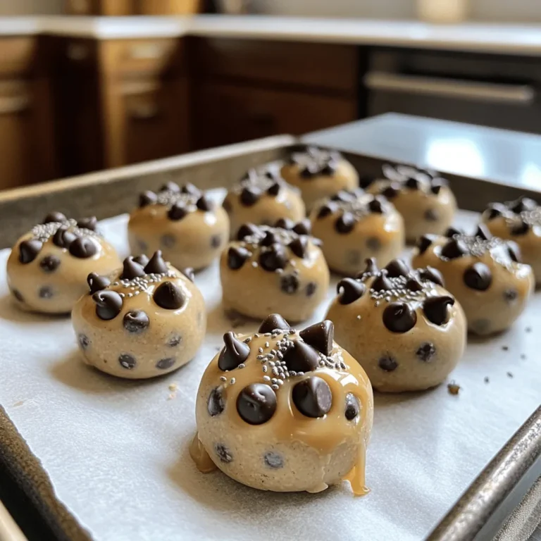To make No-Bake Cookie Dough Bites, you need simple and tasty ingredients. Here’s what you’ll need: - 1 cup almond flour - 1/2 cup creamy almond butter (or peanut butter) - 1/4 cup maple syrup - 1 teaspoon vanilla extract - 1/4 teaspoon salt - 1/2 cup mini chocolate chips - 2 tablespoons chia seeds (optional for added crunch) Each ingredient plays a key role. Almond flour gives a nice base. Almond butter adds creaminess. Maple syrup brings sweetness. Vanilla enhances flavor. Salt balances all the tastes. Chocolate chips add joy in every bite. You can jazz up your bites with some fun extras. Here are a few ideas: - Dried fruits like cranberries or raisins - Nuts such as chopped walnuts or pecans - Coconut flakes for a tropical twist - Protein powder for a health boost Adding these can change the style and taste. Mix and match to find your favorite combo! If you have allergies or dietary needs, you can swap ingredients easily. Instead of almond flour, use oat flour or coconut flour. If you want a nut-free option, try sunflower seed butter. For a vegan version, ensure your chocolate chips are dairy-free. These swaps keep the treats safe and delicious for everyone. To start, gather your ingredients. You will need almond flour, almond butter, maple syrup, vanilla extract, salt, mini chocolate chips, and chia seeds if you want some crunch. In a large bowl, mix the almond flour and almond butter first. Then, add the maple syrup, vanilla extract, and salt. Stir well until everything blends into a smooth dough. It should feel soft and slightly sticky. Now, fold in the mini chocolate chips and chia seeds. Make sure they spread evenly throughout the dough. Once your dough is ready, it's time to shape it. Take small portions of the mixture. Use your hands to roll them into balls, about one inch in size. Place these balls on a baking sheet lined with parchment paper. This step is fun and lets you see how many bites you can make. Aim for uniform balls for even chilling later. After shaping, it's chill time! Place the baking sheet in the fridge for at least 30 minutes. This helps the bites firm up and makes them easier to eat. Once chilled, enjoy them right away or store any extras in an airtight container. They will stay fresh in the fridge for about a week. These no-bake cookie dough bites are a tasty snack anytime. For the full recipe, check the previous section. When making no-bake cookie dough bites, avoid using dry almond flour. It can make your bites crumbly. Use fresh, creamy almond butter. If it's too thick, your bites won't hold together well. Don't skip the chilling step. If you skip it, your bites may fall apart when you eat them. Lastly, don't overmix the dough. Mixing too much can make the bites dense. You can change these cookie dough bites easily. Swap almond butter for peanut butter or sun butter for a nut-free option. Add different mix-ins like dried fruit, nuts, or even protein powder. Want a flavor boost? Try adding cocoa powder or spices like cinnamon. You can also roll them in crushed nuts or coconut for added texture. To make the process smooth, gather a few handy tools. A large mixing bowl helps you combine all ingredients. A spatula is great for scraping down the sides. Use a cookie scoop for even-sized bites. This keeps them uniform and makes rolling easier. Finally, have parchment paper ready for your baking sheet. It prevents sticking and makes cleanup a breeze. For the full recipe, check out the detailed instructions above. {{image_2}} You can mix up the flavors in your no-bake cookie dough bites. Try adding different nut butters, like cashew or sunflower seed butter. Each nut butter gives a unique taste. You can also swap in different sweeteners, like honey or agave syrup, for a new twist. For a fun chocolate flavor, add cocoa powder to the mix. You could even use white chocolate chips or butterscotch chips instead of mini chocolate chips. If you have allergies or follow a special diet, you can still enjoy these bites. For a nut-free option, use sunflower seed butter instead of almond butter. You can replace almond flour with oat flour or coconut flour. Always check for gluten-free versions of these flours if needed. If you want to avoid added sugars, try using mashed bananas or unsweetened applesauce in place of maple syrup. Make your cookie dough bites festive for any holiday. During autumn, add pumpkin spice or chopped nuts for a fall feel. For winter holidays, mix in crushed peppermint or cinnamon. You can even roll the bites in crushed candy canes for a fun touch. In summer, add dried fruits like cranberries or apricots for a fresh twist. Each season brings a chance to create something special. After you make your no-bake cookie dough bites, let them cool. Place them in an airtight container. This keeps them fresh and tasty. You can store these bites in the fridge for up to a week. If you have leftovers, this method works great. Just make sure the lid is on tight to avoid drying out. If you want to keep your cookie dough bites for longer, freezing is a smart choice. To freeze, place the bites on a baking sheet first. Make sure they are not touching. Freeze them for about an hour. After they are firm, transfer them to a freezer bag. Label the bag with the date. These bites can last for up to three months in the freezer. When you want to eat them, just take out a few and let them thaw in the fridge. Fresh no-bake cookie dough bites taste amazing. They are soft and creamy right after chilling. However, stored bites still taste good. They may be a bit firmer but still delicious. You can eat them cold or let them sit at room temperature for a bit. Both ways are enjoyable. For the best taste, try to eat them within a week of making them. For the full recipe, visit the link provided. Yes, you can make these bites vegan! Simply swap almond butter for a nut-free option, like sunflower seed butter. Use maple syrup, which is plant-based, and ensure your chocolate chips are dairy-free. If you need a substitute for almond flour, try oat flour or coconut flour. Both options work well. Just note that coconut flour absorbs more moisture, so you may need to adjust the liquid in your recipe. These cookie dough bites can last up to a week in the fridge. Store them in an airtight container to keep them fresh. If you want to save them longer, freeze them! To add protein, mix in protein powder or some nut butter. You can also add chia seeds or hemp seeds for extra nutrition. This makes your snack not just tasty but also filling! For the Full Recipe, check out the complete details to make these delicious bites. You now have all the tools to make delicious No-Bake Cookie Dough Bites. From essential ingredients to step-by-step instructions, I've shared tips to avoid mistakes and customize your treats. Knowing how to store them properly ensures they stay fresh and tasty. These bites are fun to make and perfect for sharing. So grab your tools, get creative with flavors, and enjoy a sweet treat anytime!
