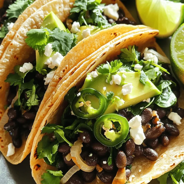 To make spicy black bean tacos, gather these main ingredients: - 1 can (15 oz) black beans, drained and rinsed - 1 tablespoon olive oil - 1 small onion, diced - 2 cloves garlic, minced - 1 jalapeño, deseeded and minced - 1 teaspoon ground cumin - 1 teaspoon smoked paprika - 1/2 teaspoon cayenne pepper (adjust for spice level) - Salt and pepper to taste - 8 small corn tortillas - 1 cup fresh spinach, chopped - 1 avocado, sliced - 1/2 cup crumbled feta cheese - Fresh cilantro for garnish - Lime wedges for serving These ingredients create a mix of flavors. The black beans give protein and texture. The spices add warmth and depth. The fresh toppings bring brightness. You can customize your tacos with these optional toppings: - Diced tomatoes - Shredded lettuce - Sliced radishes - Sour cream or yogurt - Hot sauce for extra heat Adding these toppings makes the tacos more fun and flavorful. Mix and match to find your favorite blend. If you lack some ingredients, here are easy substitutions: - Use canned chickpeas instead of black beans for a different bean option. - Swap olive oil for any cooking oil you have on hand. - Use red onion instead of yellow for a milder taste. - No jalapeño? Try a pinch of red pepper flakes for some heat. - For a dairy-free option, skip the feta cheese or use a plant-based alternative. These substitutions keep the dish tasty while allowing flexibility. You can still enjoy delicious spicy black bean tacos! Check out the Full Recipe for detailed cooking steps. Start by gathering all your ingredients. This makes cooking easier. You’ll need: - 1 can (15 oz) black beans, drained and rinsed - 1 tablespoon olive oil - 1 small onion, diced - 2 cloves garlic, minced - 1 jalapeño, deseeded and minced - 1 teaspoon ground cumin - 1 teaspoon smoked paprika - 1/2 teaspoon cayenne pepper (adjust for spice level) - Salt and pepper to taste - 8 small corn tortillas - 1 cup fresh spinach, chopped - 1 avocado, sliced - 1/2 cup crumbled feta cheese - Fresh cilantro for garnish - Lime wedges for serving Chop the onion, garlic, and jalapeño finely. This helps them mix well. Rinsing the black beans is key. It removes extra salt and makes them fresh. Heat a medium pan over medium heat and add the olive oil. Wait until it shimmers. Then, add the diced onion. Cook for about 3-4 minutes until it becomes soft. Next, add the minced garlic and jalapeño. Sauté for another 1-2 minutes. The kitchen will smell great! Once fragrant, stir in the black beans, ground cumin, smoked paprika, cayenne, salt, and pepper. Mix this well. Cook for 5-7 minutes, stirring often. You want the beans to warm up and soak in the spices. While the filling cooks, warm the corn tortillas. You can use a pan or heat them over low flame. A few seconds on each side is enough. This makes them soft and easy to fold. Now, it’s time to build your tacos. Take a warm tortilla and add a generous spoonful of the black bean filling. On top, layer the chopped spinach, sliced avocado, and crumbled feta cheese. Finally, garnish with fresh cilantro. Serve with lime wedges on the side for added zest. Enjoy these tasty spicy black bean tacos! For the full recipe, check the details above. To boost the flavor of your spicy black bean tacos, try adding lime juice. A squeeze of fresh lime brightens up the dish. You can also add fresh herbs like cilantro or parsley for a fresh taste. If you like extra heat, consider adding diced chipotle peppers in adobo sauce. They add a smoky flavor that pairs well with the beans. To get the best texture for your tacos, warm the tortillas properly. Heat them in a dry pan over medium heat for about 30 seconds per side. This step makes them soft and pliable. You can also place them in a clean kitchen towel to keep them warm while you cook. For an extra touch, try toasting them until slightly crispy for added crunch. When serving your spicy black bean tacos, think about sides that complement them. A simple salad with mixed greens works well. You could also serve some fresh guacamole or a zesty salsa on the side. For a drink, a cool lemonade or a light beer pairs nicely. Finally, don’t forget to offer lime wedges for squeezing over the tacos. For the complete process, check the Full Recipe. {{image_2}} You can easily make these tacos vegetarian or vegan. Simply skip the feta cheese and use a plant-based cheese. This keeps the dish creamy and rich without dairy. You might also add more veggies, like bell peppers or zucchini, for extra flavor. Consider using cashew cream as a topping for a vegan twist. To make these tacos gluten-free, choose corn tortillas. Many brands are naturally gluten-free. Always check the label to be sure. You can also use lettuce leaves instead of tortillas for a fresh, crunchy wrap. This option is light and very low in carbs. Adjusting spice is simple. If you like heat, keep the jalapeño and cayenne pepper as is. For milder tacos, remove the seeds from the jalapeño. You can also reduce or skip the cayenne pepper. Another option is to add a dollop of sour cream or yogurt to cool things down. To keep leftover tacos fresh, store them in an airtight container. Place the taco filling and tortillas in separate containers. This helps prevent sogginess. Let the filling cool before sealing. You can store it in the fridge for up to three days. Reheat the taco filling in a pan over medium heat. Stir it often to warm it evenly. This should take about five minutes. For tortillas, warm them in a dry pan for about 30 seconds on each side. This will make them soft again. If you want to freeze the filling, let it cool completely first. Then, put it in a freezer-safe bag or container. It can last up to three months in the freezer. When you are ready to eat, thaw it in the fridge overnight and reheat as mentioned. Enjoy these tasty tacos later with ease! For the full recipe, check the details provided above. You can pair these tacos with various sides for a full meal. Here are some tasty options: - Mexican rice for a filling side. - Simple corn salad to add freshness. - Chips and salsa for a crunchy snack. - A green salad to balance flavors. - Guacamole for extra creaminess. These sides will enhance your taco experience and satisfy your guests. Yes, you can prepare parts of these tacos ahead of time. Cook the black bean filling in advance. Store it in an airtight container in the fridge for up to three days. You can also warm the tortillas just before serving. This way, you save time and can enjoy the meal with friends or family. To tone down the heat in your tacos, try these tips: - Use less jalapeño or leave it out. - Reduce cayenne pepper to a pinch or skip it. - Add more avocado or sour cream for cooling effects. - Serve with lime wedges on the side to balance the heat. These adjustments make the dish friendlier for those who prefer milder flavors. Enjoy your meal! For the full recipe, check the section above. Spicy black bean tacos are easy and fun to make. We’ve covered the main ingredients, tasty toppings, and swaps you can try. I shared step-by-step cooking tips and ways to enhance flavor. You learned different variations to fit your diet and storage tips to keep leftovers fresh. Remember, cooking is all about enjoying the process. Experiment and find what you love. Enjoy these tacos, and share them with friends!