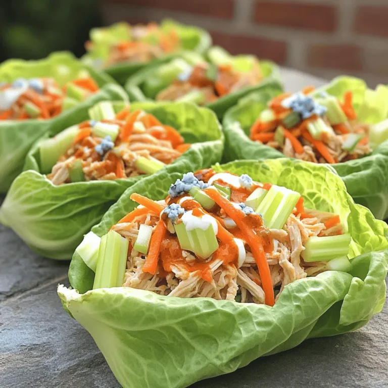 - 2 cups cooked chicken, shredded - 1/2 cup buffalo sauce - 1/4 cup cream cheese, softened - 1/4 cup ranch dressing - 1 celery stalk, finely chopped - 1 carrot, shredded - 1/4 cup green onions, chopped - 1 head of Romaine lettuce, leaves separated - Optional: crumbled blue cheese for garnish These ingredients create a bold flavor and satisfying crunch. The cooked chicken gives protein, while the buffalo sauce adds heat. Cream cheese gives a smooth texture, balancing the spice. Ranch dressing cools the dish down. Celery adds crunch, and carrots bring sweetness. Green onions give freshness and color. - Mixing bowl - Spoon - Knife and cutting board You need basic kitchen tools to make these wraps. A mixing bowl helps combine the ingredients. Use a spoon to mix evenly. A knife and cutting board help chop veggies quickly and safely. - Calories per serving: Approximately 250 - Macronutrient breakdown: - Protein: 20g - Carbohydrates: 8g - Fat: 16g These wraps are a great choice for a healthy meal. They pack protein without too many carbs. The fat comes from cream cheese and dressing, adding flavor without too much guilt. You can find the full recipe in this article to get started! 1. First, take your cooked chicken and shred it. 2. In a medium bowl, mix the shredded chicken with the buffalo sauce. 3. Make sure the chicken is well coated in the sauce. 4. Next, add the softened cream cheese to the bowl. 5. Mix until the cream cheese blends into the chicken. 1. Now, add the ranch dressing to the chicken mixture. 2. Chop the celery and add it to the bowl. 3. Shred the carrot and mix it in as well. 4. Finally, add the chopped green onions and stir well. 1. Take a Romaine lettuce leaf and place it on a plate. 2. Spoon a generous amount of the buffalo chicken mixture into the center. 3. If you like blue cheese, sprinkle it on top for extra flavor. 4. Wrap the sides of the lettuce leaf around the filling like a taco. 5. Enjoy your tasty Buffalo Chicken Lettuce Wraps right away! For a complete list of ingredients and steps, check out the Full Recipe. You can use rotisserie chicken or poached chicken for this recipe. Rotisserie chicken saves time. It adds a nice flavor and is easy to shred. Just pull off the meat and toss it in your bowl. Poached chicken offers a fresh taste. Simply boil chicken breasts until done, then shred. Both options work well, so choose what you like best. Buffalo sauce can be very spicy. If you prefer milder flavors, use less sauce. You can also mix in more cream cheese or ranch dressing. This helps tone down the heat. For a spicier kick, add more buffalo sauce. You can even sprinkle in some cayenne pepper or hot sauce if you dare! These wraps are great on their own, but sides can enhance your meal. Try serving with celery sticks or carrot sticks for crunch. Hummus or a creamy dip pairs well too. You can also add a fresh salad for balance. This makes your meal colorful and tasty. {{image_2}} You can switch up the flavor with different sauces. BBQ sauce gives a smoky taste. Teriyaki sauce adds a sweet twist. Just replace the buffalo sauce in the recipe with your choice. This change keeps things fresh and exciting. If you want to change the protein, turkey works well. It has a mild flavor that takes on sauce nicely. Tofu is another great option for a vegetarian choice. Just use firm tofu and crumble it. This makes the dish lighter and still packed with flavor. Toppings can elevate your wraps. Slices of avocado add creaminess. Jalapeños bring heat if you like spice. Chopped bell peppers add crunch and color. Feel free to mix and match these toppings to make your wraps unique and tasty. To keep your buffalo chicken filling fresh, place it in an airtight container. Store it in the fridge for up to three days. Make sure the filling cools before sealing it. If it is warm, moisture builds up inside the container. This can spoil the filling quickly. You can freeze the chicken mixture for up to three months. First, let it cool completely. Then, portion it into freezer bags or airtight containers. Remove as much air as you can before sealing. Label the bags with the date to keep track. To reheat, place the chicken mixture in a microwave-safe bowl. Heat it in short bursts, stirring in between. This helps it warm evenly. You can also use a pan on low heat. Stir often until it is heated through. Enjoy it fresh on your lettuce wraps! For the full recipe, check out the details above. Yes, you can! While Romaine lettuce works well, you have other options. Butter lettuce offers a soft, tender leaf. Iceberg lettuce provides a nice crunch. You could also try green leaf or red leaf lettuce for a pop of color. Each type adds a unique texture and flavor to your wraps. Just ensure the leaves are large enough to hold the filling. To make Buffalo Chicken Lettuce Wraps dairy-free, swap out the cream cheese and ranch dressing. Use a dairy-free cream cheese made from nuts or soy. For ranch dressing, you can use a vegan version or mix olive oil, vinegar, and herbs. These swaps keep the flavors vibrant and rich without dairy. These wraps pair well with many sides. Try carrot sticks or celery for a crunchy complement. You can also serve them with a light salad or fruit. If you want something warm, a bowl of soup works nicely. These options balance the spice and add variety to your meal. This blog post covered everything you need to make tasty Buffalo Chicken Lettuce Wraps. We discussed key ingredients, tools, and step-by-step tips to help you succeed. I also shared ways to customize your wraps and how to store the leftovers. These wraps are fun, healthy, and versatile. They fit many tastes and meal plans. With the right mix of flavors, your wraps will impress everyone. Enjoy making and sharing this easy dish!