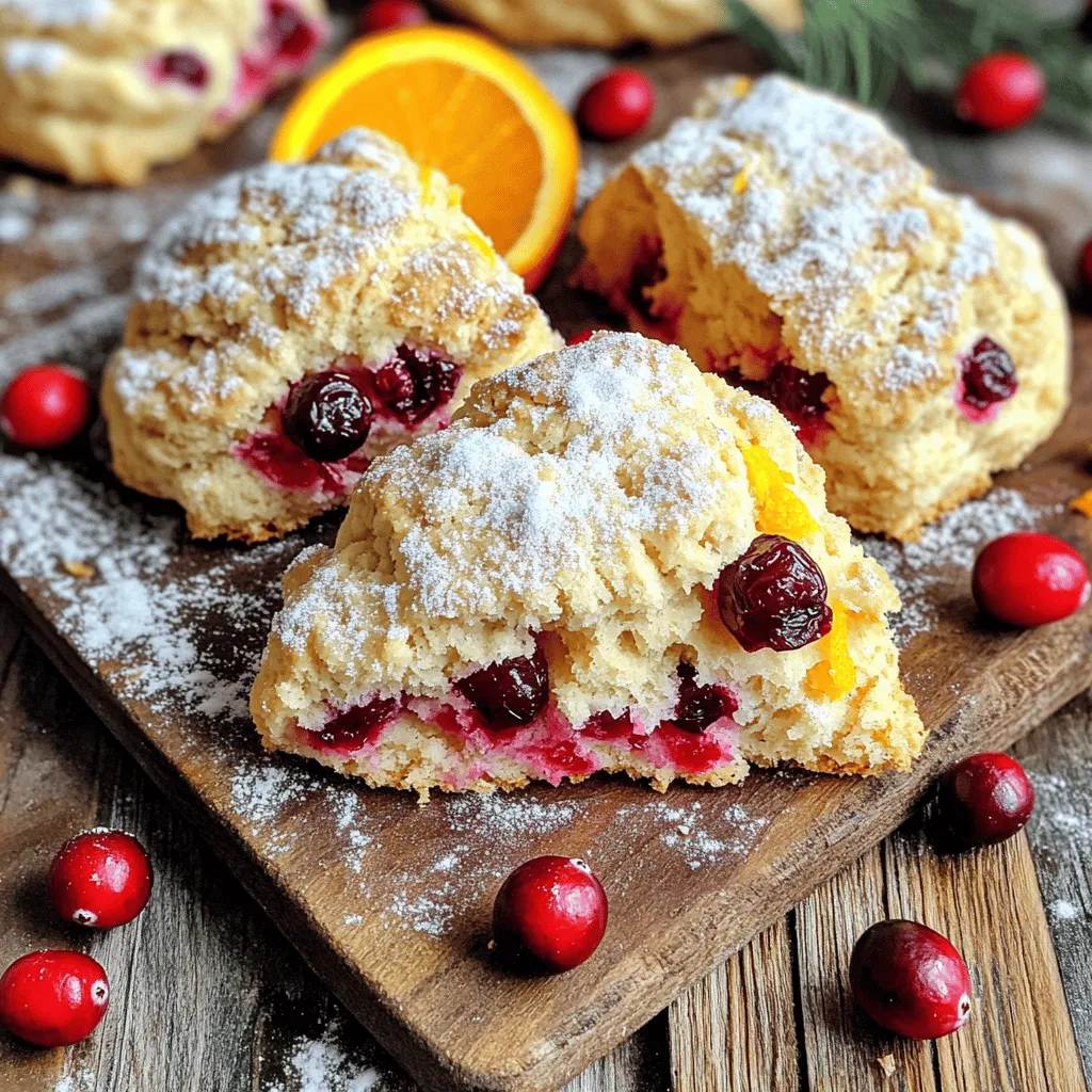 - 2 cups all-purpose flour - 1/2 cup granulated sugar - 1 tablespoon baking powder - 1/2 teaspoon salt - 1/2 cup unsalted butter, cold and cubed - 3/4 cup fresh cranberries, chopped - Zest of 1 orange - 1/2 cup buttermilk (or milk with 1/2 tablespoon lemon juice) - 1 large egg - 1 teaspoon vanilla extract - Optional: coarse sugar for sprinkling If you need to swap some ingredients, here are a few ideas: - Use whole wheat flour instead of all-purpose flour. - Swap granulated sugar for brown sugar for a deeper flavor. - If you don't have buttermilk, mix regular milk with vinegar or lemon juice. - You can use frozen cranberries if fresh ones aren't available. Using fresh ingredients makes a big difference in flavor. Fresh cranberries add a tart taste that balances the sweetness. The zest of the orange brings a bright, citrus note that lifts the entire dish. When you use fresh butter, you'll get a richer texture in your scones. Always choose the best ingredients you can find. This will make your cranberry orange scones truly shine. For the complete recipe, check out the Full Recipe section. 1. Preheat your oven to 400°F (200°C). Line a baking sheet with parchment paper. 2. In a large mixing bowl, whisk together: - 2 cups all-purpose flour - 1/2 cup granulated sugar - 1 tablespoon baking powder - 1/2 teaspoon salt 3. Add the cold, cubed butter (1/2 cup) to the dry mixture. Use a pastry cutter or your fingers to crumble the butter into the flour until it looks like small peas. 4. Fold in the chopped cranberries (3/4 cup) and the zest of 1 orange. Make sure they are spread out evenly. 5. In a separate bowl, whisk together: - 1/2 cup buttermilk (or milk with 1/2 tablespoon lemon juice) - 1 large egg - 1 teaspoon vanilla extract 6. Pour the wet mix into the dry mix. Stir gently until just combined. Do not overmix; a few lumps are okay. 7. Transfer the dough to a floured surface. Gently knead it a few times until it comes together. 8. Pat the dough into a circle about 1 inch thick. Cut the dough into 8 wedges using a sharp knife or pizza cutter. 9. Place the scones on the baking sheet. If you like, sprinkle tops with coarse sugar for extra sweetness. 10. Bake for 15-20 minutes until golden brown. 11. Remove from the oven and let them cool slightly on the baking sheet. Then, move to a wire rack to cool completely. You can find the full recipe to follow these steps easily! To get the best texture, use cold butter. This keeps the scones flaky. Cut the butter into small cubes. Mix it into the flour until it looks like small peas. Baking time and temperature are key. Set your oven to 400°F (200°C). Bake for 15 to 20 minutes. They should be golden brown on top. For spreads, butter is classic. Cream cheese adds a nice touch too. You can also try orange marmalade. For presentation, serve warm scones on a nice plate. Add a few extra cranberries and a slice of orange. This makes it look pretty and inviting. One big mistake is overmixing the dough. Mix just until it comes together. A few lumps are okay. Another mistake is not using cold butter. Room temperature butter makes the scones dense. Always use cold butter for the best results. For the full recipe, visit the link provided. {{image_2}} To make your cranberry orange scones even better, try adding nuts or chocolate chips. Pecans or walnuts add a nice crunch and flavor. Chocolate chips bring a sweet twist that works well with the tart cranberries. You can also switch up the citrus. Try lemon, lime, or grapefruit zest for a new taste. If you need a gluten-free option, use gluten-free flour blends. These blends often work well in scone recipes. Look for blends that include rice flour and almond flour for the best results. Always check the package for best practices when baking. You can also create sweet or savory scones. For a savory twist, think about adding cheese or herbs. Sharp cheddar adds a rich flavor, while fresh rosemary or thyme can give you a lovely aroma. Mixing sweet and savory can make your scones unique and fun to serve. Check out the Full Recipe for more ideas! Store your scones in an airtight container. This keeps them fresh. You can keep them at room temperature for up to two days. If you want to keep them longer, use the fridge. Refrigerated scones stay good for about a week. Just remember, refrigeration can change their texture. They may not be as soft as when fresh. You can freeze scones before or after baking. To freeze before baking, shape the dough into wedges. Place them on a baking sheet and freeze until firm. Then, transfer the wedges to a freezer bag. This way, you can bake fresh scones anytime. If you freeze them after baking, let them cool first. Wrap each scone in plastic wrap, then place them in a bag. Frozen scones can last for up to three months. To warm scones, use the oven or microwave. For the oven, preheat it to 350°F (175°C). Place the scones on a baking sheet for about 10 minutes. This helps restore their crisp edges. If using a microwave, heat each scone for about 15 seconds. Be careful not to overheat, or they may get tough. Enjoy your scones warm for the best flavor! For the full recipe, check the section above. To make scones fluffier, focus on a few key steps. First, use cold butter. This helps create steam as it melts, which lifts the dough. Second, mix your dough gently. Overmixing can lead to tough scones. Finally, ensure your baking powder is fresh; this provides the lift you need. You can also add a bit more buttermilk for moisture, which helps in making them rise. Yes, you can substitute dried cranberries if fresh ones are not available. However, dried cranberries will change the texture and flavor. They are sweeter and do not add the same tartness as fresh ones. If you use dried cranberries, consider reducing the sugar in your recipe to balance the sweetness. You can also add a bit of orange juice to keep some of that citrus flavor. Cranberry orange scones stay fresh for about two days at room temperature. Store them in an airtight container to keep them soft. If you want to keep them longer, freeze them. They can last up to three months in the freezer. To enjoy them later, simply reheat them in the oven. This will help restore their fresh-baked texture. For the full recipe, check out the Cranberry Citrus Bliss Scones section. In this post, I covered how to make delicious cranberry orange scones. We discussed the essential ingredients, step-by-step instructions, and tips for great results. Remember, using fresh ingredients really makes a difference. Avoid common mistakes like overmixing. You can add your own twist with nuts or spices. Enjoy these scones fresh or try freezing them for later. No matter how you serve them, your scones will impress everyone. Happy baking!