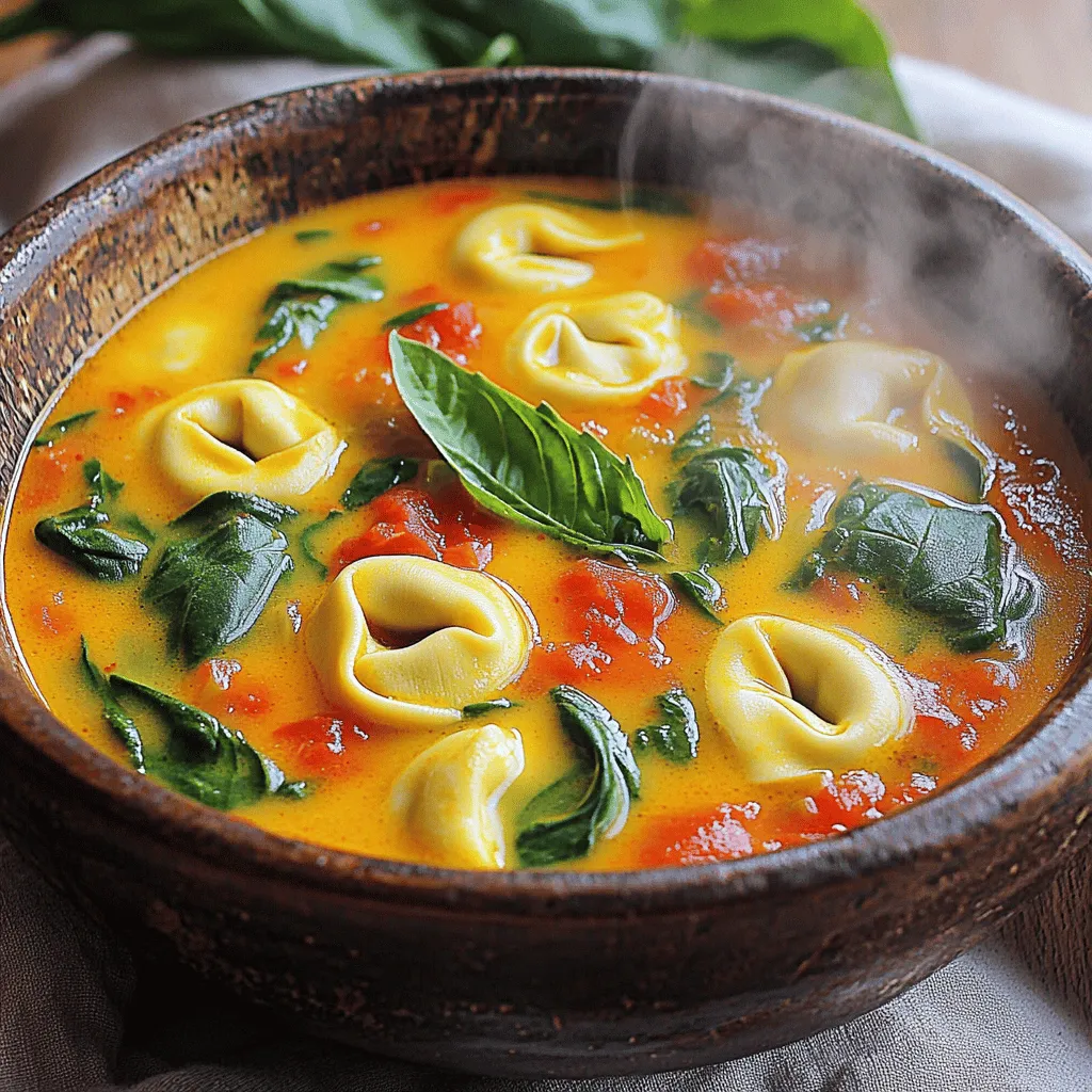 To make this soup, you need a few key items: - 2 tablespoons olive oil - 1 medium onion, diced - 3 cloves garlic, minced - 1 can (28 oz) crushed tomatoes - 4 cups vegetable broth - 1 teaspoon dried oregano - 1 teaspoon dried basil - Salt and pepper to taste - 2 cups fresh spinach - 1 package (9 oz) cheese tortellini - 1 cup heavy cream - Fresh basil leaves for garnish These ingredients work together to create a rich and creamy soup. The crushed tomatoes give it a nice base, while the tortellini adds texture and flavor. Using high-quality ingredients makes a big difference. Choose extra virgin olive oil for its flavor. Fresh garlic adds a sharp taste that dried garlic cannot match. Buy good-quality crushed tomatoes. Look for brands that use fresh tomatoes for best taste. Fresh spinach should be vibrant and crisp. For tortellini, opt for brands that use real cheese. Their flavor shines in the soup. If you need to make changes, you can. Use vegetable broth instead of chicken broth for a vegetarian option. For a lighter soup, swap heavy cream with half-and-half or coconut milk. You can also use fresh herbs instead of dried. If you lack fresh basil, try parsley for a different flavor. This recipe is flexible, so feel free to experiment with what you have on hand. For the full recipe, check the link provided. First, gather all your ingredients. This makes cooking easy and fun. You need: - 2 tablespoons olive oil - 1 medium onion, diced - 3 cloves garlic, minced - 1 can (28 oz) crushed tomatoes - 4 cups vegetable broth - 1 teaspoon dried oregano - 1 teaspoon dried basil - Salt and pepper to taste - 2 cups fresh spinach - 1 package (9 oz) cheese tortellini - 1 cup heavy cream - Fresh basil leaves for garnish Start by dicing the onion. Mince the garlic too. Both add great flavor to the soup. Heat the olive oil in a large pot over medium heat. Add the diced onion. Cook for about 5 minutes. The onion should turn soft and clear. Next, add the minced garlic. Cook for one more minute. You want to smell that garlic! Now, pour in the crushed tomatoes and vegetable broth. Stir well. Add the dried oregano and basil, plus salt and pepper to your taste. Bring this mixture to a gentle simmer. Once it simmers, toss in the fresh spinach and cheese tortellini. Cook according to the package. This usually takes about 5-7 minutes. The tortellini should be nice and tender. Now, lower the heat and slowly stir in the heavy cream. This makes the soup rich and creamy. Taste your soup. Adjust the seasoning if needed. Serve the soup hot! Ladle it into bowls and add fresh basil leaves on top. They add a lovely touch and fresh flavor. You can enjoy this soup on its own or pair it with warm bread. For the full recipe and more tips, check out the Full Recipe section. To get the best texture in your soup, choose fresh tortellini. Fresh pasta cooks quickly and adds a nice bite. When you add the tortellini, do it near the end. This keeps it tender without getting mushy. Stir gently to avoid breaking the pasta. Also, let the soup simmer after adding cream. This helps it thicken just right. For deeper flavor, use high-quality crushed tomatoes. They add sweetness and balance. You can also add a pinch of red pepper flakes for heat. Fresh herbs like basil bring brightness; add them at the end for a fresh taste. A squeeze of lemon juice can lift the flavors too. If you love garlic, roast some cloves and mash them in. This adds a rich, sweet flavor. To save time, prep your ingredients ahead. Chop the onion and garlic early in the day. You can even measure out spices in advance. Use store-bought broth for quicker cooking. If you want to make this dish even faster, opt for frozen tortellini. It cooks in the same time as fresh. Lastly, consider making a big batch. You can freeze leftovers for another day. For the full recipe, check out the section above. {{image_2}} You can easily switch this soup from vegetarian to non-vegetarian. For a vegetarian version, use vegetable broth and keep it simple. If you want to add meat, consider cooked chicken or Italian sausage. These proteins will give your soup a heartier feel. Just add them when you mix in the tortellini. Tortellini comes in many flavors, and each adds a unique taste. Cheese tortellini is the classic choice for this soup. You can also try spinach or meat-filled tortellini. If you are feeling adventurous, use a blend of different types. This way, every bite offers a surprise. You can boost the health factor of this soup with a few simple additions. Try adding chopped carrots or bell peppers for extra crunch. These veggies blend well and add color. You can also toss in some white beans for protein and fiber. They make the soup more filling, too. Finally, a handful of kale can enhance the nutrition while adding a nice texture. Check out the Full Recipe for more ideas! You can store your Creamy Tomato Basil Tortellini Soup in an airtight container. Make sure to let it cool first. Place it in the fridge if you plan to eat it within three days. This way, you keep the flavors fresh. If you want to keep the soup longer, freezing is a great option. Use a freezer-safe container and leave some space at the top. The soup will expand as it freezes. It can last up to three months in the freezer. When ready to eat, thaw it in the fridge overnight. To reheat your soup, pour it into a pot. Heat it over medium-low heat, stirring often. This prevents burning. You can also microwave it in a bowl. Heat in 30-second bursts, stirring in between. If the soup is too thick, add a splash of broth or water to get the right consistency. Enjoy your warm and tasty soup again! You can use half-and-half or whole milk to replace heavy cream. These options will still give your soup a creamy texture. For a dairy-free version, try coconut milk or cashew cream. Each substitute brings its own flavor, so choose one that you like. This soup will last for about three to four days in the fridge. Make sure to store it in an airtight container. The flavors will deepen as it sits, making it even more tasty. Just remember to reheat it gently on the stove or in the microwave. Yes, you can make this soup a day or two in advance. Just prepare it as usual, cool it down, and store it in the fridge. When ready to serve, reheat it slowly and add the tortellini just before serving. This way, the pasta stays tender and perfect. For the full recipe, check out the earlier section. This article covered everything you need for creamy tomato basil tortellini soup. You learned about key ingredients, preparation steps, and cooking tips. We explored variations and how to store leftovers safely. In the end, enjoy this soup as a warm meal for any occasion. With simple steps, you can make it your own. Happy cooking! Your kitchen will smell amazing.
