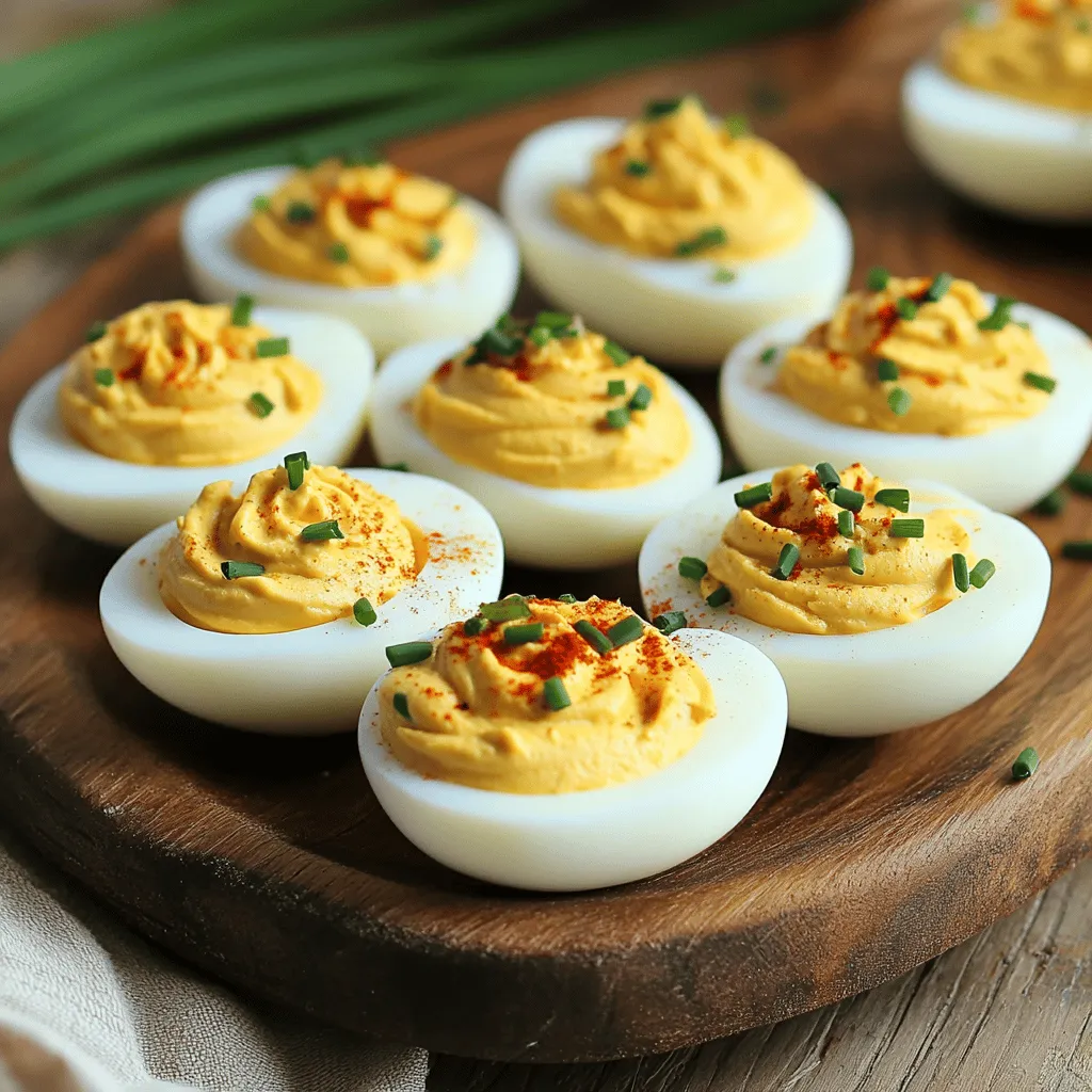 To make classic deviled eggs, you’ll need a few simple ingredients. These ingredients give the eggs their creamy texture and rich flavor. Here’s what you need: - 6 large eggs - 3 tablespoons mayonnaise - 1 teaspoon Dijon mustard - 1 teaspoon apple cider vinegar - 1/4 teaspoon smoked paprika - Salt and pepper to taste - Fresh chives, finely chopped (for garnish) - 1/4 teaspoon cayenne pepper (for a kick) These items come together to create a great mix of tastes. The eggs provide a solid base, while the mayonnaise and mustard add creaminess. Apple cider vinegar gives a nice tang, and smoked paprika adds a hint of smokiness. Fresh chives on top make for a lovely finish. If you like a little heat, cayenne pepper is a fun option. When you gather these ingredients, you prepare to create a dish that impresses everyone. You can find the full recipe above to guide you through the steps. To start, you must boil the eggs. Place six large eggs in a pot. Cover them with cold water. Bring the water to a boil over medium-high heat. Once it boils, cover the pot and remove it from heat. Let it sit for 12 to 14 minutes. This timing ensures the eggs cook just right. After that, transfer the eggs to an ice bath. Let them cool for 5 to 10 minutes. This makes peeling easier. Once the eggs are cool, gently crack the shells. Peel them under running water for the best results. Cut each egg in half lengthwise. Carefully remove the yolks and place them in a bowl. Use a fork to mash the yolks until crumbly. Next, add mayonnaise, Dijon mustard, apple cider vinegar, smoked paprika, cayenne pepper, salt, and pepper to the bowl. Mix everything until it becomes smooth and creamy. This mixture is what makes your deviled eggs so tasty. Now it’s time to fill the egg whites. You can use a piping bag for a neat look. If you don’t have one, a small spoon works too. Fill each egg white half with the yolk mixture. For a finishing touch, sprinkle tops with smoked paprika and chopped chives. Chill the deviled eggs in the fridge for at least 30 minutes. This helps the flavors blend well. For the full recipe, check the section below. To peel eggs easily, start with older eggs. Fresh eggs can be hard to peel. After boiling, place eggs in an ice bath right away. Let them cool for 5-10 minutes. When peeling, tap the egg gently to crack the shell. Peel under running water for best results. This makes the shell come off smoothly. To boost flavors, add a twist to the classic recipe. Try mixing in herbs like dill or tarragon. A splash of hot sauce can give your eggs a kick. For a smoky taste, use more smoked paprika. Adjust salt and pepper to fit your taste. Experimenting makes the dish more fun and tasty! Make your deviled eggs look great to impress guests. Use a piping bag for a fancy touch. Swirl the filling for a nice look. Garnish with fresh chives or paprika on top. Arrange eggs on a colorful platter. This makes your appetizer pop and invites everyone to dig in! For more detailed steps, check out the Full Recipe. {{image_2}} If you like heat, try adding cayenne pepper. Just a touch will spice things up. Mix in 1/4 teaspoon for a perfect kick. You can also add hot sauce if you want more heat. This twist makes every bite exciting and bold. For a creamy twist, use avocado instead of mayonnaise. Mash one ripe avocado with the yolks. Add a little lime juice and salt for flavor. This gives your eggs a smooth texture and fresh taste. It’s also a great way to sneak in healthy fats! Who doesn’t love bacon? Crumble cooked bacon into your yolk mix. This adds a smoky flavor that pairs well with the creamy filling. Use about 2 tablespoons of crumbled bacon. This version is rich and perfect for brunch or parties. For more detailed instructions on making these tasty variations, check out the Full Recipe. To store leftover deviled eggs, place them in an airtight container. Cover each egg half with plastic wrap to keep them fresh. This helps prevent them from drying out or absorbing strong fridge smells. If you have leftover filling, store it separately in a small container. When serving deviled eggs, keep them chilled until ready to eat. Use a platter that fits in your fridge for easy storage. If you're serving them at a party, consider using a deviled egg tray. This makes them easy to grab and keeps them organized. Deviled eggs stay fresh in the fridge for up to three days. After that, they may lose flavor and texture. If you notice any off smells or looks, it’s best to toss them. Always trust your senses; it's better to be safe than sorry. You can use Greek yogurt instead of mayonnaise. It gives a creamy texture. You can also try avocado for a rich flavor. Blend it until smooth with your egg yolks. This option is healthier and adds a unique taste. The best way to boil eggs is simple. Place your eggs in a pot. Cover them with cold water. Heat the pot on medium-high until it boils. Once boiling, cover the pot and remove it from heat. Let it sit for 12-14 minutes. This method helps prevent green rings on the yolks. Yes, you can make deviled eggs ahead of time. Prepare the eggs and the filling. Store the egg whites and yolk mixture separately. Keep them in the fridge. Assemble them just before serving for the best taste. This keeps them fresh and tasty. For the full recipe, check the section above! Deviled eggs are a classic dish that everyone loves. They are simple to make and perfect for any party. Here is how I make my favorite version. Ingredients: - 6 large eggs - 3 tablespoons mayonnaise - 1 teaspoon Dijon mustard - 1 teaspoon apple cider vinegar - 1/4 teaspoon smoked paprika - Salt and pepper to taste - Fresh chives, finely chopped (for garnish) - 1/4 teaspoon cayenne pepper (for a kick) Instructions: 1. Start by boiling the eggs. Put them in a pot and cover with cold water. Bring to a boil on medium-high heat. When it boils, cover the pot and take it off the heat. Let the eggs sit for 12-14 minutes. 2. After cooking, place the eggs in an ice bath for 5-10 minutes. This helps cool them and makes peeling easier. 3. When cool, gently crack the shells and peel them under running water. Cut each egg in half lengthwise and remove the yolks. 4. In a bowl, mash the yolks with a fork until crumbly. 5. Add the mayonnaise, Dijon mustard, apple cider vinegar, smoked paprika, cayenne pepper, salt, and pepper. Mix until smooth and creamy. 6. Use a piping bag or small spoon to fill each egg white half with the yolk mix. 7. Sprinkle with more smoked paprika and chopped chives for garnish. 8. Chill in the fridge for at least 30 minutes before serving. This lets the flavors blend. This recipe makes about 12 halves, perfect for sharing. Enjoy the creamy and tasty bites! The blog post provided a simple guide to making great deviled eggs. We covered ingredients, step-by-step instructions, and helpful tips. You learned fun variations to try and how to store leftovers. These eggs are easy to make and perfect for any occasion. Enjoy your cooking and impress your guests with these tasty treats!