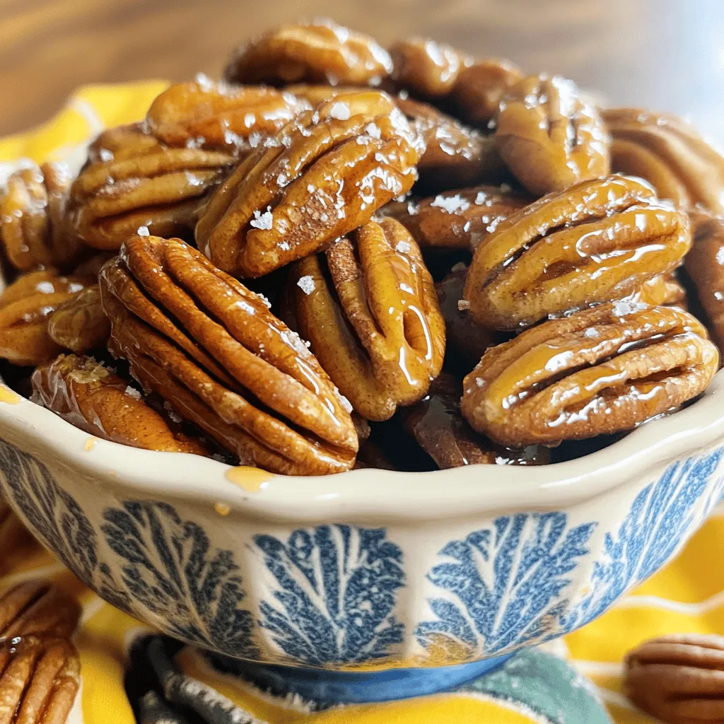 - 2 cups pecan halves - 1/2 cup pure maple syrup - 1/4 cup brown sugar - 1/2 teaspoon ground cinnamon - 1/4 teaspoon salt - 1/4 teaspoon vanilla extract - 1 tablespoon unsalted butter Pecans are not just tasty; they offer health perks. They are rich in healthy fats, fiber, and protein. These nuts help lower cholesterol and support heart health. Pecans also provide vitamins like E and B. This makes them good for your skin and overall wellness. Pure maple syrup has its own benefits. It contains antioxidants that fight free radicals. Maple syrup can also help with digestion due to its prebiotic properties. It has a lower glycemic index than sugar, making it a better choice for energy. When choosing pecans, look for ones that are plump and shiny. Avoid any that look dull or have dark spots. Fresh pecans should smell sweet and nutty. For maple syrup, always buy pure syrup. Check the label to avoid imitation syrup, which has added sugars and flavors. Pure maple syrup has a rich taste and real health benefits. First, I preheat my oven to 350°F (175°C). This is the perfect temperature for roasting. Next, I line a baking sheet with parchment paper. This step keeps the pecans from sticking. My next step is to make the maple glaze. I grab a medium saucepan and place it on medium heat. I add the maple syrup, brown sugar, salt, cinnamon, and butter. I stir this mixture for about 2-3 minutes. I keep stirring until it bubbles and the sugar melts. Once it’s ready, I take the saucepan off the heat. Then, I mix in the vanilla extract. This adds a lovely depth to the flavor. Now, it’s time to coat the pecans. I add the pecan halves directly to the saucepan. I stir them well to coat each nut with the maple mixture. I want to make sure every pecan gets that sweet glaze. A tip here: use a spatula to help mix. This tool makes it easy to cover each pecan evenly. Next, I spread the coated pecans on the baking sheet. I make sure they are in a single layer. This helps them bake evenly. I place the sheet in the preheated oven. I set a timer for 15-20 minutes. Halfway through, I stir the pecans. This ensures that they caramelize evenly and do not burn. I keep an eye on them as they bake. Once they turn golden brown and smell amazing, I take them out. I let the pecans cool on the baking sheet. As they cool, the glaze hardens. After they cool, I break apart any clusters. These maple glazed pecans are now ready to enjoy! For the full recipe, check the earlier section. To avoid burning your pecans, keep a close watch on them. Set a timer for 15 minutes, but check them after 10 minutes. The key is to stir halfway through baking. This helps them cook evenly, so no side gets too dark. Want to spice things up? Try adding a pinch of nutmeg or ginger. These spices give a warm flavor that pairs well with maple. For a fun twist, you can add a splash of almond extract instead of vanilla. Garnish your pecans with a sprinkle of sea salt or even some chopped herbs for a fresh touch. Serve your maple glazed pecans in a bright bowl to make them pop. You can also place them on a pretty platter with dried fruit. They are great snacks on their own or as toppings for salads and desserts. Pair them with cheese or yogurt for a tasty combo! {{image_2}} You can spice up your maple glazed pecans easily. Try adding nutmeg or cayenne for a kick. Nutmeg gives warmth, while cayenne adds heat. You can also change the sweetness. Use honey or agave syrup instead of maple syrup. This gives a different flavor and sweetness level. For a fun twist, add sea salt or parmesan cheese. The salt enhances the sweetness of the maple. Parmesan adds a nice, rich flavor. You can even mix in crispy bacon for a sweet and savory treat. This combo works well for snacks or toppings. If you want a vegan option, substitute butter with coconut oil. This keeps the rich taste while staying plant-based. Make sure all ingredients are vegan. This way, everyone can enjoy maple glazed pecans. You can find many plant-based options easily in stores. For the full recipe, check out the detailed instructions and tips to perfect your snack! Store your maple glazed pecans in an airtight container. Glass jars or plastic containers work well. Make sure the lid is tight to keep air out. Place the container in a cool, dark place like a pantry or cupboard. Avoid heat and sunlight, which can spoil their taste. At room temperature, these pecans stay fresh for about two weeks. If you want to keep them longer, consider freezing them. In the freezer, they can last up to six months. Just be sure to use a freezer-safe container to prevent freezer burn. To bring back the crunchiness after storage, use the oven. Preheat your oven to 350°F (175°C). Spread the pecans on a baking sheet. Heat them for about 5-10 minutes. Watch them closely to avoid burning. You can also use a stovetop pan over low heat. Stir them gently in the pan until warm and crispy again. Enjoy your delicious snack! Maple glazed pecans are sweet, crunchy nuts coated in a maple syrup mixture. They have a rich flavor from the maple and a hint of cinnamon. This snack is easy to make and perfect for any occasion. To make maple glazed pecans, start by mixing maple syrup, brown sugar, cinnamon, salt, and butter in a saucepan. Heat it until it bubbles and the sugar dissolves. Stir in pecans to coat them well. Spread them on a baking sheet and bake at 350°F for 15-20 minutes. Keep an eye on them to avoid burning. Yes, you can make maple glazed pecans ahead of time. After baking, let them cool completely. Store them in an airtight container at room temperature. They stay fresh for about one week. For longer storage, you can freeze them. You can find maple glazed pecans at local grocery stores or specialty food shops. Online retailers also offer them, often in bulk. Look for brands that use pure maple syrup for the best flavor. Maple glazed pecans have some health benefits. Pecans are rich in healthy fats and provide fiber. Maple syrup has some antioxidants. However, they are still a treat due to added sugar. Enjoy them in moderation as part of a balanced diet. Maple glazed pecans are easy to make and delicious. We covered the ingredients, giving you tips for quality. You learned health benefits of pecans and maple syrup. Our step-by-step guide ensures perfect results every time. Experiment with flavors and try variations for fun spins. Remember to store them well to keep them fresh. Enjoyed alone or added to dishes, they’re a great snack. Keep these tips in mind to make your pecans irresistible!