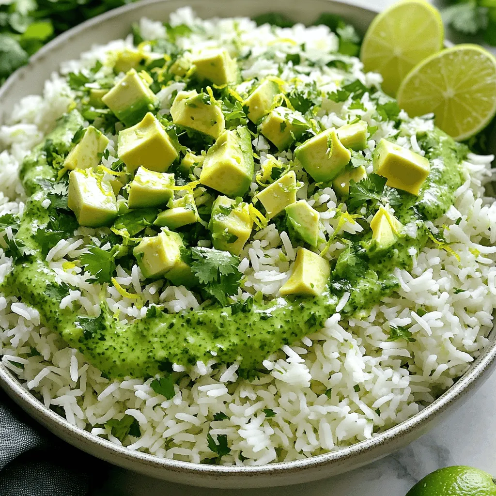 - 1 cup white rice (jasmine or basmati) - 2 cups vegetable broth (or water) - 1 ripe avocado, diced - 1/4 cup fresh cilantro, chopped - 2 tablespoons lime juice (freshly squeezed) In this recipe, the base is white rice, which cooks well and absorbs flavors nicely. I prefer jasmine or basmati for their aroma and texture. The vegetable broth adds depth to the rice, making it richer and tastier. A ripe avocado brings creaminess, while fresh cilantro adds a bright touch. Finally, a splash of lime juice gives that zesty kick. - 1 tablespoon olive oil - 1/2 teaspoon garlic powder - Salt and pepper to taste - Zest of 1 lime These optional ingredients can take your dish to the next level. Olive oil adds a smooth finish and richness. Garlic powder gives a savory note, enhancing the overall taste. Salt and pepper are key for balance. Lime zest adds an extra burst of lime flavor, making each bite more vibrant. Using these ingredients, you can create a dish full of flavor and freshness. For the complete recipe, check out the full recipe section. To start, rinse the rice under cold water. This step helps clean the rice and remove extra starch. It makes the rice fluffier and less sticky. Once rinsed, take a medium saucepan. Combine the rinsed rice with vegetable broth or water. Bring this mixture to a boil. When it reaches a boil, lower the heat to low. Cover the pot and let it simmer for 15 to 18 minutes. The rice will become tender, and the liquid will be absorbed. After cooking, remove the pot from heat and let it sit covered for 5 more minutes. While the rice cooks, you can prepare the dressing. In a small bowl, whisk together olive oil, lime juice, garlic powder, salt, and pepper. Mix until it is well combined. This dressing adds a zesty flavor to the rice. Taste the dressing and adjust the seasoning if needed. You can add more salt or lime juice based on your preference. After the rice is done cooking, fluff it with a fork to separate the grains. Transfer the fluffy rice to a large serving bowl. Pour the dressing over the rice and stir it well. This helps coat the rice evenly. Next, gently fold in the diced avocado, chopped cilantro, and lime zest. Be careful not to mash the avocado. It should stay in nice chunks. Taste the final dish and adjust the seasoning if necessary. Enjoy preparing this bright and tasty avocado cilantro lime rice! For more details, check the Full Recipe. Using fresh lime juice makes a big difference in taste. Fresh lime juice has a bright, zesty flavor. Bottled lime juice can taste flat and less vibrant. Always squeeze your limes right before using them for the best results. When working with fresh herbs like cilantro, it’s key to treat them with care. Store cilantro in a glass of water in the fridge. Just like flowers, they’ll stay fresh longer that way. Rinse the leaves gently before chopping. This step helps keep their flavor strong. To keep your rice fluffy, rinse it under cold water. This step washes away excess starch. If you skip this, your rice may clump together. After cooking, let the rice sit covered for five minutes. This helps it firm up and prevents mushiness. When adding avocado, be gentle. Diced avocado can break apart easily. Fold it into the rice just before serving. This keeps the chunks intact and adds a nice creaminess to each bite. Avocado cilantro lime rice pairs well with many dishes. It complements grilled chicken, fish, or shrimp nicely. You can also serve it with black beans for a vegetarian option. To make your dish pop, present it well. Serve the rice in a large bowl. Garnish with extra lime wedges and a sprinkle of cilantro on top. This adds color and invites guests to dig in. For more ideas, check the Full Recipe for inspiration! {{image_2}} You can switch rice for quinoa or cauliflower rice. Quinoa adds a nice nutty flavor, while cauliflower rice keeps it light. If you want a fresh twist, try using parsley or mint instead of cilantro. Each herb gives a different taste, so feel free to experiment! Want to make this dish heartier? Add grilled chicken or shrimp. They pair well with the creamy avocado. For a vegan option, black beans or chickpeas work great too. They boost protein while keeping the dish healthy and filling. If you like heat, add diced jalapeños or red pepper flakes. They’ll give your rice a nice kick! You can also make a spicy dressing. Just mix lime juice with a bit of hot sauce. It’s an easy way to elevate the flavor of your Avocado Cilantro Lime Rice. Store your Avocado Cilantro Lime Rice in an airtight container. This helps keep it fresh. If you have leftovers with avocado, add a bit more lime juice. Lime juice slows down browning. You can also cover the surface of the rice with plastic wrap. Press it gently to remove air pockets. This will help keep the avocado from browning as fast. When reheating, use the stove or microwave. For the stove, add a splash of water. Heat on low until warm. Stir often to keep the rice fluffy. In the microwave, cover the bowl with a damp paper towel. Heat in short bursts. Check and stir every 30 seconds. You can serve this rice cold too. It makes a great base for bowls or salads. You can store this rice in the fridge for about 3 days. If you want to store it longer, freeze it for up to a month. To know if it’s bad, check for off smells or a slimy texture. If the avocado has turned brown, that’s normal. Just remove the brown parts before enjoying. Make sure to check for any signs of spoilage before eating. Yes, you can use brown rice. It has a nuttier taste. Brown rice takes longer to cook, about 40-45 minutes. You will need more water too. Use 2 1/2 cups of water for 1 cup of brown rice. To make it vegan, simply skip the butter or any animal products. The recipe is already dairy-free. The flavors come from the avocado, lime, and herbs. Yes, this dish is gluten-free. Rice does not contain gluten. Just check the broth label to ensure it is gluten-free. Most vegetable broths are safe to use. This rice pairs well with many dishes. Try serving it with grilled chicken or fish. It goes great with tacos or burritos too. Add black beans for a hearty meal. Yes, you can make this dish ahead. Cook the rice and store it in the fridge. Mix in the avocado and dressing just before serving. This keeps the avocado fresh and green. To keep avocado fresh, use lime juice. The acid slows down browning. You can also cover the dish tightly with plastic wrap. Store it in the fridge until ready to serve. Avocado Cilantro Lime Rice is a simple yet tasty dish. We covered the key ingredients, like rice, avocado, and lime. You learned how to prepare, dress, and enhance your rice. We discussed variations and how to store leftovers properly. Use fresh ingredients for the best flavor. This dish pairs well with many proteins and sides. Experiment with flavors to find your favorite twist. Enjoy making and sharing this vibrant dish with loved ones.