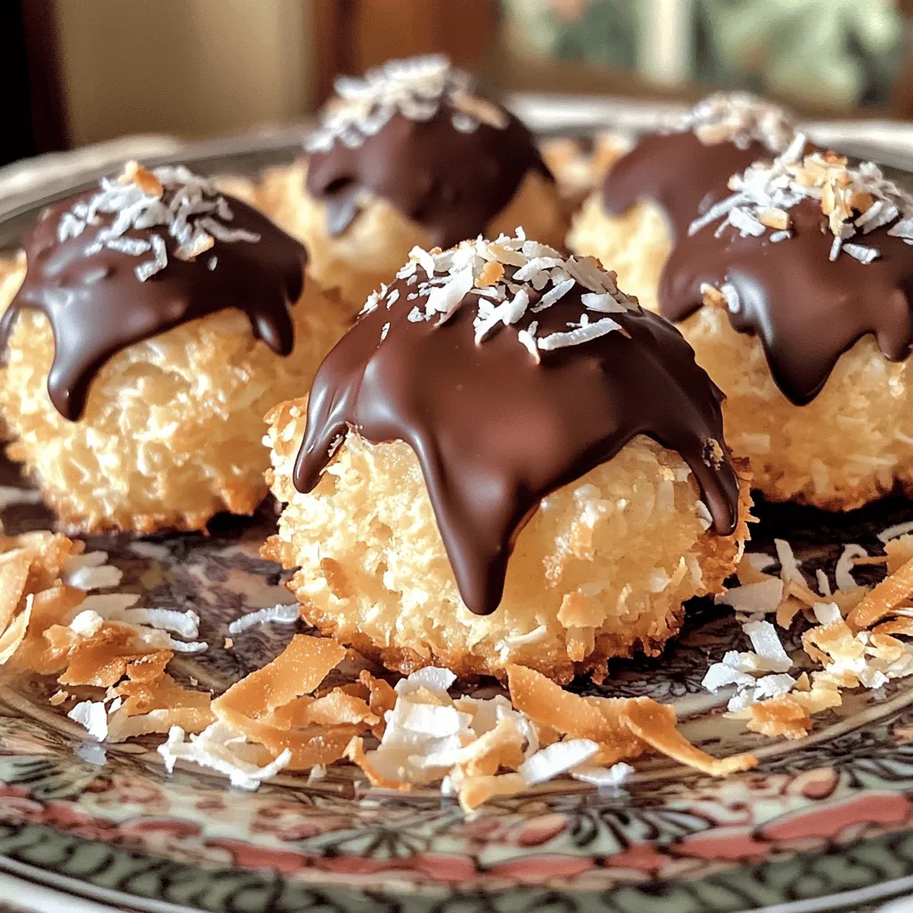 To make chocolate dipped coconut macaroons, you need fresh ingredients that create a sweet and chewy treat. Here’s what you’ll need: - 3 cups shredded coconut (unsweetened) - 1 cup sweetened condensed milk - 1 teaspoon vanilla extract - 1/4 teaspoon salt - 2 large egg whites - 1/4 teaspoon cream of tartar - 8 ounces dark chocolate, chopped - 1 tablespoon coconut oil Each ingredient plays a key role in the texture and flavor. The shredded coconut gives that lovely chewiness, while the sweetened condensed milk adds a rich sweetness. The vanilla extract enhances the overall flavor, making each bite delightful. Egg whites, when whipped, provide a light and airy texture, while cream of tartar helps stabilize them. The dark chocolate adds a rich finish, and the coconut oil helps it melt smoothly for dipping. This simple list ensures you have everything you need for a delicious batch. For the full recipe, refer back to the section above. 1. Preheat your oven to 325°F (163°C). Line a baking sheet with parchment paper. 2. In a large bowl, mix 3 cups of shredded coconut, 1 cup of sweetened condensed milk, 1 teaspoon of vanilla extract, and 1/4 teaspoon of salt. Stir well until everything combines. 3. In another bowl, whisk 2 large egg whites and 1/4 teaspoon of cream of tartar until stiff peaks form. This takes about 3 to 5 minutes. 4. Gently fold the egg whites into the coconut mixture. Be careful not to deflate the egg whites. This keeps the macaroons light and fluffy. 1. Use a small cookie scoop or your hands to form small mounds of the mixture. Place them on the prepared baking sheet, keeping about 2 inches between each. 2. Bake the macaroons for 15 to 20 minutes. You want them golden brown on the edges. Let them cool completely on the baking sheet. 1. While the macaroons cool, melt 8 ounces of dark chocolate and 1 tablespoon of coconut oil. Use a microwave-safe bowl, heating in 30-second intervals and stirring until smooth. 2. Dip the bottom of each macaroon into the melted chocolate. Tap off any extra chocolate and place them back on the parchment-lined sheet. 3. If you have leftover chocolate, drizzle it on top of each macaroon for decoration. 4. Refrigerate the dipped macaroons for about 30 minutes. This helps the chocolate set firmly. For the full recipe, check out the previous section for all the details! To get the best texture in your chocolate dipped coconut macaroons, focus on the egg whites. They help create a light and airy treat. When you whisk the egg whites, aim for stiff peaks. This means the egg whites hold their shape and do not fall. Use a hand mixer or stand mixer for about 3 to 5 minutes. Folding is just as important. Gently mix the egg whites into the coconut mix. Do this slowly so the air stays in the egg whites. If you mix too hard, your macaroons will be dense. Baking time and temperature also matter. Preheat your oven to 325°F (163°C). Bake the macaroons for 15 to 20 minutes. Watch for a golden edge. If they brown too fast, lower the oven temperature slightly. To make your macaroons pop with flavor, consider adding almond extract. Just a teaspoon can give a nice twist. You can also try other extracts, like coconut or lemon. Each adds its own unique taste. For toppings and drizzles, think outside the box. After dipping the macaroons in chocolate, drizzle more chocolate on top. You can also sprinkle toasted coconut over them. This gives both texture and a fun look. For the full recipe, check out the detailed instructions. Enjoy crafting your delightful treats! {{image_2}} You can choose different types of chocolate for dipping. Dark chocolate gives a rich taste. It pairs well with the sweet coconut. Milk chocolate adds creaminess and a sweeter flavor. Many prefer it for its smoothness. White chocolate is another fun option. It adds a sweet and creamy layer. Each chocolate brings its own unique taste to the macaroons. Coconut can vary in sweetness. You can use sweetened coconut for a richer flavor. Unsweetened coconut gives a more natural taste. It allows the chocolate to shine through. Toasting coconut adds a delightful crunch. It also deepens the flavor, making it more complex. To toast, bake it in the oven for a few minutes. Keep an eye on it so it doesn’t burn. If you want an egg-free version, use aquafaba. It’s the liquid from canned chickpeas. Whip it up until it forms stiff peaks, just like egg whites. For gluten-free options, you can add gluten-free flour. It helps bind the mixture without changing the taste. This adds a slight texture that can be really nice. These substitutions keep the spirit of the macaroon while adding more options. For the full recipe, check the section above. Store your chocolate dipped coconut macaroons at room temperature. They taste best this way. Place them in an airtight container. This keeps them fresh and moist. If you want to store them longer, consider the refrigerator. They can last up to a week when stored properly. Just remember, they may lose some texture in the fridge. If you want to keep macaroons for months, freezing is a good option. To prepare them for freezing, let them cool completely first. Then, place the macaroons in a single layer on a baking sheet. Freeze them for about two hours. Once frozen, transfer them to a freezer-safe bag or container. Be sure to remove as much air as possible. When you’re ready to enjoy, take them out and let them thaw in the fridge. This helps them keep their texture. You can also let them sit at room temperature for about 30 minutes. Enjoy these delightful treats anytime! For the full recipe, check out the detailed guide above. To keep your macaroons from falling apart, follow these tips: - Mix Carefully: When you combine the egg whites and coconut mixture, fold gently. This keeps the egg whites airy, giving your macaroons a light texture. - Stiff Peaks: Whip egg whites until they form stiff peaks. This adds structure to your macaroons. - Proper Baking: Bake at 325°F (163°C) until they are golden brown. This helps them hold their shape. By ensuring these steps, your macaroons will stay intact and look great. Yes, you can use sweetened shredded coconut. It changes the taste and texture: - Taste: Sweetened coconut adds more sweetness, which can make your macaroons richer and more dessert-like. - Texture: Using sweetened coconut may make them slightly denser than with unsweetened coconut. If you prefer a sweeter treat, sweetened coconut works well for this recipe. These macaroons last about one week at room temperature. For best storage: - Airtight Container: Store them in an airtight container to keep them fresh. - Refrigeration: You can also store them in the fridge for up to two weeks. Feel free to enjoy them over several days! For the full recipe, check out the details above. You now have the tools to make delicious macaroons. We covered the key ingredients, steps, and tips for perfecting your treats. You can explore various chocolate options and substitute ingredients to suit your taste. Remember to store your macaroons properly for the best results. Baking can be fun and rewarding. Get creative and enjoy the process! Your homemade macaroons will impress everyone. Happy baking!