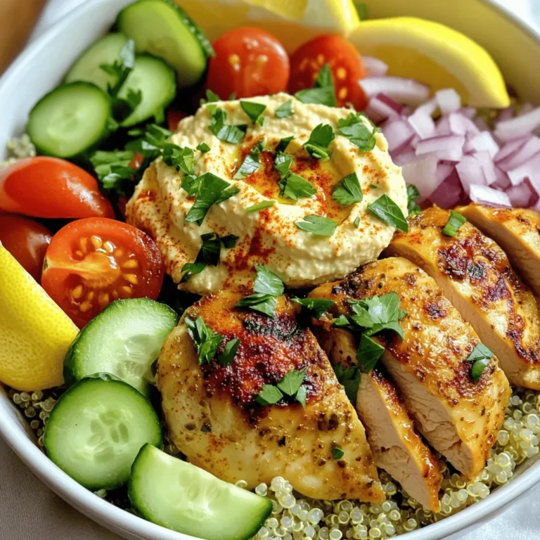 For the base of your Chicken Shawarma Bowl, you need simple, fresh ingredients. The star is the chicken. Here’s what you should gather: - 1 lb boneless, skinless chicken thighs - 2 cups cooked quinoa (or rice) - 1 cup cherry tomatoes, halved - 1 cucumber, diced - ½ red onion, thinly sliced - ½ cup hummus (store-bought or homemade) - Fresh parsley, chopped (for garnish) - Lemon wedges (for serving) The magic of shawarma comes from its spices. Use these for a tasty marinade: - 3 tablespoons olive oil - 2 cloves garlic, minced - 1 tablespoon ground cumin - 1 tablespoon ground coriander - 1 teaspoon paprika - 1 teaspoon turmeric - ½ teaspoon cayenne pepper (adjust to taste) - Salt and pepper, to taste Mix these spices with olive oil and garlic. This is where the flavor starts. The marinade makes the chicken juicy and packed with taste. Feel free to customize your bowl with fun toppings. Here are some ideas: - Feta cheese for a salty kick - Sliced olives for brininess - Roasted red peppers for sweetness - Avocado for creaminess - Mixed greens for added crunch These extras can take your bowl to the next level. Enjoy making it your own! For the complete recipe, check out the Full Recipe section. First, make your marinade. In a large bowl, mix together olive oil, minced garlic, ground cumin, ground coriander, paprika, turmeric, cayenne pepper, salt, and pepper. This blend gives the chicken its rich flavor. Make sure it’s well mixed. Add the chicken thighs to the marinade. Coat them evenly in the mixture. Cover the bowl with plastic wrap. Let it sit in the fridge for at least 1 hour. You can leave it overnight for a deeper taste. Next, preheat your oven to 400°F (200°C). Grab a baking sheet and line it with parchment paper. Place the marinated chicken on the sheet. Bake it for 20 to 25 minutes. You want it golden brown and cooked through. Check the internal temperature; it should reach 165°F (75°C). While the chicken cooks, prepare your quinoa or rice as per package instructions. Chop your tomatoes, cucumber, and red onion. Once your chicken is done, take it out of the oven and let it rest for a few minutes. Then, slice it into strips. Now, it’s time to build your bowl! Start with a base of cooked quinoa or rice. Layer on the sliced chicken, followed by halved cherry tomatoes, diced cucumber, and red onion. Add a big dollop of hummus on top. Finish it off with fresh chopped parsley for color. Serve with lemon wedges on the side for extra flavor. Enjoy your delicious Chicken Shawarma Bowls! For the complete recipe, check out the Full Recipe section. To get the most flavor, marinate your chicken well. Use a mix of olive oil, garlic, and spices. I recommend letting the chicken sit in the marinade for at least one hour. If you can, try to marinate it overnight. This helps the spices soak in and makes the chicken taste amazing. You can cook chicken shawarma in the oven or on the grill. Baking is easy and requires less fuss. Preheat your oven to 400°F. Place the chicken on a baking sheet and cook until golden brown. If you want a smoky flavor, use a grill. Grill the chicken on medium heat for about 5-7 minutes per side. Both methods create juicy and flavorful chicken. To build a balanced meal, layer your bowl with healthy ingredients. Start with quinoa or rice as your base. Add sliced chicken for protein. Then, pile on fresh veggies like tomatoes and cucumbers. Finish with a dollop of hummus for creaminess. A squeeze of lemon brightens up the flavors. These steps ensure every bite is tasty and satisfying. For a full recipe, check out the complete details above. {{image_2}} You can easily make this dish vegetarian or vegan. Instead of chicken, use chickpeas or marinated tofu. Both options soak up the spices well. For a hearty base, try using quinoa or brown rice. Add roasted veggies like bell peppers or zucchini for extra flavor and texture. If you want to mix it up, consider other proteins. Grilled shrimp or beef can work great too. For a lighter option, try using fish like salmon. You can switch the grains too. Use couscous or farro for a fun twist. Each grain brings its own taste and texture. Feel free to get creative with flavors. Add a spicy tahini sauce for a kick. Try mixing in fresh herbs like mint or cilantro for freshness. You can also play with toppings. Feta cheese or olives can add a briny bite. The goal is to make it your own! For the full experience, don’t forget to follow the Full Recipe. After enjoying your Chicken Shawarma Bowls, store any leftovers in airtight containers. This keeps them fresh and safe to eat. Place the chicken, quinoa, and veggies in separate containers if you can. This helps maintain their texture and flavor. Use leftovers within three days for the best taste. To reheat your Chicken Shawarma, use the oven or stovetop. These methods help keep the chicken juicy and the quinoa fluffy. If you use the microwave, cover the bowl with a damp paper towel. This keeps moisture in and prevents drying out. Heat until warm, but not too hot, to avoid losing flavor. You can freeze Chicken Shawarma Bowls for later use. First, let the chicken cool completely. Then, slice it and pack it in freezer-safe bags. Add cooked quinoa and veggies to separate bags. Label them with the date. You can freeze for up to three months. Thaw overnight in the fridge before reheating. This makes meal prep easy! To make Chicken Shawarma Bowls at home, you need to prepare a tasty marinade. Start by mixing olive oil, garlic, cumin, coriander, paprika, turmeric, and cayenne pepper. Add salt and pepper to taste. Coat the chicken thighs with this marinade. Let it sit for at least one hour in the fridge. Next, bake the chicken in a preheated oven at 400°F for about 20-25 minutes. While the chicken cooks, prepare your quinoa or rice. Once done, slice the chicken and assemble your bowl with quinoa, chicken, cherry tomatoes, cucumber, red onion, and hummus. Finally, enjoy your delicious creation! If you want to replace quinoa, you have many options. Rice is a great choice, both white and brown. You can also use couscous or bulgur wheat. For a low-carb option, try cauliflower rice or zucchini noodles. Each of these choices brings different flavors and textures to your bowl. Yes, you can marinate chicken overnight for deeper flavor. This long marination time helps the spices soak in well. Just remember to cover the bowl tightly with plastic wrap. This keeps the chicken fresh and flavorful until you are ready to cook. Chicken Shawarma Bowls are tasty on their own, but sides can enhance the meal. Fresh pita bread is a great option. You can also serve a simple green salad with lemon dressing. Roasted vegetables add color and flavor too. For a fun twist, try pickled vegetables for a zesty kick. In this article, we explored making delicious Chicken Shawarma Bowls. We discussed key ingredients, spices, and marinade preparation. You learned how to cook the chicken and assemble your bowl. Tips for marination and cooking methods help boost flavor. We even covered veggie options and storage tips. The Chicken Shawarma Bowl is easy to make and offers great variety. Enjoy creating and customizing these bowls to fit your taste. You’ll love every bite!