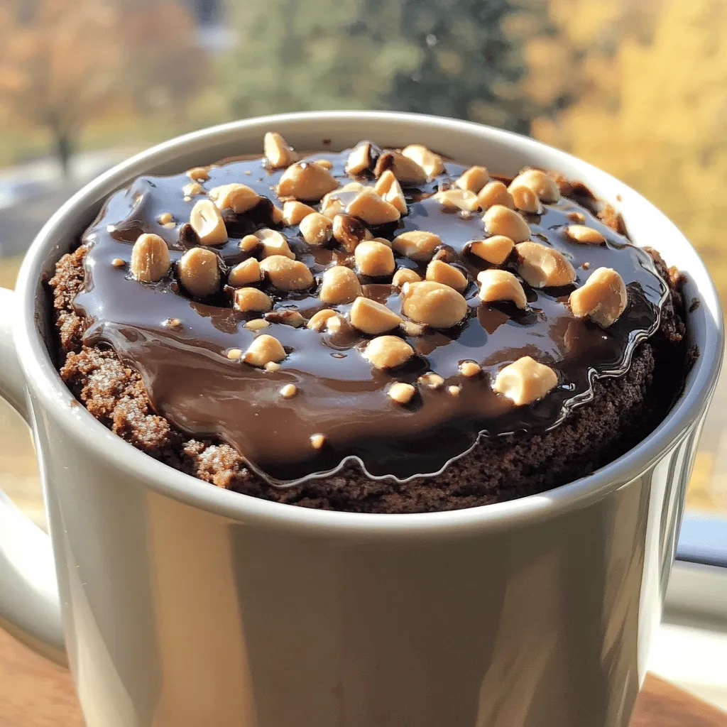 To make a chocolate peanut butter mug cake, you need simple ingredients. Here’s what you will gather: - 4 tablespoons all-purpose flour - 4 tablespoons granulated sugar - 2 tablespoons unsweetened cocoa powder - 1/8 teaspoon baking powder - 1/8 teaspoon salt - 3 tablespoons milk (or dairy-free alternative) - 2 tablespoons creamy peanut butter - 1 tablespoon vegetable oil - 1/4 teaspoon vanilla extract - Optional toppings: Chopped peanuts and chocolate chips These ingredients blend to create a rich and tasty treat. The flour gives structure, while sugar adds sweetness. Cocoa powder brings that deep chocolate flavor we all love. Baking powder helps it rise, and salt enhances the taste. Milk adds moisture, and peanut butter gives it that creamy texture. The vegetable oil keeps the cake tender, while vanilla extract adds warmth. Feel free to add chopped peanuts or chocolate chips on top. They make the cake even more delightful! For the full recipe, check the section above to see how these ingredients come together. In a large microwave-safe mug, add the following dry ingredients: - 4 tablespoons all-purpose flour - 4 tablespoons granulated sugar - 2 tablespoons unsweetened cocoa powder - 1/8 teaspoon baking powder - 1/8 teaspoon salt Whisk these together. This mix forms the base of your cake. It’s key to blend well. You want every bite to be sweet and chocolatey! Next, pour in your wet ingredients: - 3 tablespoons milk (or dairy-free alternative) - 2 tablespoons creamy peanut butter - 1 tablespoon vegetable oil - 1/4 teaspoon vanilla extract Stir until you get a smooth batter. Make sure to scrape the sides and bottom of the mug. This step is crucial for a uniform mix. If you want, fold in some chocolate chips for more flavor! Now, it’s time to cook! Microwave the mug on high for 1 minute and 30 seconds. Check if it’s done by looking at the center. If it’s still wet, microwave in 15-20 second intervals. It may take up to 2 minutes total, depending on your microwave. Carefully remove the mug from the microwave; it will be hot! Let it cool for a minute. Top with chopped peanuts or extra chocolate chips if you like. This will make your mug cake even better! For the complete recipe, check the Full Recipe. Microwave wattage can change your cooking time. Most microwaves are between 600 to 1200 watts. If yours is less than 800 watts, you may need to add more time. For a 1000-watt microwave, start with 1 minute and 30 seconds. Always check the center to see if it is firm. If it’s still wet, microwave in 15-second bursts. This helps you avoid a soggy mug cake. Overcooking is a common issue. It can make your mug cake dry and tough. To prevent this, always use a large mug, at least 12 oz. This gives the cake room to rise. Also, do not stir too much. Mixing lightly keeps air in the batter. This air creates a fluffy texture. If your cake is gummy, it may need more cooking time. Check often and adjust as needed. You can make your mug cake your own! Add chocolate chips for extra sweetness. Nuts can add a nice crunch. Want something different? Try a pinch of cinnamon or a drop of coffee. These flavors can boost the cake’s richness. You can also add toppings like whipped cream or extra peanut butter. The choices are endless! For more ideas, check out the Full Recipe. {{image_2}} You can easily change the taste of your mug cake. Adding chocolate chips gives it more richness. A sprinkle of cinnamon or a dash of espresso powder can add depth. If you love nuts, try adding chopped peanuts or walnuts. They add crunch and flavor. Just mix them into the batter before microwaving. Want a gluten-free version? Swap the all-purpose flour with almond flour or a gluten-free blend. For a dairy-free option, use almond milk or oat milk instead of regular milk. Make sure to check that your peanut butter is also dairy-free. These swaps keep the cake tasty without losing its charm. Serving your mug cake can be fun! You can leave it in the mug for a cozy look. For a fancier touch, tip it out onto a plate. Drizzle some warm peanut butter or chocolate sauce on top. Add whipped cream or a scoop of ice cream for a special treat. These options make every bite exciting and delicious. For the full recipe, check out the Chocolate Peanut Butter Mug Cake section. To store your uneaten cake, let it cool completely first. Place the mug cake in an airtight container. This keeps moisture in and helps maintain freshness. If you use a plate, cover it with plastic wrap. Store it in the fridge for up to three days. If you want to enjoy it later, you can freeze it. When reheating your mug cake, use the microwave. Place it back in the mug or on a plate. Heat it for 15 to 20 seconds at a time. Check after each interval to avoid overheating. You want it warm and soft, not dry. If it feels cold in the center, continue reheating in small bursts. If you want to freeze your mug cake, let it cool fully first. Wrap it tightly in plastic wrap and then in foil. This keeps air out and prevents freezer burn. You can freeze it for up to a month. To reheat, thaw it in the fridge overnight. Then heat it in the microwave as mentioned above. This keeps the chocolate and peanut butter flavors intact. Making a chocolate peanut butter mug cake is quick and easy! It takes about 5 minutes to prep and 1 minute and 30 seconds to cook in the microwave. Depending on your microwave, it might take up to 2 minutes total. This means you can enjoy a warm treat in no time! Yes, you can use different types of flour! If you want to try whole wheat flour or almond flour, these can work well. Just remember that each type of flour may change the texture. Whole wheat can make the cake denser, while almond flour may make it more moist. Experimenting with different flours adds fun to your baking. This mug cake is perfect for one person, but you can easily scale it up. To share, just double the recipe and use two mugs. You can also make a larger batch in a bowl. This way, everyone gets to enjoy their own serving. Adding extra toppings like nuts makes it even more fun! To stop your mug cake from overflowing, don’t fill the mug too full. Leave some space at the top, about one inch. Also, cook it on medium power if your microwave allows. This helps it rise slowly. Lastly, keep an eye on it while it cooks. If it looks like it might overflow, stop the microwave and let it settle before cooking more. This blog post shared an easy recipe for a chocolate peanut butter mug cake. You learned about the key ingredients, step-by-step instructions, and tips for success. I covered personalizing your cake and storing leftovers, too. Mug cakes are quick and fun. They allow you to experiment in the kitchen. Enjoy making this treat your own! It’s a simple way to satisfy your sweet tooth anytime.