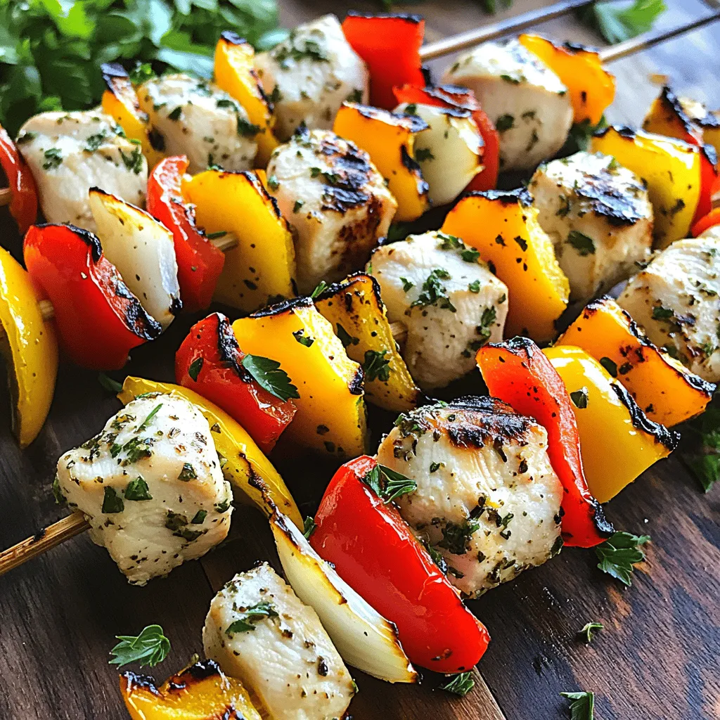 - 1 pound boneless, skinless chicken breast - Fresh herbs: parsley, thyme, rosemary - Garlic and seasoning essentials: salt, pepper, and lemon juice To make garlic herb chicken kabobs, start with fresh and high-quality ingredients. The chicken breast is the star here. Boneless and skinless pieces work best. They cook evenly and stay tender. Fresh herbs like parsley, thyme, and rosemary add great flavor. Always use fresh herbs if you can; they make a big difference. Garlic is key in this recipe. It gives a strong and tasty punch. Use four cloves of minced garlic for the best flavor. Lastly, don't forget salt and pepper. They enhance all the other flavors. A splash of lemon juice brightens everything up. - Red bell pepper chunks - Yellow bell pepper chunks - Red onion wedges Now, let’s talk about the vegetables. Red and yellow bell peppers add color, crunch, and sweetness. Cut them into bite-sized chunks. Red onion wedges provide a nice contrast in flavor. They caramelize beautifully on the grill. You can mix and match your veggies. Feel free to toss in zucchini or cherry tomatoes. They work well and add more flavor. Just think about how they will grill together. - Additional vegetables (zucchini, cherry tomatoes) - Marinade variations Looking to change things up? You can create different marinades. Try adding spices like paprika or cumin for a smoky flavor. Just remember, the marinade needs to complement the chicken and veggies. You can also play with the ratios of garlic and herbs to find your perfect taste. For a twist, add some additional veggies to your skewers. Zucchini slices grill up nice, and cherry tomatoes burst with flavor. This adds variety and can make your kabobs even more colorful and fun. For the full recipe and detailed instructions, check out the [Full Recipe]. To start, I prepare the marinade. I mix minced garlic, chopped herbs, and olive oil in a bowl. This blend brings a bright, fresh flavor to the chicken. I add lemon juice, salt, and pepper to enhance the taste. Then, I coat the chicken cubes in the marinade. I cover the bowl and let it sit in the fridge. A good marinating time is at least 30 minutes, but I often let it marinate for up to two hours. This longer time makes the chicken even tastier. Next, I prepare the skewers. If I use wooden skewers, I soak them in water for about 30 minutes. Soaking helps prevent burning on the grill. If I prefer metal skewers, I skip this step. Metal skewers are great because they hold heat well and are easy to reuse. Now, I assemble the kabobs. I take a skewer and start adding the marinated chicken. I like to alternate chicken pieces with colorful chunks of bell peppers and onion wedges. This not only adds flavor but also makes the kabobs look great. I ensure an even distribution of chicken and veggies. This way, every bite has a mix of flavors. It’s time to grill! I preheat my grill to medium-high heat. This temperature is perfect for cooking chicken. I also lightly oil the grill grates to stop sticking. I place the kabobs on the grill and cook them for 10 to 15 minutes. I turn them often to achieve nice grill marks. I check the chicken's internal temperature; it should reach 165°F (75°C) to be safe. Once cooked, I remove the kabobs from the grill. I let them rest for a couple of minutes before serving. This resting time helps keep the chicken juicy. I love to sprinkle fresh herbs on top for added flavor. These kabobs pair well with rice, a fresh salad, or grilled veggies. Enjoying them hot makes the meal even better! For the full recipe, check out [Full Recipe]. To cook chicken kabobs just right, you need to know the internal temperature rule. Always aim for an internal temperature of 165°F (75°C) for safe eating. Using a meat thermometer helps you avoid undercooking or overcooking. To keep the chicken juicy, marinate it well. I suggest marinating for at least 30 minutes. However, letting it soak for up to 2 hours gives even better flavor. This makes the chicken tender and packed with taste. Want to spice things up? You can add cumin or paprika for a smoky kick. If you like a thicker marinade, try adding a spoon of Greek yogurt. This gives the chicken a creamy texture and holds onto the flavors better. When serving kabobs, consider creative plating. You can arrange them on a large platter with fresh herbs. This adds color and makes it look fancy. Dipping sauces also enhance the meal. Try a tangy yogurt sauce or a zesty chimichurri. These options pair well with the garlic herb chicken kabobs. Remember, a good presentation can make your meal more enjoyable. For the full recipe, check out the Garlic Herb Chicken Kabobs section above. {{image_2}} You can change up the protein in garlic herb chicken kabobs. Try using tofu, shrimp, or beef. For tofu, press it to remove extra water. Cut it into cubes and marinate just like chicken. Shrimp cooks fast, so marinate for only 15 minutes. Beef needs a longer marination time of about two hours. - Tofu: Press and cube before marinating. - Shrimp: Marinate for 15 minutes. - Beef: Use a two-hour marination for flavor. If you want a veggie twist, use vegetables and plant-based proteins on your skewers. You can use zucchini, mushrooms, cherry tomatoes, and bell peppers. Mix these with a tasty marinade. A great marinade can include olive oil, lemon juice, and your favorite herbs. This keeps the veggies juicy and bright. - Skewering Ideas: Zucchini, mushrooms, and cherry tomatoes. - Marinade: Olive oil, lemon juice, and herbs. You can change the flavor of your kabobs easily. Use different herbs and spices to keep things exciting. Basil, oregano, or even cumin can add a new taste. You can also try using flavored oils or infused vinegar. These can enhance the dish with a burst of flavor. - Herb Ideas: Basil, oregano, or cumin. - Flavored Oils: Try garlic-infused or chili oil. Experiment with these variations to find your favorite. For the full recipe, check out the Garlic Herb Chicken Kabobs section above. To keep your garlic herb chicken kabobs fresh, store them in a sealed container. Refrigerate the kabobs within two hours after cooking. This helps prevent bacteria growth. They will last up to three days in the fridge. When you are ready to eat, reheat them in the oven or microwave. For the best texture, use the oven at 350°F (175°C) for 10 minutes. This method keeps the chicken juicy while warming it through. You can freeze both uncooked and cooked kabobs. For uncooked kabobs, place them in a freezer bag and remove excess air. They can stay in the freezer for up to three months. When ready to cook, thaw them in the fridge overnight. For cooked kabobs, let them cool before freezing. Reheat from frozen or thaw first. If you thaw, warm them in the oven for a tender bite. Meal prep can make your life easier. Start by marinating the chicken and chopping the veggies ahead of time. Store them in separate containers in the fridge. You can also assemble kabob stacks in advance. Just thread the chicken and vegetables onto the skewers. Keep them covered in the fridge until it’s time to grill. This way, you have an easy meal ready to go! I recommend marinating chicken kabobs for at least 30 minutes. This time helps the flavors soak in. For even better taste, you can marinate them for up to 2 hours. Longer marination boosts the garlic and herb flavors. Grill chicken kabobs at medium-high heat, around 400°F (200°C). This temperature cooks the chicken evenly. It also gives a nice char on the outside. Always check if the chicken reaches 165°F (75°C) inside. Yes, you can make kabobs without skewers! You can grill the marinated chicken and veggies on a grill pan. Alternatively, you can use a baking sheet in the oven. Just spread the pieces out for even cooking. Many sides work well with garlic herb chicken kabobs. You can try garlic rice or a fresh salad. Grilled vegetables or corn on the cob also make great choices. These sides enhance the kabobs and add color to your plate. To prevent sticking, oil the grill grates before cooking. You can also oil the kabobs lightly. Make sure the grill is hot enough before placing the kabobs on it. This helps create a nice sear and keeps them from sticking. For more ideas, check the Full Recipe. In this guide, we covered how to make tasty chicken kabobs. We talked about the right ingredients, like fresh herbs and colorful veggies. The step-by-step instructions helped you marinate, assemble, and grill the kabobs perfectly. With tips on flavor and storage, you learned how to keep them tasty. Now, you can enjoy delicious kabobs anytime. Experiment with flavors and have fun grilling!