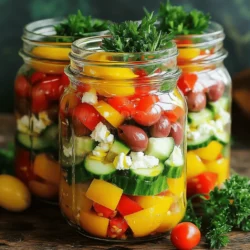 To make a Mason Jar Greek Salad, you need fresh and simple ingredients. Here’s what you will need: - 1 cup cherry tomatoes, halved - 1 cucumber, diced - 1 red bell pepper, diced - 1 cup Kalamata olives, pitted and halved - 1 cup feta cheese, crumbled - 1/4 red onion, thinly sliced - 1/4 cup fresh parsley, chopped - 1/4 cup olive oil - 2 tablespoons red wine vinegar (or lemon juice for a twist) - 1 teaspoon dried oregano - Salt and pepper to taste These ingredients create a vibrant flavor and a beautiful look. The colors and textures make the salad both appealing and tasty. You can easily change the salad to fit your taste. Here are some optional ingredients you might enjoy: - Artichoke hearts - Sun-dried tomatoes - Avocado - Chickpeas or white beans - Grilled chicken for protein - Quinoa for extra fiber Feel free to mix and match. Adding your favorite items makes it fun and personal. Each serving of this salad packs a healthy punch. Here’s a rough estimate of what you get: - Calories: 350 - Protein: 10 grams - Carbs: 20 grams - Fat: 25 grams - Fiber: 3 grams These numbers show that this salad is not just tasty but also good for you. Eating fresh ingredients helps you feel great. You can find the full recipe to make this delicious meal easily. Start by making the dressing. In a small bowl, mix olive oil, red wine vinegar (or lemon juice), dried oregano, salt, and pepper. Whisk it all together until it blends well. This dressing adds a zesty flavor to your salad. If you want a bit more kick, try adding minced garlic or a pinch of crushed red pepper. Now comes the fun part: layering! Take your mason jar and pour 2 tablespoons of the dressing into the bottom. This keeps the greens fresh and prevents sogginess. Next, add the diced cucumber and red bell pepper. These veggies hold up well and maintain their crunch. Then, add the halved cherry tomatoes, sliced red onion, and Kalamata olives. Layering helps keep each flavor separate until you're ready to eat. Finally, sprinkle the crumbled feta cheese on top. It gives the salad a creamy finish. Top it off with the chopped fresh parsley for a pop of color. Once you finish layering, seal the jars with their lids. Store them in the fridge. They can last up to 5 days, making them perfect for meal prep. When you’re ready to eat, just shake the jar to mix everything together. Enjoy your fresh and tasty Mason Jar Greek Salad! For the full recipe, check out the details above. To keep your Mason Jar Greek salads fresh, layer wisely. Start by adding the dressing first. Use about two tablespoons of dressing at the bottom. This keeps the dressing away from the veggies. Next, place sturdy items like cucumbers and bell peppers on top of the dressing. These veggies hold up well. Follow with softer items like tomatoes and onions. This way, they won't get mushy. Finish with cheese and herbs at the top. This keeps everything crisp and tasty until you eat it. Meal prep is key for busy days. Set aside some time on the weekend. Chop all your veggies, and make the dressing. Store the veggies in airtight bags. This saves time during the week. When you're ready, grab your jars and layer the salad. It takes just a few minutes. You can also make enough for the whole week. These salads last up to five days in the fridge. Grab one in the morning for lunch. You can enjoy a fresh meal without any hassle. When it's time to eat, shake the jar well. This mixes the dressing and ingredients. You can also pour the salad into a bowl for serving. Add some extra toppings if you like. Nuts or seeds add crunch. Fresh herbs can give a nice touch. Pair your salad with a slice of crusty bread or pita. This makes a complete meal. For a full meal idea, check out the Full Recipe for Mason Jar Greek Salads. {{image_2}} You can switch up the cheese in your Mason Jar Greek salads. Feta is great, but try goat cheese or ricotta for a creamy twist. These cheeses add unique flavors. You can even use a sharp cheddar for a fun change. Just remember to crumble or cut the cheese into small pieces for easy layering. Each cheese brings something special to the salad. Adding protein makes your salad more filling. Grilled chicken is a top choice. Cut it into bite-sized pieces for easy layering. If you want a vegetarian option, use chickpeas. They are packed with protein and have a nice texture. Rinse the chickpeas well before adding them to the jar. This keeps your salad fresh and tasty. You can change the veggies based on what's in season. In summer, add sweet corn or zucchini. In fall, try roasted butternut squash or brussels sprouts. Seasonal swaps keep your salads exciting and fresh. Use what's available at your local market. This not only boosts flavor but also supports local farmers and reduces your carbon footprint. Feel free to explore these variations with the full recipe. Each change can make your Mason Jar Greek salads fun and unique! To store your Mason Jar Greek Salads, keep them in the fridge. Use clean, dry jars with lids. Layer the ingredients as described in the full recipe. Start with dressing at the bottom. This keeps the veggies fresh and crisp. Seal the jars tightly to keep air out. These salads can last up to five days in the fridge. Check for any signs of spoilage, like bad smells or slimy veggies. If you see either, toss the jar. Always keep the salad cold. If you take it to work or on a trip, use an ice pack to keep it fresh. You can easily reuse these jars for future meals. Wash them well with soap and water. Let them air dry completely. You can use the same jars for other salads or snacks. They are great for meal prep. This cuts down on waste and saves you money. Mason Jar Greek Salads can last up to five days in the fridge. The key is how you layer them. Start with the dressing at the bottom. This keeps the veggies fresh. When you’re ready to eat, shake the jar to mix everything. Yes, you can use many dressings for this salad. Olive oil and red wine vinegar work great. You can also try lemon juice for a fresh twist. A tahini dressing adds a nice creaminess. Experiment to find your favorite flavors! You can add many veggies to your salad. Try bell peppers in different colors for sweetness. Zucchini adds a nice crunch. Carrots give a bit of sweetness, too. Even artichokes and radishes can make great additions. Just keep in mind how each vegetable will hold up over time. For the full recipe, check out the ingredients and steps above. Mason jar Greek salads are simple and fun to make. You learned about key ingredients, how to layer them, and smart tips to keep your salad fresh. Customizing the salad lets you enjoy different flavors. Remember to store your salads safely for the best taste. With a little prep, you can have a tasty meal ready for busy days. Embrace these salads as a quick and healthy option for any time!