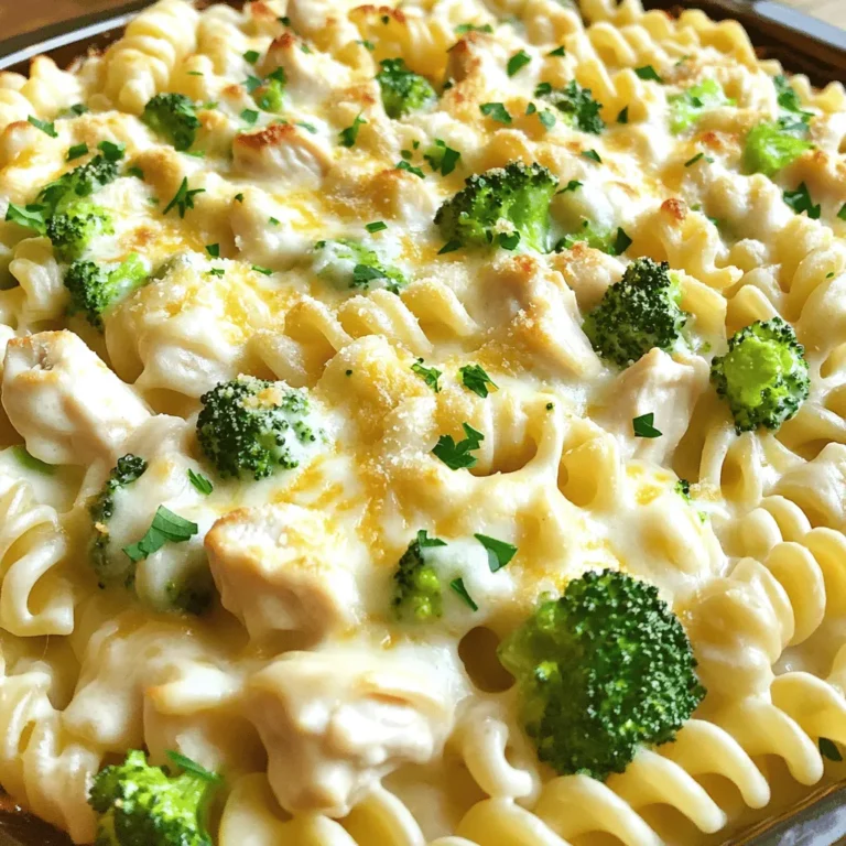 Here’s what you need to make this Easy Chicken Alfredo Bake: - 2 cups cooked rotini pasta - 2 cups cooked chicken breast, diced - 1 cup broccoli florets (fresh or frozen) - 1 cup Alfredo sauce (store-bought or homemade) - 1 cup shredded mozzarella cheese - ½ cup grated Parmesan cheese - 1 teaspoon garlic powder - 1 teaspoon Italian seasoning - Salt and pepper to taste - Fresh parsley for garnish (optional) Gather these ingredients, and you are ready to start cooking. The rotini pasta gives a nice bite, while the chicken adds protein. Broccoli brings color and a hint of freshness. You can use store-bought Alfredo sauce for ease or make your own if you have time. The cheeses melt beautifully, making each bite creamy and rich. Don't forget the garlic powder and Italian seasoning; they enhance all the flavors. You can adjust the salt and pepper to fit your taste. If you want, sprinkle fresh parsley on top for a pop of green. This recipe is simple and perfect for a family meal. For the full recipe, check the details above. - Preheat oven to 375°F (190°C). - In a large mixing bowl, combine 2 cups cooked rotini pasta, 2 cups diced chicken, and 1 cup broccoli florets. This step sets the stage for your dish. Make sure your pasta is cooked but firm. This will help keep its shape when baked. You can use fresh or frozen broccoli. Both work well. - Add 1 cup Alfredo sauce, 1 teaspoon garlic powder, 1 teaspoon Italian seasoning, and salt and pepper to taste. Stir until coated. Mix everything well. You want the sauce to cover all pasta, chicken, and broccoli. This will ensure a creamy texture throughout the bake. Feel free to adjust the seasonings. Personal taste is key here! - Transfer mixture to a greased 9x13 inch baking dish. Layer 1 cup shredded mozzarella cheese and ½ cup grated Parmesan cheese on top. - Cover with foil and bake for 20 minutes. After that, remove the foil and bake for an additional 10-15 minutes, or until the cheese is bubbly and golden. Baking with foil helps cook everything through without drying it out. Uncovering it at the end gives you that beautiful golden cheese layer. Trust me, it’s worth the wait! Don’t forget to check the dish before serving. Let it cool for a few minutes. This makes it easier to serve and eat. Enjoy your Easy Chicken Alfredo Bake! For the full recipe, be sure to check the earlier section. To make the best Easy Chicken Alfredo Bake, start with your pasta. Ensure it is al dente. This means it should be firm but not hard. This gives the dish a great texture. Next, use freshly grated cheese. It melts better than pre-shredded cheese. Fresh cheese adds a creamier taste and makes the dish shine. Many people make the mistake of not pre-cooking chicken and pasta. Pre-cooking helps them blend well. It also saves time when baking. Another common mistake is overbaking. This can dry out your dish. Keep a close eye on the bake. Remove it from the oven when the cheese is bubbly and golden. Using these tips will help you create a tasty Chicken Alfredo Bake. For the full recipe, check out the [Full Recipe]. Enjoy your cooking! {{image_2}} You can change the pasta for different shapes. Swap rotini for penne or any pasta you like. Each type brings a new twist. You can also add more veggies. Try spinach or bell peppers for color and taste. These swaps keep the dish fresh and fun. Want more flavor? Spice it up! Add paprika for warmth or red pepper flakes for heat. Both will make your meal pop. You can also use sun-dried tomatoes. They add a tangy taste that pairs well with creamy sauce. These enhancements can turn a simple bake into a gourmet dish. To keep your Easy Chicken Alfredo Bake fresh, use an airtight container. Place any leftovers in the container and store them in the refrigerator. It tastes best if you eat it within 3-4 days. This way, you will enjoy the creamy goodness at its best. When it's time to enjoy your leftovers, reheat them in the oven. This method helps keep the texture nice and creamy. If you prefer the microwave, add a splash of milk. This extra moisture will help bring back the creamy texture. Enjoy your meal just like when it was fresh! Yes, you can freeze Easy Chicken Alfredo Bake for up to 2 months. Make sure it cools completely before you put it in a freezer-safe container. This way, you keep the flavor and texture. When you’re ready to eat, just thaw it in the fridge overnight. Then, bake it until warm. Yes, you can prepare this recipe ahead of time. Just mix all the ingredients and place them in a baking dish. Cover it and refrigerate before baking. This makes dinner easy after a busy day. You can bake it straight from the fridge; just add a few extra minutes to the cooking time. You can pair Chicken Alfredo Bake with a side salad or garlic bread. A fresh salad adds crispness and balances the creamy dish. Garlic bread brings extra flavor and is great for dipping. Both options make your meal more complete and satisfying. You now have a simple and tasty Chicken Alfredo Bake recipe. We covered the key ingredients, step-by-step instructions, and useful tips. You learned how to avoid common mistakes and explore fun variations. Don't hesitate to make this dish your own with different veggies and spices. With easy storage options and reheating tips, this meal is great for leftovers too. Enjoy cooking and sharing this delightful dish!