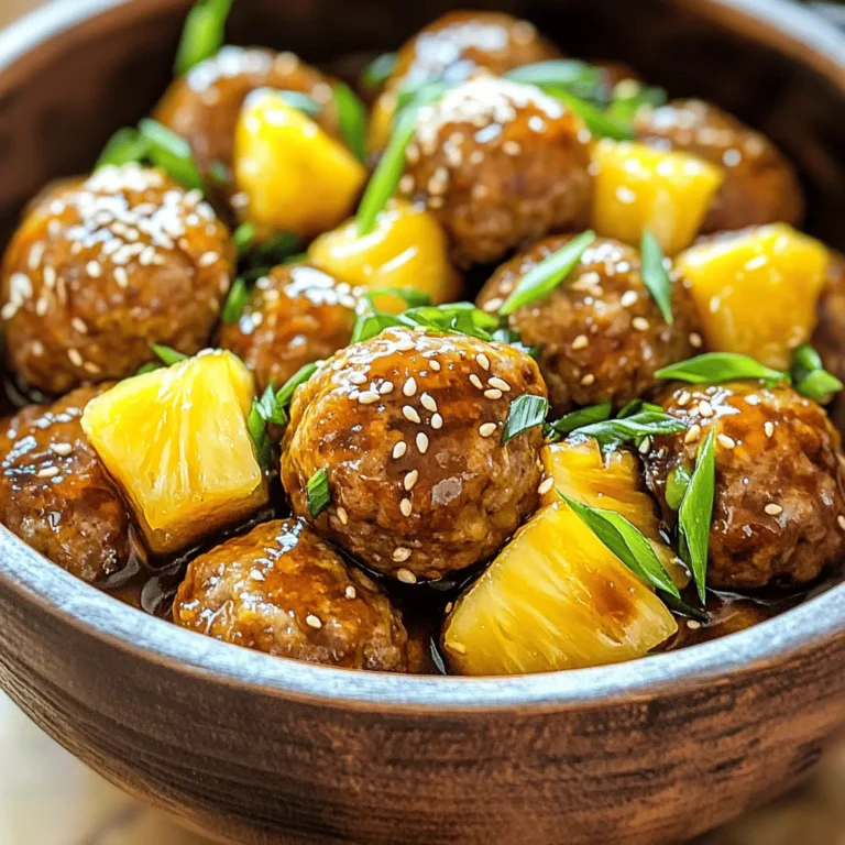 To make Pineapple Teriyaki Meatballs, you need a few simple ingredients. Here is what you will need: - 1 pound ground chicken or turkey - 1/2 cup breadcrumbs (gluten-free if needed) - 1/4 cup finely chopped green onions - 1/4 cup crushed pineapple, drained - 1 teaspoon garlic powder - 1 teaspoon ginger powder - 1 egg, beaten - Salt and pepper to taste For the teriyaki sauce, gather these items: - 1/2 cup low-sodium soy sauce - 1/4 cup honey (maple syrup works for vegan) - 2 tablespoons rice vinegar - 1 tablespoon cornstarch mixed with 2 tablespoons cold water - 1/2 cup diced pineapple (fresh or canned) - 1 tablespoon sesame seeds (for garnish) You will need some basic kitchen tools to prepare these meatballs. Here’s what you should have: - Mixing bowl - Baking sheet - Parchment paper (for easy cleanup) - Small saucepan - Measuring cups and spoons - Spoon or spatula for mixing Do you need to make some swaps? Here are some easy substitutes: - Use ground beef or pork instead of chicken or turkey. - Swap breadcrumbs with oats or crushed rice crackers. - Use scallions if you can’t find green onions. - Try using coconut aminos instead of soy sauce for a soy-free option. - Maple syrup can replace honey for a vegan choice. These swaps can help you make tasty meatballs no matter what you have on hand. For the full recipe, check the complete guide. To start, gather all your ingredients. You need one pound of ground chicken or turkey. Add half a cup of breadcrumbs, and look for gluten-free if you need it. Next, chop up a quarter cup of green onions. Drain and crush a quarter cup of pineapple. In a large bowl, combine these ingredients. Add one teaspoon of garlic powder and one teaspoon of ginger powder. Crack one egg and beat it before adding it to the mix. Season with salt and pepper to your taste. Now, mix everything well until combined. First, preheat your oven to 400°F (200°C). While the oven warms up, shape your mixture into small meatballs. Aim for about one inch in diameter. Place them on a lined baking sheet, spaced apart. Bake the meatballs for 15 to 20 minutes. They should be golden brown and cooked through. Keep an eye on them to avoid burning. While your meatballs bake, it’s time for the teriyaki sauce. In a small saucepan, combine half a cup of low-sodium soy sauce and a quarter cup of honey. You can use maple syrup if you want a vegan option. Add two tablespoons of rice vinegar and half a cup of diced pineapple. Heat this over medium until it simmers. In a separate bowl, mix one tablespoon of cornstarch with two tablespoons of cold water. Pour this mixture into your sauce and stir well. Cook for another two to three minutes until it thickens. Once your meatballs are done, coat them with the teriyaki sauce. For a complete guide, check the Full Recipe. To make the best meatballs, start with fresh ingredients. Use ground chicken or turkey. The choice of meat affects the taste and texture. Mix the ingredients well, but don’t overwork them. This keeps the meatballs tender. Shape them into even balls, about one inch wide. Use wet hands to prevent sticking. Bake them until golden brown for a nice texture. These meatballs shine on their own, but pair them with rice or quinoa. A side of steamed veggies adds color and nutrition. You can also serve them as appetizers with toothpicks. Drizzle extra teriyaki sauce on top for more flavor. Garnish with sesame seeds for crunch. Offer fresh pineapple pieces to add a fruity touch. To boost the flavor, try adding fresh herbs. Chopped cilantro or basil work well. You can also include chopped bell peppers for extra sweetness. If you like spice, add a dash of red pepper flakes to the sauce. For a smoky taste, use smoked soy sauce. This will give your dish a unique twist. For the full recipe, check out the complete guide. {{image_2}} You can swap ground chicken or turkey for other proteins. Try ground beef or pork for a richer taste. If you prefer lighter options, use ground chicken breast. For a leaner choice, ground turkey is great too. Each protein brings its own flavor, so feel free to experiment! To make this dish vegan, you can use lentils or chickpeas as your base. Just mash them up and mix with breadcrumbs and spices. Tofu also works well. Crumble firm tofu and blend it with flavorings. Use flaxseed meal mixed with water instead of an egg to bind the mixture. Serve your meatballs over rice or noodles for a filling meal. You can also add them to a fresh salad for a lighter option. Another fun way is to use them in sliders, served in small buns with extra teriyaki sauce. Don’t forget to garnish with fresh herbs or sesame seeds for that extra pop! For the full recipe, check out the Pineapple Teriyaki Meatballs section above. Once you finish your meal, let the meatballs cool. Then, place them in an airtight container. Store them in the fridge for up to three days. If you want to enjoy them later, this works well. Just remember to keep the teriyaki sauce separate. This keeps the meatballs from getting soggy. To reheat, you have a few choices. You can use the microwave or the oven. For the microwave, place the meatballs in a bowl with a splash of water. Heat for one to two minutes. If you prefer the oven, preheat it to 350°F (175°C). Place the meatballs on a baking sheet and heat for about ten minutes. Either way, ensure they are hot all the way through. Freezing is a great option for longer storage. Place cooled meatballs in a single layer on a baking sheet. Freeze them for about an hour. Once they are firm, transfer them to a freezer-safe bag. You can keep them frozen for up to three months. When you're ready to eat, thaw them in the fridge overnight before reheating. This method keeps your meatballs tasty and fresh. For the full recipe, check out the recipe section. You can enjoy Pineapple Teriyaki Meatballs with many sides. Rice is a classic choice. It soaks up the tasty sauce. You can also serve them with steamed veggies. Broccoli or snap peas work well. A fresh salad adds crunch and color, too. Try a simple cucumber salad for a refreshing touch. Noodles are another good option. They can be tossed in the teriyaki sauce for flavor. Yes, you can make Pineapple Teriyaki Meatballs ahead of time. Prepare the meatballs and bake them. Let them cool, then store in the fridge. You can keep them for up to three days. To heat, just warm them in the oven. If you want to freeze them, do so before baking. Freeze the raw meatballs on a tray first. Once frozen, place them in a bag. They last for about two months in the freezer. Making a gluten-free version is easy! Use gluten-free breadcrumbs in the meatball mix. Check your soy sauce, too. Look for a gluten-free soy sauce or tamari. This way, you keep the great flavor without gluten. You can also use coconut aminos as a soy sauce substitute. This makes the dish suitable for gluten-free diets without losing its tasty essence. Pineapple Teriyaki Meatballs are easy and fun to make. We covered key ingredients, simple steps, and tools needed. You learned tips to create perfect meatballs and tasty variations. I shared storage methods and answered common questions to help you enjoy this dish. Now, get creative and put your twist on these meatballs. Experiment with flavors and share them with family and friends. Enjoy cooking!