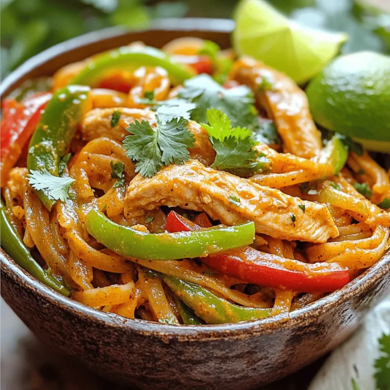 To create your One-Pot Chicken Fajita Pasta, you need some key items. Start with fresh chicken and colorful veggies. The spices add the perfect kick. Here’s the list: - 1 lb (450g) chicken breast, sliced into strips - 1 red bell pepper, sliced - 1 green bell pepper, sliced - 1 medium onion, sliced - 3 cloves garlic, minced - 2 teaspoons chili powder - 1 teaspoon cumin - 1 teaspoon paprika - ½ teaspoon salt - ¼ teaspoon black pepper - 8 oz (225g) pasta (penne or fusilli works best) - 1 cup canned diced tomatoes (with juices) These ingredients work together to make a tasty dish that is simple to prepare. You probably have some of these items at home already. They are essential for flavor and cooking. Here’s what you need: - 1 tablespoon olive oil - 3 cups chicken broth These pantry staples help create a rich and savory sauce for your pasta. To finish your dish, you’ll want some tasty garnishes. They add flavor and look great on the plate. Here are my favorites: - 1 cup shredded cheese (cheddar or Mexican blend) - Fresh cilantro or parsley for garnish - Lime wedges for serving These add a burst of flavor and color, making your meal even more enjoyable. For the full recipe, check out the complete guide on making this easy weeknight meal. First, heat one tablespoon of olive oil in a large pot over medium heat. Add the sliced chicken breast to the pot. Cook it for about 5-7 minutes. You want the chicken to be browned and fully cooked. Once done, remove the chicken from the pot and set it aside on a plate. In the same pot, add the sliced onions and bell peppers. Sauté these for about 5-6 minutes. You want them to become tender and slightly caramelized. This step adds great flavor. Next, add the minced garlic, chili powder, cumin, paprika, salt, and black pepper. Cook for one more minute. This will help release the spices' flavors. Now, pour in 3 cups of chicken broth and add 1 cup of canned diced tomatoes with their juices. Bring the mixture to a gentle boil. Once it’s boiling, stir in 8 oz of your choice of pasta. I recommend penne or fusilli for this dish. Reduce the heat to a simmer. Cover the pot and cook for about 10-14 minutes. Stir occasionally, so the pasta cooks evenly and does not stick. After the pasta is al dente and the liquid has thickened, return the cooked chicken to the pot. Mix everything well. Top with 1 cup of shredded cheese. Cover for 2-3 minutes, letting the cheese melt. Finally, garnish with fresh cilantro or parsley before serving. Enjoy your delicious One-Pot Chicken Fajita Pasta! For the full recipe, check out the details above. To make One-Pot Chicken Fajita Pasta just right, adjust the spices. If you like it mild, use less chili powder. For heat, add more! You can also mix in extra spices like smoked paprika or cayenne. This change gives a fun twist. For a fresh taste, squeeze lime juice over the dish before serving. To keep your pasta from getting mushy, watch the cooking time. Stir the pasta often as it simmers. Check for doneness at the 10-minute mark. If it’s still too firm, give it a few more minutes. The goal is pasta that is al dente, which means firm but not hard. For a fun presentation, serve your pasta in deep bowls. Top it with fresh cilantro or parsley for color. Add lime wedges on the side for a zesty kick. You can also sprinkle extra cheese on top before serving. This adds a nice, melty look. Enjoy the fun of serving this dish! {{image_2}} You can swap out chicken for other proteins. Use beef strips for a heartier taste. Shrimp is quick and adds a fresh, seafood twist. For a vegetarian option, try chickpeas or tofu. They soak up the flavors well, making the dish just as tasty. Feel free to add more veggies to boost nutrition. Zucchini, corn, or spinach work wonderfully. You could also toss in black beans for extra protein. Top it with sliced avocado or a dollop of sour cream for a creamy touch. To make your pasta creamier, add a splash of heavy cream or cream cheese. For a spicier kick, throw in some diced jalapeños or a dash of hot sauce. Adjusting the seasoning can also change the flavor. Just remember to taste as you go! For the complete cooking process, check out the Full Recipe. To store your One-Pot Chicken Fajita Pasta, let it cool first. Then, place it in an airtight container. This keeps it fresh. You can refrigerate it for up to four days. For longer storage, freeze it in a freezer-safe container. This way, it can last for up to three months. Just remember to label the container with the date. When you’re ready to enjoy leftovers, reheat them gently. You can use a microwave or a stovetop. If using a microwave, heat in short bursts. Stir between each burst to ensure even warming. If using the stovetop, add a splash of chicken broth to prevent drying out. Stir often until it's heated through. This keeps the flavors fresh and tasty. In the fridge, One-Pot Chicken Fajita Pasta lasts about four days. If you freeze it, aim to eat it within three months for the best taste. After that, it might lose some quality. Always check for any off smells or changes in texture before eating leftovers. Yes, you can use whole wheat pasta in this recipe. Whole wheat pasta adds a nutty flavor and is healthier. It has more fiber than regular pasta. When using it, adjust the cooking time. Whole wheat pasta may need a few extra minutes to cook. Check for doneness frequently to avoid mushiness. This recipe is not gluten-free with regular pasta. However, you can easily make it gluten-free. Just swap the regular pasta for gluten-free pasta. Many brands offer gluten-free penne or fusilli options. Also, ensure that your chicken broth is gluten-free. This way, you can enjoy the dish without gluten. Yes, you can prepare this dish ahead of time. Make the pasta and sauce as usual. Store it in the fridge after it cools. When ready to eat, simply reheat it on the stove. Add a splash of broth if needed to keep it moist. This makes for a quick and easy meal on busy nights. In this blog post, we covered essential ingredients, from chicken and pasta to herbs and spices. I shared step-by-step instructions for cooking and combining flavors. We discussed helpful tips for perfecting taste and served ideas to impress. You also learned about variations using different proteins and vegetables, plus storage techniques for leftovers. Remember, cooking is fun and allows for creativity. Enjoy making this dish your own, and savor every bite!