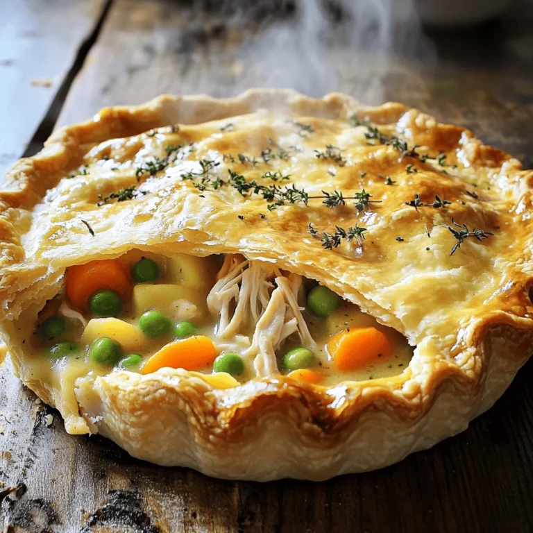 When I prepare a classic chicken pot pie, I focus on fresh and simple ingredients. Here’s what you need: - 2 cups cooked chicken, shredded - 1 cup carrots, diced - 1 cup peas (fresh or frozen) - 1 cup potatoes, diced - 1 small onion, chopped - 3 tablespoons butter - 3 tablespoons all-purpose flour - 2 cups chicken broth - 1/2 cup milk - 1 teaspoon garlic powder - 1 teaspoon dried thyme - Salt and pepper to taste - 1 package refrigerated pie crusts (or homemade crust) - 1 egg (for egg wash) These ingredients create a warm, hearty filling that comforts the soul. When I choose chicken, I often use leftover roasted chicken. This adds flavor and saves time. Fresh vegetables give the pie a bright taste. You can use frozen veggies if fresh isn’t available. They work well, too. The butter and flour create a rich base for the filling. I love adding garlic powder and thyme for extra flavor. Make sure to season with salt and pepper to bring everything together. For the crust, I typically use store-bought for convenience. But if you have time, a homemade crust can take your dish to the next level. Remember to brush the top with an egg wash. It gives the pie a golden, shiny finish. This combination of ingredients makes a chicken pot pie that everyone will love. For the full recipe, check the other sections. - Preheat Oven: Preheat your oven to 425°F (220°C). - Sauté Vegetables: Melt the butter in a large skillet. Add chopped onions, carrots, and potatoes. Cook for about 5 minutes until they start to soften. - Make Roux: Sprinkle in the flour. Stir continuously for 1-2 minutes until it's golden. - Add Broth and Milk: Gradually whisk in the chicken broth. Then add the milk, stirring until thickened, about 3-5 minutes. - Combine Filling: Stir in the cooked chicken, peas, garlic powder, thyme, salt, and pepper. Heat through until warm. - Prepare and Fill Crust: Roll out one pie crust and fit it into a 9-inch pie dish. Pour in the chicken mixture, spreading it evenly. - Top with Crust: Roll out the second pie crust and place it on top. Seal the edges by crimping with your fingers. Cut slits in the top crust for steam to escape. - Egg Wash: Beat the egg in a small bowl. Brush it over the top crust for a golden finish. - Bake: Place the pot pie in the oven. Bake for 30-35 minutes until the crust is golden brown and the filling bubbles. For more detailed instructions, check out the [Full Recipe]. Using Homemade vs. Store-Bought Crust I often use store-bought pie crusts for ease. They save time and still taste good. However, if you want to try homemade, it can add a special touch. Use cold butter and chilled water for best results. This keeps your crust flaky and light. Techniques for a Flaky Pie Crust To achieve a flaky crust, handle the dough gently. Overworking it can make it tough. When rolling out, keep it thick enough to hold the filling but thin enough to cook well. A few small slits in the top allow steam to escape, ensuring a crisp crust. Suggested Herbs and Spices I love adding herbs to boost flavor. Thyme is classic for chicken pot pie. Rosemary and parsley also work well. A pinch of garlic powder adds depth without overpowering the dish. Adding Extra Vegetables or Cheese Feel free to add more veggies. Corn, green beans, or even mushrooms can make it heartier. For a cheesy twist, sprinkle some cheddar or Gruyère before adding the top crust. This makes for a creamy, rich filling. Importance of Proper Sautéing Sautéing your vegetables is key to flavor. Start with onions; they add a sweet base. Sauté until they are soft, then add other veggies. This step builds a great flavor foundation for your filling. Tips for Thickening the Filling To ensure a thick filling, make a roux with flour and butter. Cook it briefly to remove raw flour taste. Then slowly whisk in chicken broth and milk. This helps create a silky sauce that holds everything together. {{image_2}} You can change the proteins in your chicken pot pie. Try using turkey instead of chicken. It gives a nice twist while keeping it hearty. If you want a veggie option, use mushrooms or lentils. They add great texture and flavor. For those who need gluten-free options, swap out regular flour. You can use gluten-free flour blends instead. Make sure to check for a good brand that binds well. Also, use gluten-free pie crusts, which you can find in stores. The sauce is key to a great pot pie. You can use different stocks to change the taste. Instead of chicken broth, try vegetable broth for a lighter flavor. You could even use a creamy mushroom soup for a rich twist. Cheese is another fun way to enhance your dish. Mixing in some cheddar adds a sharp bite. For a more unique taste, consider adding goat cheese or feta. This will give your pot pie a creamy texture and a burst of flavor. Make a Mexican-inspired pot pie for a fun change. Use shredded chicken and add taco seasoning. You can throw in black beans and corn for extra flavor. Top it with a sprinkle of cheese and fresh cilantro before baking. For an Asian twist, think about adding soy sauce and ginger. Use cooked chicken and mix in some snow peas and carrots. You can even top it with a flaky wonton wrapper instead of a pie crust. This brings a new crunch to your dish. Explore these variations to make your chicken pot pie your own. Don't forget to check out the Full Recipe for guidance! To store leftover chicken pot pie, let it cool first. Cover it tightly with plastic wrap or foil. You can also use an airtight container. This helps keep the pie moist and fresh. In the fridge, it lasts about 3 to 4 days. Freezing chicken pot pie is a great way to keep it longer. First, let it cool completely. Wrap it well in plastic wrap, then in foil. Label it with the date. You can freeze it for up to 3 months. To reheat, remove the wrapping. Place the pie on a baking sheet. Heat it in a 350°F (175°C) oven for about 30-40 minutes. If it’s frozen solid, it may take longer. Check that it’s hot all the way through before serving. If you have leftover filling, there are many fun ways to use it. You can make chicken pot pie soup by adding broth and veggies. You can also stuff it in tortillas for tasty wraps. Another option is to use it as a filling for crepes. These ideas help you enjoy the flavors in new ways. For the full recipe, check out the Comforting Chicken Pot Pie section. You can make chicken pot pie from scratch by using fresh ingredients. Start with cooking chicken, then sauté vegetables like carrots and onions. Make a roux with butter and flour, then add chicken broth and milk. Mix in your chicken and veggies. Pour the filling into a pie crust, cover it, and bake until golden. For a full guide, check the Full Recipe. Yes, you can use frozen vegetables for your chicken pot pie. They save time and can be just as tasty as fresh ones. Just make sure to thaw and drain them before adding them to the filling. This helps avoid extra moisture in your pot pie. If you want a different protein, you can use turkey, beef, or even tofu. Each option will give the pie a unique flavor. For a vegetarian version, try using mushrooms or lentils for a hearty filling. Your pot pie is done when the crust is golden brown and the filling bubbles. You can check by inserting a knife into the filling. If it comes out hot, your pie is ready to eat. Yes, you can prepare the filling ahead of time. Store it in the fridge for up to two days. When you're ready, simply assemble your pot pie and bake. This makes meal prep easy and quick! This blog post has shown you how to make a delicious chicken pot pie. We covered ingredients, step-by-step cooking, and tips for the perfect crust. You learned about flavors, variations, and how to store leftovers. With these easy steps, you can create a comforting meal that everyone will love. Don't hesitate to experiment with your own flavors. Happy cooking!
