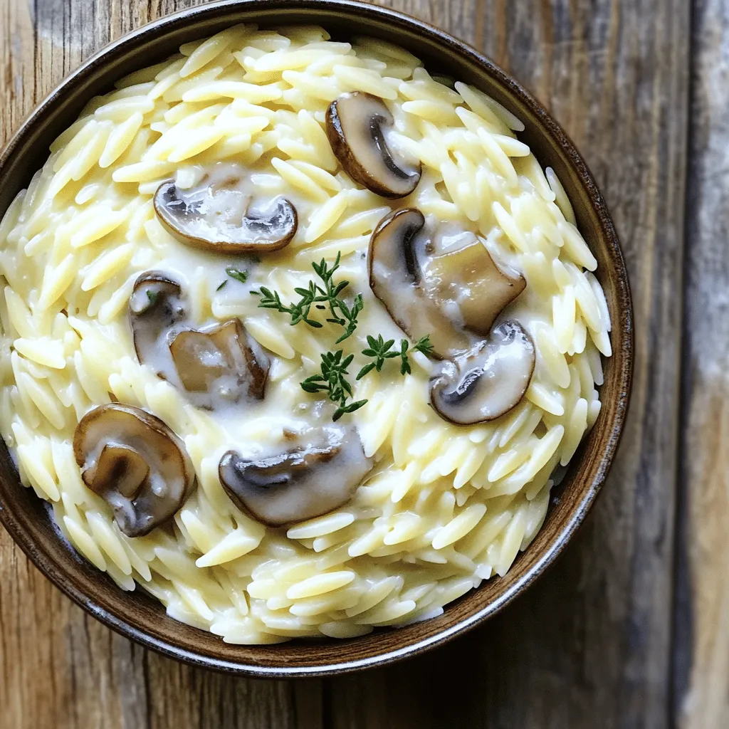 To make creamy mushroom orzo, you need a few key ingredients. Here’s what you’ll gather: - 1 cup orzo pasta - 2 cups vegetable broth - 1 cup sliced mushrooms (button or cremini) - 1 small onion, diced - 2 cloves garlic, minced - 1 tablespoon olive oil - 1 cup heavy cream (or coconut cream for a vegan option) - 1/2 cup grated Parmesan cheese (or nutritional yeast for vegan) - 2 tablespoons fresh thyme leaves (or 1 tablespoon dried thyme) - Salt and pepper to taste - Fresh parsley, chopped (for garnish) These items create a rich and creamy base that warms the soul. The combination of fresh mushrooms and thyme makes each bite special. You can tweak this recipe to fit your taste. Here are some optional ingredients you might want to add: - Spinach or kale for extra greens - Peas for a pop of color - Chicken or shrimp for added protein - Different herbs like basil or oregano Feel free to mix and match! Each option can give your dish a new twist. This recipe can fit many diets. For a vegan version, use coconut cream and nutritional yeast. Both work great! If you want a gluten-free dish, swap the orzo for gluten-free pasta. Remember, customizing your meals helps you enjoy them more. Check the [Full Recipe](#) for details, and make it your own! Start by heating the vegetable broth in a medium saucepan. Use medium heat and keep it warm. This step is key for cooking the orzo evenly. Warm broth blends better with the pasta, creating a creamy texture. In a large skillet, heat olive oil on medium heat. Once hot, add the diced onion. Sauté for about 3-4 minutes until the onion looks soft and clear. Next, stir in minced garlic and sliced mushrooms. Cook for another 5-7 minutes until the mushrooms become soft and brown. This step adds deep flavor to your dish. Add the orzo pasta to the skillet. Stir for 1-2 minutes to let the pasta soak in the flavors. Gradually pour in the warm vegetable broth, one ladle at a time. Stir often and wait for most of the broth to absorb before adding more. This takes about 10 minutes. When the orzo is al dente and creamy, lower the heat. Mix in the heavy cream and Parmesan cheese, stirring until everything melts together. Finally, add fresh thyme, salt, and pepper to taste. Let it simmer for 2-3 minutes, then take off the heat. Serve hot, garnished with fresh parsley. For the full recipe, check the section above. To get that rich, creamy texture in your creamy mushroom orzo, focus on two things: the cream and the broth. Start with warm broth to help the orzo cook evenly. Stir in the cream slowly and let it blend well. This way, the orzo absorbs all the flavors. If you want an even creamier dish, add a bit more cream at the end. This will make every bite smooth and flavorful. Choosing the right mushrooms is key. I love using button or cremini mushrooms because they add a nice earthiness. Shiitake or portobello mushrooms are great too. They bring a deeper flavor. Slice them thin so they cook evenly. The more mushrooms you add, the more savory your dish will be. Feel free to mix different types for a unique taste! You can change the flavor of your creamy mushroom orzo easily. Want a richer taste? Add more garlic or a splash of white wine. Try different herbs like rosemary or sage for a twist. If you like a kick, add some crushed red pepper flakes. You can also swap out the Parmesan for a sharp cheese like aged cheddar. Let your taste buds guide you! For the complete recipe, check out the Full Recipe. {{image_2}} You can make creamy mushroom orzo even better by adding more veggies. Spinach, peas, or zucchini bring color and nutrients. They also add great taste. You can also mix in proteins for a hearty meal. Grilled chicken or shrimp works well. If you want a plant-based option, try chickpeas or lentils. These not only add protein but also fiber, making your dish filling. If you need a dairy-free dish, use coconut cream instead of heavy cream. It gives a nice flavor and keeps it creamy. For cheese, nutritional yeast is a good choice. It has a cheesy taste but is vegan. If you need a gluten-free version, swap the orzo for gluten-free pasta. There are many great options available now that cook up nicely without losing taste. This dish can change with the seasons! In spring, try adding asparagus or fresh peas. For summer, use ripe tomatoes or fresh corn. In fall, consider adding pumpkin or butternut squash. Winter calls for root veggies like carrots or parsnips. Each season brings new flavors that keep this dish fresh and exciting. For the full recipe, check out the [Full Recipe]. To store your creamy mushroom orzo, cool it to room temperature first. Use an airtight container to keep it fresh. This helps keep out moisture and air. Place the container in the fridge. It will stay good for about 3 to 4 days. Reheat your orzo on the stove or in the microwave. If using the stove, add a splash of vegetable broth. This helps to restore the creaminess. Heat it over low heat, stirring often. In the microwave, use a microwave-safe bowl. Cover it loosely and heat in 30-second intervals. Stir between intervals to heat evenly. If you want to freeze creamy mushroom orzo, first let it cool completely. Use freezer-safe containers or bags. It can last up to 2 months in the freezer. When ready to eat, thaw it in the fridge overnight. Reheat it gently, adding a little vegetable broth if needed. For the complete recipe, check out the Full Recipe section. You can use several options instead of heavy cream. Coconut cream works well for a vegan dish. Silken tofu blended until smooth can also give a creamy texture. If you want a lighter option, try whole milk or half-and-half. These choices keep the dish rich but adjust the calories. Creamy mushroom orzo can last about 3 to 5 days in the fridge. Store it in an airtight container to keep it fresh. Before eating, check for any off smells or changes in texture. Reheat it gently on the stove or in the microwave. Yes, you can use other pasta shapes! Penne, fusilli, or even spaghetti can work. Just keep an eye on the cooking time, as different pastas may cook faster or slower than orzo. Adjust the liquid as needed to keep it creamy. You can find the full recipe for creamy mushroom orzo at the beginning of this article. In this blog post, we covered the key ingredients for creamy mushroom orzo and how to prepare it. I shared tips for achieving the right texture and flavor. You learned how to add nutrition and customize the dish to your needs. Remember to store leftovers well and enjoy seasonal variations. Creamy mushroom orzo can easily fit into your diet and satisfy your taste buds. Get creative with your ingredients and make this dish your own!