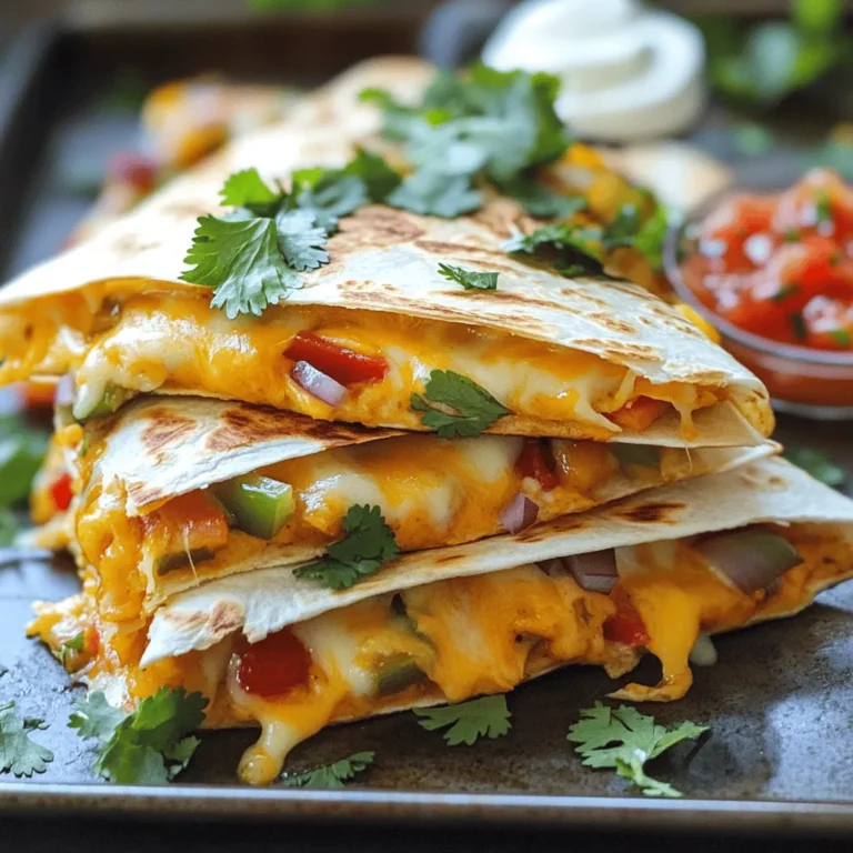 To create a loaded sheet pan quesadilla, you need the right mix of tasty ingredients. Here’s what to gather: - Flour tortillas: 8 large ones for the base. - Cheese: 2 cups each of shredded cheddar and Monterey Jack for that gooey goodness. - Protein: Choose 1 cup of cooked and seasoned chicken or black beans for a vegetarian choice. - Vegetables: Include 1 sliced bell pepper, 1 sliced red onion, and 1 cup of corn kernels. Feel free to use fresh, frozen, or canned corn. - Spices: Use 1 teaspoon each of ground cumin and chili powder for flavor. - Optional heat: 1 deseeded and minced jalapeño, if you like it spicy. - Olive oil: 1 tablespoon helps crisp up the quesadilla. - Salt and black pepper: Add to taste for seasoning. - Garnishes: Fresh cilantro, chopped for a pop of color and flavor. - Serving options: Sour cream and salsa make great dips. This combination of ingredients creates a flavor-packed delight. Each bite bursts with cheese, spice, and wholesome veggies. When you follow the full recipe, you'll end up with a dish that everyone will love. Enjoy the fun of making this loaded sheet pan quesadilla! First, preheat your oven to 400°F (200°C). This high temp helps the quesadilla get nice and crispy. While it heats, grab a large baking sheet. You can line it with parchment paper or just spray it with some cooking spray to keep it from sticking. Next, we need to mix our filling. In a large bowl, combine 1 cup of cooked chicken or black beans with the sliced bell pepper, red onion, corn, and jalapeño. Then, add 1 teaspoon of ground cumin, 1 teaspoon of chili powder, and a pinch of salt and pepper. Give it a good stir until all the ingredients blend well together. This mix packs a punch of flavor! Now, let’s build our quesadilla. Lay down 4 flour tortillas on your baking sheet. Make sure they cover the sheet evenly. Sprinkle half of the cheddar and Monterey Jack cheese over the tortillas. Next, spread your filling mixture on top of the cheese, then add the rest of the cheese. Finally, place the remaining 4 tortillas on top. Press down gently to keep it all together. Brush the tops with a bit of olive oil for that golden look. It’s time to bake! Pop the sheet pan into your preheated oven. Let it bake for 15 to 18 minutes. You want the tortillas to turn golden brown and the cheese to melt and bubble. Once done, take it out and let it cool for a few minutes. Then, slice it into wedges and enjoy your loaded sheet pan quesadilla! For the full recipe, check the earlier section. To boost the taste of your loaded sheet pan quesadilla, consider adding some spices and herbs. You can try: - 1 teaspoon smoked paprika for a deeper flavor. - Fresh oregano or thyme to add earthiness. - A pinch of cayenne pepper for a kick. Mix these into your filling for a burst of flavor. Experiment with different herbs to find your perfect blend. A golden, crispy quesadilla is a must. Here’s how to get that perfect crunch: - Brush the tops of the quesadillas with olive oil before baking. This helps them crisp up. - Use a baking sheet lined with parchment paper. It prevents sticking and allows heat to circulate. - Bake at 400°F (200°C) for the right amount of time. Check for a golden brown color. Letting them bake until the cheese is bubbly ensures a nice texture. To keep your quesadillas from being soggy or overcooked, follow these tips: - Don’t overload the quesadilla with too many fillings. This can make them heavy and soggy. - Make sure to drain any excess liquid from vegetables or proteins before mixing. - Avoid baking them for too long. Check them around the 15-minute mark to prevent overcooking. By avoiding these common pitfalls, you’ll enjoy a quesadilla that is both crisp and full of flavor. For the full recipe, check out the details above. {{image_2}} You can easily make this dish meatless. Simply swap the chicken for black beans. Black beans add protein and a rich taste. You can also use lentils or quinoa for added texture. Add more veggies like zucchini or mushrooms for extra flavor. Don't forget to keep the spices; they enhance each bite. Get creative with your toppings! Try adding sliced olives or avocado for creaminess. Pineapple chunks can bring a sweet touch. You could also sprinkle fresh jalapeños for heat. Experiment with different cheeses too. Feta or pepper jack can give you a fun twist. These variations make your quesadilla unique every time. You can cook quesadillas on the stovetop or grill them! For the stovetop, heat a skillet over medium heat. Cook each quesadilla for about 3-4 minutes on each side. This method gives them a nice crispiness. If you want to grill, use a grill pan or outdoor grill. Just be sure to press down on the quesadilla for even cooking. Each method adds its own fun flair to this dish! To keep your loaded sheet pan quesadilla fresh, store it in an airtight container. Let it cool down first. This helps prevent moisture buildup. You can keep it in the fridge for up to three days. If you want to keep it longer, freezing is a great option. When you reheat your quesadilla, you want to keep it crispy. The best way is to use an oven or an air fryer. Preheat your oven to 350°F (175°C). Place the slices on a baking sheet and warm them for about 10 minutes. This keeps the cheese melty and the tortillas crispy. You can also use a skillet. Heat it over medium heat for a few minutes on each side. To freeze your loaded quesadilla, slice it into portions. Wrap each slice tightly in plastic wrap. Then put the wrapped slices in a freezer bag. Make sure to remove as much air as possible. When you are ready to eat, defrost it in the fridge overnight. Then reheat it using your preferred method. Enjoy that delicious flavor again! For the full recipe, check out the details above. Yes, you can make the filling ahead of time. Cook the chicken or beans and chop the veggies. Store them in an airtight container in the fridge for up to 2 days. When ready to cook, just mix the filling and assemble your quesadilla. This saves time and makes dinner easier. For a tasty quesadilla, I recommend using a mix of cheeses. Cheddar and Monterey Jack work great together. You could also try pepper jack for a spicy kick. Other options include gouda or mozzarella for a different flavor. Mix and match to find your favorite! To make your quesadilla gluten-free, use gluten-free tortillas. Many brands offer tasty options that don’t break apart. Just follow the same steps in the recipe. The filling remains the same, so you still get all the flavor. Absolutely! Adding more veggies enhances the taste and nutrition. Consider adding spinach, mushrooms, or zucchini. You can also add black olives for a salty touch. Feel free to experiment with your favorite veggies to make it your own! You can make delicious quesadillas at home with simple steps. We covered the key ingredients, mixing techniques, and baking tips to help you succeed. Remember, feel free to get creative with flavors and toppings to make them your own. Store any leftovers wisely to keep them tasty for later. Enjoy experimenting with different options and impressing family and friends with your skills. Now, get in the kitchen and start making those perfect quesadillas!