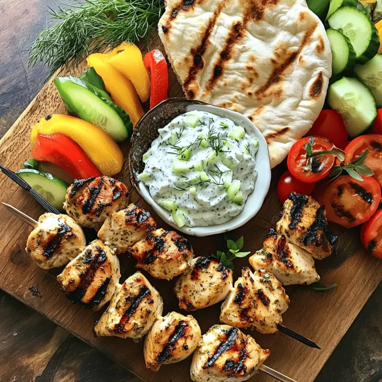 To make tasty Tzatziki Chicken Skewers, you need a few key items: - 1 lb chicken breast, cut into 1-inch cubes - 2 tablespoons olive oil - 2 teaspoons dried oregano - 1 teaspoon garlic powder - Salt and pepper to taste These ingredients create a juicy chicken base. The chicken breast is lean and cooks well. The olive oil adds moisture and flavor. Oregano and garlic powder give the chicken a lovely taste. The marinade is important for flavor. You mix olive oil, oregano, garlic powder, salt, and pepper. This blend brings out the chicken's natural taste. Letting the chicken marinate for at least 30 minutes is key. It allows the flavors to soak in and makes the chicken more tender. The tzatziki sauce makes this dish shine. You will need: - 1 cucumber, shredded - 1 cup Greek yogurt - 2 tablespoons lemon juice - 1 tablespoon fresh dill, chopped - 1 clove garlic, minced - Salt to taste The cucumber adds a cool crunch. Greek yogurt gives the sauce its creamy texture. The lemon juice adds a zesty kick, while dill and garlic enhance the flavor. Together, they create a fresh and tangy dip. Serve the sauce with the skewers for the best taste. For the full recipe, check out the details above. Start by mixing olive oil, oregano, garlic powder, salt, and pepper in a bowl. This mix is your marinade. Cut the chicken breast into 1-inch cubes. Add the chicken to the marinade. Make sure each piece is well coated. Cover the bowl and let it sit in the fridge for at least 30 minutes. This step makes the chicken juicy and flavorful. While the chicken marinates, it’s time to make the tzatziki sauce. In a separate bowl, mix shredded cucumber and Greek yogurt. Add lemon juice, chopped dill, and minced garlic. Stir well to combine. Season with salt to taste. This sauce is cool and refreshing. It pairs perfectly with the warm chicken skewers. Set it aside while you grill. Preheat your grill or grill pan over medium-high heat. Take the marinated chicken pieces and thread them onto skewers. Leave some space between each piece for even cooking. Grill the skewers for about 5 to 7 minutes on each side. Cook until the chicken is no longer pink inside. You want a nice char on the outside. Once done, let them rest for a couple of minutes. Serve warm with the tzatziki sauce, pita bread, and fresh veggies. Enjoy your tasty creation! For the complete recipe, check the Full Recipe. Marinating chicken is key for flavor. Use a mix of olive oil, oregano, and garlic. This blend adds depth. Make sure to coat each piece well. I recommend marinating for at least 30 minutes. If you have more time, let it sit for a few hours. The longer it marinates, the better it tastes. Always place the chicken in the fridge while marinating. This keeps it safe and fresh. Grilling skewers can be easy with the right steps. First, preheat your grill to medium-high heat. This helps cook the chicken evenly. Thread the marinated chicken onto skewers. Leave space between each piece for air flow. Grill for about 5-7 minutes on each side. Look for a nice char and ensure it reaches 165°F inside. Let the skewers rest for a few minutes after grilling. This makes them juicy and tender. Tzatziki sauce is your secret weapon. Start with Greek yogurt, cucumber, and garlic. Mix in lemon juice for brightness. Taste as you go! If you want it stronger, add more garlic. For a bit of heat, a pinch of red pepper flakes works great. If you prefer a creamier texture, mix in more yogurt. Remember, this sauce should complement your chicken. So, adjust it to fit your taste. You can find the full recipe for Tzatziki Chicken Skewers to explore more flavors. {{image_2}} You can use many meats for skewers. Chicken is great, but beef, lamb, and pork also work well. For beef, try sirloin or tenderloin. For lamb, use leg or shoulder cuts. Pork tenderloin is juicy and easy to grill. Each meat brings a unique flavor to your skewers. If you want a vegetarian dish, consider using tofu or tempeh. These proteins soak up flavors well. You can also use mushrooms or zucchini for a tasty twist. Just cut them into bite-sized pieces. Marinate them the same way you would chicken for great flavor. You can change up the tzatziki sauce to fit your taste. For a spicy kick, add some cayenne or red pepper flakes. If you love herbs, try mint or parsley. For a tangy twist, mix in some feta cheese. You can even swap the cucumber for roasted red peppers for a different flavor. For the full recipe, check the earlier section. Store leftover chicken skewers in an airtight container. Keep them in the fridge for up to three days. If you want them to last longer, freeze them. They can stay frozen for two to three months. When ready to eat, just thaw them overnight in the fridge. To keep tzatziki sauce fresh, place it in a sealed container. Store it in the fridge for about four days. Avoid freezing tzatziki, as it may change texture. If you see excess water, simply drain it before serving. When reheating chicken skewers, use an oven for the best taste. Preheat it to 350°F. Place the skewers on a baking sheet. Heat for about 10-15 minutes until warm. You can also use a microwave, but it may make the chicken less crispy. Always serve your skewers with fresh tzatziki sauce for a delicious meal. For the full recipe, check the earlier sections. Yes, you can use other types of yogurt. I recommend using plain yogurt for a similar taste. Greek yogurt works best due to its thick texture. You can also try non-dairy yogurts if you prefer. Just ensure they are plain and unsweetened. This keeps the tzatziki fresh and tangy. You can marinate the chicken for at least 30 minutes. However, for more flavor, I suggest marinating it for up to 2 hours. If you have time, marinating overnight is great too. Just store it in the fridge to keep it fresh. This extra time lets the chicken soak up all the tasty spices. Serve the skewers with warm pita bread and fresh veggies. I love adding sliced cucumbers and tomatoes for a crunchy bite. You can also serve them with a side salad for extra freshness. Don't forget the tzatziki sauce; it adds a cool, creamy touch. For a fun twist, try serving them on a platter for sharing. Check out the Full Recipe for more ideas! Tzatziki chicken skewers are a tasty and fun dish. We covered the key ingredients, from the chicken to the tzatziki sauce. You learned how to marinate, prepare, and grill your skewers for the best taste. We shared tips for perfecting each step and explored tasty variations to try. Finally, we discussed how to store leftovers and keep them fresh. Enjoy making these skewers at home, and experiment with your flavors! You will impress your family and friends with this easy meal.