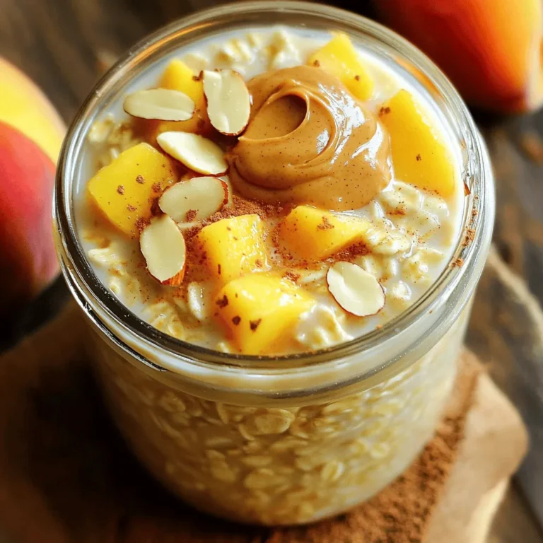 - 1 cup rolled oats - 2 cups almond milk - 1 ripe peach, diced - 1/4 cup almond butter - 2 tablespoons honey or maple syrup - 1/4 teaspoon cinnamon - 1 tablespoon chia seeds - 1/4 teaspoon vanilla extract - Sliced almonds for topping - Additional peach slices for garnish For the perfect Peach Almond Overnight Oats, you need a few simple ingredients. Each one plays a key role in flavor and nutrition. Rolled oats are the base. They provide fiber and help you feel full. Almond milk makes this dish creamy and rich. It’s a great dairy-free choice. The ripe peach adds sweetness and fresh flavor. Choose a peach that is firm but slightly soft. Almond butter gives healthy fats and a nutty taste. It also boosts the creaminess of your oats. You can use honey or maple syrup as sweeteners. Adjust the amount based on your taste. Cinnamon adds warmth and depth to the dish. Chia seeds are tiny but mighty. They provide protein and omega-3 fatty acids. A touch of vanilla extract enhances the sweetness and flavor. Finally, you can garnish with sliced almonds and peach slices for a pretty finish. These ingredients come together to create a tasty and nutritious meal. Check out the Full Recipe for all the steps! To make Peach Almond Overnight Oats, start by mixing the ingredients in a bowl. You will need: - 1 cup rolled oats - 2 cups almond milk - 1 ripe peach, diced - 1/4 cup almond butter - 2 tablespoons honey or maple syrup - 1/4 teaspoon cinnamon - 1 tablespoon chia seeds - 1/4 teaspoon vanilla extract In a medium bowl, combine the rolled oats, almond milk, chia seeds, cinnamon, and vanilla extract. Stir until everything is well mixed. Next, add the diced peach and almond butter. Make sure they are evenly spread throughout the mixture. Sweeten your mixture with honey or maple syrup, based on your taste. Cover the bowl with plastic wrap or put the mixture into jars with lids. Refrigerate the oats for at least four hours or overnight. This helps the oats absorb the liquid and become soft. When you are ready to serve, stir the oats again. If they feel too thick, add a splash of almond milk to loosen them up. Serve the Peach Almond Overnight Oats in bowls or jars. Top each serving with sliced almonds and extra peach slices for a tasty garnish. - Prep time: 10 minutes - Total time: 4 hours (or overnight) - Servings: 2 These oats make a great breakfast or snack. Enjoy the delicious and nutritious flavors! For the complete recipe, check [Full Recipe]. To make your oats creamy, use rolled oats. They soak up milk better than quick oats. Mix your oats with almond milk and let them sit overnight. This helps them soften. If you want more sweetness, add honey or maple syrup. Start with a small amount. You can always add more later. Avoid over-soaking your oats. If you let them sit too long, they can become mushy. Stick to soaking overnight or four hours. Also, choose the right type of oats. Rolled oats work best for this recipe. Instant oats may turn too gooey. To add spice, try cinnamon or nutmeg. These give a warm flavor. You can also mix in some cardamom for a unique twist. For texture and crunch, add sliced almonds or walnuts. They pair well with the peach flavor and add a nice bite. Don't forget to check the Full Recipe for more ideas! {{image_2}} You can easily switch up the fruit in your overnight oats. If you love berries, add strawberries or blueberries. Bananas also work great. You can even mix different fruits for fun flavors. Seasonal fruits are a smart choice too. In summer, use ripe peaches. In fall, try apples or pears. This keeps your breakfast fresh and exciting. While almond butter is delicious, you can try other nut butters. Peanut butter adds a rich taste, while cashew butter is creamier. When picking nut butters, check the label. Look for options without added sugars or oils. This choice helps you enjoy the health benefits without extra calories. If you want a dairy-free option, choose non-dairy milk. Almond milk is great, but oat milk or coconut milk also works well. For sweetness, use maple syrup or agave nectar. These vegan-friendly sweeteners add flavor without dairy. They make your Peach Almond Overnight Oats both tasty and accessible for everyone. For the Full Recipe, you can refer back to the main article. To keep your Peach Almond Overnight Oats fresh, choose the right container. I recommend using glass jars or airtight containers. Glass jars are great because they are easy to clean and do not retain odors. An airtight container helps keep moisture in, which prevents your oats from drying out. In the fridge, your overnight oats can last up to five days. Keep an eye on them after the first few days. If you notice any off smell or mold, it’s best to toss them. Freshness is key, so enjoy them while they are still tasty! Making a batch of Peach Almond Overnight Oats for the week is smart and easy. Just prepare several jars at once. You can also freeze them if you want to store them longer. To do this, fill your jars but leave a little space at the top. This gives the oats room to expand as they freeze. When you’re ready to eat, just thaw them in the fridge overnight. For the full recipe, check out the detailed instructions above. The best time to prepare overnight oats is in the evening. Spend about 10 minutes mixing everything together. Then, let the oats soak overnight for at least 4 hours. This soaking time helps the oats absorb the liquid and become soft. Yes, you can use other types of milk. Cow's milk, soy milk, or oat milk all work well. Each type of milk changes the taste and texture a bit. Almond milk gives a nutty flavor, while cow's milk adds creaminess. To make your overnight oats more filling, add protein-rich ingredients. Consider mixing in yogurt or nuts. Greek yogurt adds creaminess and protein. Nuts like almonds or walnuts also boost protein and add a crunchy texture. You can use steel-cut oats, but the texture will be different. Steel-cut oats take longer to soften. If you use them, soak them for at least 8 hours. They will have a chewier bite compared to rolled oats, which are softer and creamier. Peach Almond Overnight Oats offer a tasty and easy breakfast option. We discussed simple ingredients like oats, almond milk, and peaches that pack a nutritional punch. I shared tips for making perfect oats and avoiding common mistakes, so you can enjoy creamy, tasty results. Remember, you can customize with different fruits and nut butters. Store your oats correctly and they’ll last for days. Enjoy this healthy meal that fits your busy life and boosts your day!