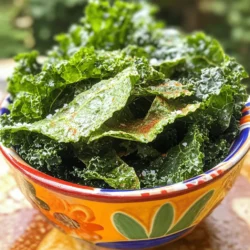 - 1 bunch of fresh kale, stems removed - 2 tablespoons olive oil - 1 teaspoon garlic powder - 1 teaspoon smoked paprika - 1 teaspoon nutritional yeast (optional) - Salt and pepper to taste Kale is a superfood. It is low in calories and high in nutrients. One cup of raw kale has about 33 calories. It offers 2 grams of protein and 1 gram of fiber. This makes it a great snack choice. Kale is a powerhouse of vitamins. It is rich in vitamins A, C, and K. These help with skin, eyes, and blood health. Kale also has antioxidants. Antioxidants fight free radicals in the body. This can lower the risk of diseases. Eating kale can also help with weight loss. It is filling and low in calories. Plus, it can improve digestion due to its fiber content. Try these crispy kale chips for a tasty snack. They are easy to make. You can find the full recipe above. Enjoy the crunch and health benefits! 1. Preheat your oven to 350°F (175°C). This step is crucial for even cooking. 2. Line a baking sheet with parchment paper. This helps with easy cleanup. 3. Remove the stems from the kale. Use your hands to tear the leaves into bite-sized pieces. 1. Place the torn kale leaves in a large bowl. 2. Drizzle two tablespoons of olive oil over the leaves. 3. Add one teaspoon of garlic powder and one teaspoon of smoked paprika. 4. If you like a cheesy flavor, add one teaspoon of nutritional yeast. 5. Sprinkle salt and pepper to taste. 6. Gently massage the kale with your hands for about 2-3 minutes. This helps the leaves get fully coated. 1. Spread the seasoned kale in a single layer on the baking sheet. Avoid overlapping. 2. Bake for 10-15 minutes. Check the edges; they should be crispy and slightly browned. 3. Keep a close eye on the kale to avoid burning. Every oven is different. 4. Once done, take the kale chips out of the oven and let them cool for a few minutes. They will get crunchier as they cool. For the full recipe, you can refer to the earlier sections. Enjoy your crispy kale chips as a tasty snack! To make crispy kale chips, spread them in a single layer on the baking sheet. This helps them bake evenly. If they overlap, some will get soggy. I learned this the hard way! To prevent soggy kale chips, massage the leaves well with oil and spices. This makes them tender but not wet. Always keep an eye on your chips while baking. They can burn fast if left unattended. You can make these chips more exciting by trying different spices. Garlic powder and smoked paprika work well, but don’t stop there! Using different oils can change the taste too. Olive oil gives a nice flavor, but you could try avocado oil for a twist. Don’t be afraid to experiment with your favorites! For the full recipe, check out the details above. {{image_2}} You can change the flavor of your kale chips easily. Try making spicy kale chips. Just add chili powder to your mix. This gives your chips a nice kick. The heat pairs well with the crunchy texture. For a sweeter option, make sweet kale chips. Sprinkle cinnamon on the kale before baking. The warmth of the cinnamon adds a great twist. You can enjoy this version as a snack or dessert. If you want to swap out olive oil, try avocado oil. It has a mild taste and works just as well. You can also use coconut oil for a unique flavor. Just melt it before mixing with the kale. For seasonings, there are many options. Try using lemon zest for a fresh taste. You can also use onion powder or cumin for added depth. Get creative and mix flavors you love! With these variations and substitutions, your crispy kale chips can be fun and tasty every time. Check out the Full Recipe for all the steps and details! To keep your leftover kale chips fresh, store them in an airtight container. This helps keep moisture out. You can use a zip-top bag too. Just make sure to squeeze out any air before sealing. If stored well, your chips can last up to a week. If you place them in the fridge, they may stay crisp for about five days. However, avoid storing them with moisture-rich foods. If your kale chips lose their crunch, don’t worry. You can easily revive them. Preheat your oven to 350°F (175°C). Spread the soggy chips on a baking sheet. Bake for about 5 minutes. Keep an eye on them to prevent burning. This should bring back their crispy texture. Enjoy your kale chips just like fresh! For the full recipe, check out Kale Crunchies . How do you make kale chips crispy? To make kale chips crispy, start with fresh kale. Wash it and dry it well. Remove the thick stems and tear the leaves into bite-sized pieces. Coat the kale with olive oil and seasonings. Massage the leaves to ensure even coverage. Spread them on a baking sheet in a single layer. Bake at 350°F for 10-15 minutes. Watch them closely to avoid burning. Let them cool for extra crunch. Can you make kale chips in an air fryer? Yes, you can make kale chips in an air fryer. Set the air fryer to 300°F. Prepare the kale as you would for baking. Place the kale in the basket in a single layer. Cook for about 5-7 minutes. Shake the basket halfway through cooking to ensure even crisping. This method can give you a great crunch with less oil. Ideas for pairing kale chips with dips or other snacks Kale chips pair well with many dips. Try hummus for a creamy texture. Guacamole adds a fresh, zesty touch. Salsa is great for a spicy kick. You can also enjoy them with a yogurt dip for a cool contrast. Serving them alongside cheese or charcuterie can elevate your snack game. Best drinks to complement kale chips For drinks, try a light herbal tea or sparkling water with lemon. These options enhance the chip's flavors without overpowering them. A crisp white wine can also work well. If you prefer non-alcoholic drinks, opt for a fresh juice or a smoothie. These drinks balance the saltiness of the chips. Recommendations for high-quality store-bought kale chips You can find great store-bought kale chips at health food stores. Look for brands that use fresh ingredients and no preservatives. Some popular options include Rhythm Superfoods and Brad's Plant-Based. Always check the ingredient list for added sugars or unhealthy oils. Brands and health food stores to consider Many local health food stores carry high-quality kale chips. Whole Foods and Trader Joe's often have good selections. You can also find options online. Brands like Kale Krunch and Eat Your Vegetables offer tasty choices. These brands focus on organic ingredients and unique flavors. In this post, I covered how to make crispy kale chips, from ingredients to storage. You learned about the best spices, prep steps, and baking tips to get that crunch. While making these chips, feel free to try different flavors or oils for fun. Store leftovers properly to keep them fresh, and remember to revive any soggy chips. Enjoy your healthy snack! Making kale chips is easy, and they taste great with many dips. Try them out today!